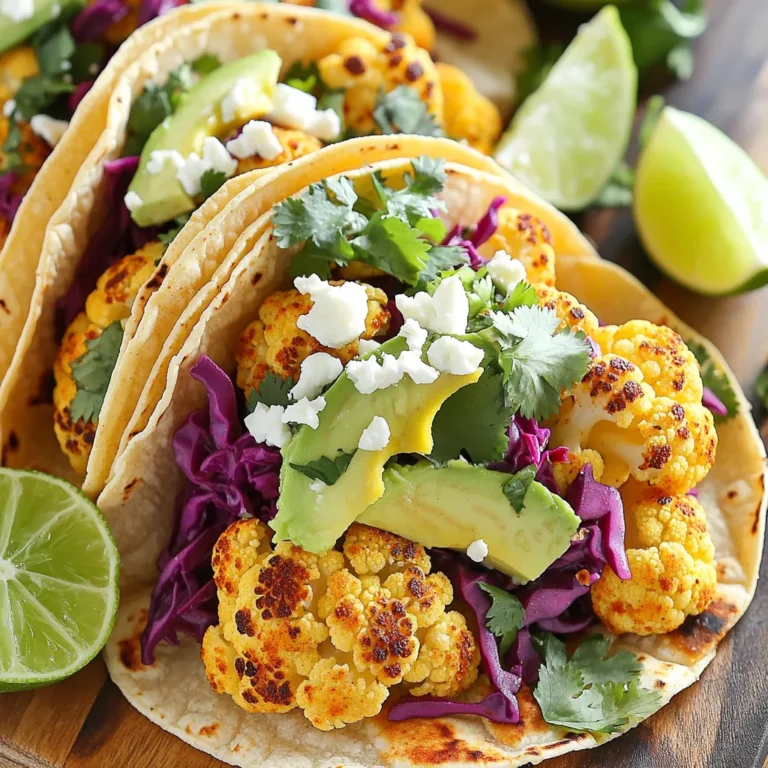 - 1 medium cauliflower head, cut into florets - 2 tablespoons olive oil - 1 teaspoon smoked paprika - 1 teaspoon cumin - 1 teaspoon garlic powder - Salt and pepper to taste - 8 small corn tortillas - 1 cup red cabbage, finely shredded - 1 avocado, sliced - 1/2 cup cilantro, chopped - 1 lime, cut into wedges These main ingredients bring out great flavor. The roasted cauliflower shines with spices like smoked paprika and cumin. The olive oil helps the cauliflower roast nicely, giving it a crisp texture. - 1/4 cup feta cheese (optional) - Hot sauce (optional) You can add feta cheese for a salty bite. Hot sauce brings heat, so add it if you like spice. Feel free to mix and match these to suit your taste. You can serve these tacos with fresh lime wedges. They add a zing that brightens every bite. A side of beans or rice pairs well too. Enjoy your meal with a cool drink to balance the flavors. Start by preheating your oven to 425°F (220°C). While the oven heats, grab a medium cauliflower head. Cut it into small florets. This helps them cook evenly. In a large bowl, add the cauliflower florets. Drizzle in 2 tablespoons of olive oil. Then, add 1 teaspoon each of smoked paprika, cumin, and garlic powder. Sprinkle salt and pepper to taste. Toss everything together until the cauliflower is well coated. Place the coated cauliflower on a baking sheet lined with parchment paper. Spread it out in a single layer. This allows the heat to reach all sides. Roast the cauliflower for 25 to 30 minutes. Stir halfway through the cooking time. You want it to be tender and golden brown. The smell will be amazing! While the cauliflower roasts, heat 8 small corn tortillas in a dry skillet. Warm each side for about 30 seconds. Once the cauliflower is done, take it out to cool slightly. For each taco, place a generous spoonful of roasted cauliflower on a tortilla. Top it with shredded red cabbage and avocado slices. Add chopped cilantro and feta cheese if you like. Finally, squeeze fresh lime juice over the tacos. For some heat, drizzle with hot sauce. Enjoy your delicious roasted cauliflower tacos right away! To roast cauliflower well, start by cutting it into small florets. This helps with even cooking. Toss the florets in olive oil and seasonings. I love using smoked paprika, cumin, and garlic powder. These spices add rich, warm flavors. Make sure each piece is coated well. Spread them on a baking sheet. Leave space between them to help them brown. Roast at 425°F for 25 to 30 minutes. Stir halfway through for even roasting. Your cauliflower should be tender and golden brown when done. When you assemble your tacos, warmth is key. Heat your corn tortillas in a dry skillet. This makes them soft and easy to fold. Start with a scoop of roasted cauliflower in each tortilla. Then, add a layer of red cabbage for crunch. Fresh avocado slices give creaminess. Top with cilantro for freshness. If you like, sprinkle feta cheese on top. Finish with a squeeze of lime juice. Add hot sauce for a kick if you wish. These tacos are great for any meal. Serve them with a side of lime wedges. You can also add a fresh salad or beans. I enjoy pairing them with a light salsa. You can try mango salsa for a sweet twist. For a fun touch, serve with tortilla chips. This meal is colorful and packed with flavor. It's sure to impress your friends and family! {{image_2}} To spice up your roasted cauliflower tacos, add some heat. You can mix in cayenne pepper or chili powder with your seasoning. You can also drizzle hot sauce over the top. This adds a kick that many enjoy. If you like it really spicy, use jalapeños or serrano peppers. These small changes make a big difference in flavor. For a vegan version, skip the feta cheese. Use avocado or cashew cream instead. You can also check your tortillas. Many brands offer gluten-free options made from corn or brown rice. These swaps make the dish friendly for everyone. This way, all can enjoy the tasty tacos without worry. Toppings can change the flavor of your tacos. You can try different salsas. A mango salsa adds sweetness and brightness. For more crunch, add radishes or diced bell peppers. You can also include fresh herbs like mint or basil. Each topping brings its own personality. Feel free to mix and match until you find your favorite! Store leftover tacos in an airtight container. Keep the roasted cauliflower, tortillas, and toppings separate. This keeps them fresh longer. Place the cooked cauliflower in the fridge for up to three days. Store the tortillas at room temperature in a sealed bag. It’s best to eat leftovers within two days for great taste. To reheat the cauliflower, spread it on a baking sheet. Preheat your oven to 350°F (175°C). Heat for about 10-15 minutes until warm. For the tortillas, warm them in a skillet over medium heat. Just a few seconds on each side will do. Avoid using the microwave, as it can make them chewy. You can freeze roasted cauliflower for later use. Let it cool completely before freezing. Place it in a freezer-safe bag or container. Remove as much air as possible. It will stay good for about three months. To use, thaw in the fridge overnight and reheat in the oven or skillet. Yes, you can use other tortillas. Flour tortillas work well, too. Whole wheat or spinach tortillas are great for extra flavor. Each type adds a unique twist to your tacos. Just warm them up before filling. This keeps them soft and tasty. To get crispy roasted cauliflower, follow a few tips. First, use enough olive oil to coat the florets. This helps them brown nicely. Second, spread them out on the baking sheet. Don’t crowd them; give them space to crisp up. Lastly, roast at a high temperature, like 425°F (220°C). Stir them halfway for even cooking. Many side dishes pair well with roasted cauliflower tacos. Consider serving: - Black beans - Rice or quinoa - A fresh salad - Grilled corn - Mango salsa These sides add color and flavor to your meal. They also boost the nutrition of your feast. Roasted cauliflower tacos are simple and tasty. We covered the key ingredients and step-by-step roasting. You learned tips for great flavor and delicious serving ideas. Variations to fit your diet and preferences offer more fun. Store leftovers properly to enjoy later. Experiment with different tortillas and sides. Roasted cauliflower tacos can please everyone. Enjoy creating and sharing this healthy meal!