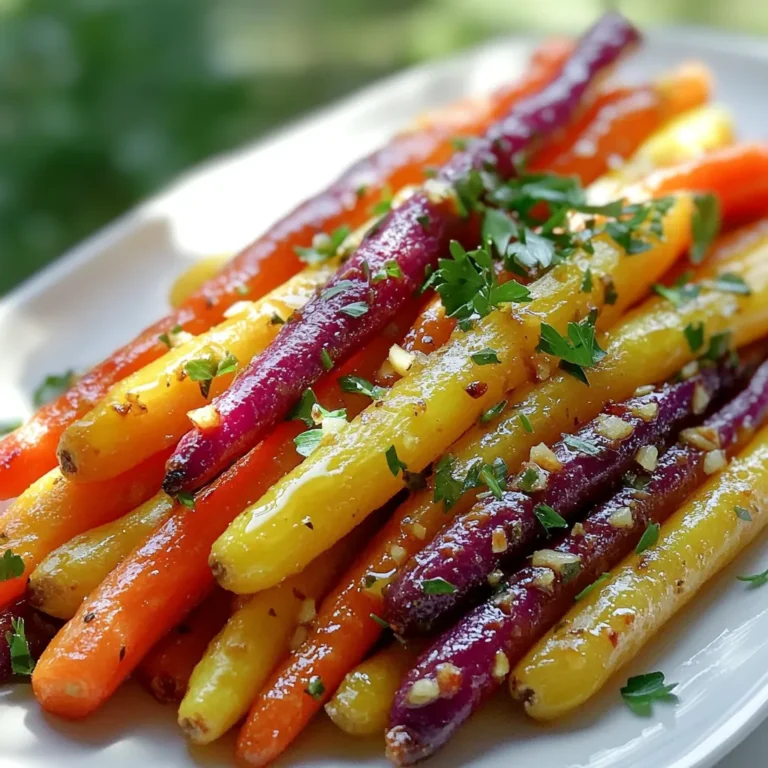 To make Garlic Herb Roasted Rainbow Carrots, you will need simple and fresh ingredients. Here’s what you need: - 1 lb rainbow carrots (mixed colors), peeled and cut into sticks - 3 tablespoons olive oil - 4 cloves garlic, minced - 1 tablespoon fresh thyme leaves - 1 tablespoon fresh rosemary, chopped - 1 teaspoon honey - Salt and pepper to taste - Fresh parsley, chopped (for garnish) These ingredients come together to create a bright, tasty side dish. Rainbow carrots add color and sweetness. The mix of garlic, thyme, and rosemary gives a rich flavor. Olive oil helps to roast the carrots perfectly, while honey adds a touch of sweetness. Don’t forget the fresh parsley for a lovely finish. Each bite is a burst of flavor! First, set your oven to 425°F (220°C). This high heat helps the carrots roast well. In a big bowl, add 3 tablespoons of olive oil. Then, add 4 cloves of minced garlic. Next, toss in 1 tablespoon of fresh thyme leaves and 1 tablespoon of chopped rosemary. Drizzle in 1 teaspoon of honey. Finally, season with salt and pepper. Whisk it all together until mixed. Take 1 pound of rainbow carrots and peel them. Cut them into sticks. Add the carrot sticks to the bowl with the garlic herb mixture. Toss the carrots well, making sure they are coated evenly. Line a baking sheet with parchment paper. Spread the coated carrots out on the sheet in one layer. Roast them in the oven for 20 to 25 minutes. Flip them halfway through. This step helps them cook evenly and become tender. Once the carrots are done, take them out of the oven. Let them cool for a few minutes. Then, transfer them to a serving dish. Sprinkle fresh chopped parsley on top for a nice touch. Enjoy your colorful and tasty side dish! When you pick carrots, look for bright colors. Choose firm carrots without soft spots. Rainbow carrots come in many colors, like orange, purple, and yellow. Each adds a unique taste and look to your dish. Fresh carrots should feel heavy for their size. This means they are juicy and full of flavor. To cook carrots evenly, cut them into uniform sticks. Aim for about 1-inch thick pieces. This helps them roast at the same rate. When you spread the carrots on the baking sheet, make sure they are in a single layer. Overcrowding will steam them instead of roasting. You can play with flavors to make this dish your own. Try adding spices like cumin or paprika for a kick. You can swap herbs too. Basil or oregano work well if you don’t have thyme or rosemary. Drizzle balsamic vinegar over the carrots right before serving for extra zest. A sprinkle of feta cheese can also add a nice touch. {{image_2}} You can spice up the garlic herb roasted rainbow carrots easily. Try adding cumin or paprika for warmth. If you want a kick, add red pepper flakes. For a sweeter touch, cinnamon can pair well with honey. Remember, start with small amounts. Adjust to your taste as you go. Roasting gives the best flavor, but you can try other methods too. Steaming keeps the carrots bright and tender while cooking. You can also grill them for a smoky taste. If you prefer a faster method, sautéing in a pan works great. Just cook them over medium heat until tender. These carrots pair well with many dishes. Serve them alongside grilled chicken or fish for a colorful plate. They also work great with quinoa or rice for a hearty meal. Consider adding them to a salad for extra flavor and crunch. Try mixing in nuts or cheese for a tasty twist. After making Garlic Herb Roasted Rainbow Carrots, let them cool down. Store the carrots in an airtight container. They will stay fresh for up to four days in the fridge. Keep them away from strong-smelling foods. This keeps their great flavor intact. To reheat the carrots, use an oven or a skillet. Preheat the oven to 350°F (175°C). Place the carrots on a baking sheet and cover them with foil. Heat for about 10–15 minutes. If using a skillet, add a touch of olive oil. Heat over medium heat for about 5 minutes, stirring often. You can freeze Garlic Herb Roasted Rainbow Carrots. First, let them cool completely. Place them in a freezer-safe bag or container. Make sure to remove as much air as possible. They can stay good for up to three months. To use, thaw overnight in the fridge. Reheat as directed above. Rainbow carrots are a mix of different colored carrots. You get orange, purple, yellow, and white. They look bright and fun on your plate. The colors show different flavors and nutrients. They offer a sweet taste and a crunchy texture. You can find them at farmers' markets or grocery stores. Yes, you can use other herbs. Dill, basil, or oregano work well too. Each herb brings a new flavor. Just keep the amount similar to the thyme and rosemary in the recipe. Try mixing a few herbs for a unique taste. Be creative and find what you love! Carrots are done when they are fork-tender. You should be able to pierce them easily with a fork. They also need to show some caramelization. This means they should have a nice golden color. If they look brown but are still firm, roast them a bit longer. Garlic Herb Roasted Rainbow Carrots go well with many dishes. Try serving them with grilled chicken or roasted fish. They pair nicely with quinoa or couscous too. You can also add them to a salad for extra color and flavor. Enjoy experimenting with different meals! This blog post covered how to make Garlic Herb Roasted Rainbow Carrots. We explored ingredients, step-by-step instructions, tips, and variations. Roasting these vibrant carrots brings out their sweet flavors. You can mix in different herbs and spices to suit your taste. Remember, you can store leftovers to enjoy later. Cooking can be fun and simple. Let these tips guide you as you create a delicious dish that delights your family and friends. Enjoy your cooking!