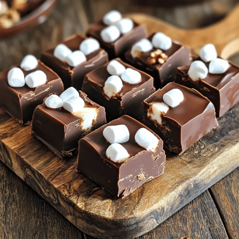 - 2 cups semi-sweet chocolate chips - 1 can (14 oz) sweetened condensed milk - 1 cup mini marshmallows - 1/2 cup unsalted butter - 1 teaspoon vanilla extract - 1/2 cup chopped walnuts (optional) - Pinch of salt To make chocolate marshmallow fudge, you need just a few simple items. The main star is the semi-sweet chocolate chips. These chips melt well and give that rich flavor we love. The sweetened condensed milk adds creaminess and sweetness. It helps bind everything together. Next, we have mini marshmallows. They add a fun texture and sweet bites in each piece. Unsalted butter brings a smooth richness to the fudge. The teaspoon of vanilla extract enhances the flavor, making it more delightful. If you like nuts, add chopped walnuts for a crunchy texture. The pinch of salt balances the sweetness and makes flavors pop. This list is easy to follow and perfect for a fun kitchen project. Enjoy gathering these ingredients and get ready to make something delicious! 1. First, line an 8x8 inch baking dish with parchment paper. Leave some overhang. This helps with easy removal later. 2. Next, in a medium saucepan over low heat, add 2 cups of semi-sweet chocolate chips, 1 can of sweetened condensed milk, and 1/2 cup of unsalted butter. Stir constantly until everything melts and blends smoothly. 3. After melting, remove the saucepan from heat. Stir in 1 teaspoon of vanilla extract and a pinch of salt. Mix until well combined. 1. Now, fold in 1 cup of mini marshmallows and 1/2 cup of chopped walnuts if you want. Make sure these are evenly mixed into the chocolate. 2. Pour the fudge mixture into the prepared baking dish. Use a spatula to spread it evenly. 3. Refrigerate the fudge for at least 2 hours, or until it feels firm to the touch. 1. Once the fudge is set, lift it out of the pan using the parchment overhang. This makes it easy to remove. 2. Cut the fudge into squares for serving. Enjoy your tasty treat! To get the right texture in your fudge, stir constantly. This helps the chocolate melt evenly and blend well with the other ingredients. If you stop stirring, the chocolate may burn or clump. Using the right baking dish size is also key. I recommend an 8x8 inch dish as it makes the fudge thick and creamy. A larger dish will spread it too thin, making it less fudgy. Want to make your fudge even better? Try adding flavor! You can mix in a teaspoon of mint extract or a tablespoon of espresso powder. If you like nuts, walnuts add a great crunch. Adjusting sweetness can also make a big difference. If you prefer less sweet fudge, reduce the amount of sweetened condensed milk. This will help balance the flavor. One mistake many make is overheating chocolate. Always melt it on low heat. If the chocolate gets too hot, it can seize up and ruin your fudge. Another mistake is not refrigerating long enough. You need to chill the fudge for at least two hours. If you cut it too soon, it won’t hold its shape. Be patient and let it set properly before you enjoy! {{image_2}} You can change the taste of your fudge easily. For a fresh twist, try mint chocolate marshmallow fudge. Add a few drops of peppermint extract when you mix in the vanilla. This gives a cool flavor that pairs well with chocolate. Another option is peanut butter chocolate fudge. Just stir in 1 cup of creamy peanut butter after you melt the chocolate. This creates a rich and nutty taste that everyone loves. If you want a vegan version, swap the butter for coconut oil. Use a vegan chocolate chip brand and a plant-based condensed milk. This way, you can enjoy fudge without animal products. For those needing gluten-free options, check your chocolate chips. Most brands are gluten-free. Just ensure all ingredients are safe for your diet. This lets everyone enjoy the treat without worry. You can make seasonal fudge too! For Halloween, add orange food coloring and sprinkle with candy corn. This makes it festive and fun for kids. During the holidays, add spices like cinnamon or nutmeg. You could even mix in dried cranberries for a special touch. These changes make your fudge perfect for parties and gatherings. To keep your fudge fresh, use an airtight container. A glass or plastic container works well. Make sure the fudge is cool before you cover it. This helps prevent moisture buildup. If you stack layers, use parchment paper between them. This keeps pieces from sticking together. Store the fudge in a cool, dry place. It can last up to a week at room temperature. For longer shelf life, keep it in the fridge. Cold storage can help it last up to two weeks. You can freeze chocolate marshmallow fudge for later use. First, cut the fudge into squares. Place them on a baking sheet lined with parchment paper. Freeze the squares for about 2 hours. Once they’re firm, move them to a freezer bag. Squeeze out as much air as you can. This helps keep the fudge fresh. When you want to eat it, take out a piece. Let it thaw in the fridge overnight. Avoid thawing at room temperature to keep the texture smooth. To make chocolate marshmallow fudge, start by mixing chocolate chips, sweetened condensed milk, and butter in a pan over low heat. Stir constantly until it melts and is smooth. Remove it from heat, then add vanilla extract and a pinch of salt. Next, fold in mini marshmallows and walnuts if you want. Pour the mix into a lined baking dish, spread it evenly, and refrigerate for at least 2 hours. Once set, lift it out and cut it into squares. This process is simple, fun, and perfect for sharing! Yes, you can use different types of chocolate! Milk chocolate gives a sweet and creamy taste. Dark chocolate adds a rich, deep flavor. White chocolate creates a sweet and buttery touch. Each type will change the taste of your fudge. You can even mix them for a unique flavor. Just remember to adjust the sweetness based on the chocolate you choose. Chocolate marshmallow fudge lasts about a week at room temperature. Keep it in an airtight container to stay fresh. If you refrigerate it, it can last up to two weeks. Cold fudge is easier to cut into perfect squares. Just be sure to let it sit out for a few minutes before serving, so it softens slightly. This blog post showed you how to make delicious chocolate marshmallow fudge. We covered ingredients, preparation, and tips for the best results. You learned about variations, proper storage, and answers to common questions. Making fudge is fun and allows for tasty creativity. Try different flavors and share with friends. With practice, you’ll create fudge that impresses everyone. Enjoy your sweet treats, and happy cooking!