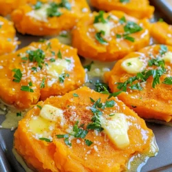 - 4 medium sweet potatoes, peeled and cubed - 4 cloves garlic, minced - ½ cup grated Parmesan cheese - ¼ cup unsalted butter, melted - ½ teaspoon salt - ¼ teaspoon black pepper - ½ teaspoon smoked paprika - Fresh parsley, chopped (for garnish) The beauty of garlic Parmesan smashed sweet potatoes lies in its simple yet rich flavors. Each ingredient plays a vital role. First, we need sweet potatoes. Their natural sweetness shines when cooked. I recommend medium-sized ones for even cooking. Next, garlic adds depth to the dish. Freshly minced garlic gives a fragrant kick. Use four cloves for a bold flavor. Parmesan cheese takes this dish to a new level. The ½ cup adds a salty, nutty taste. It melts beautifully, creating a creamy texture. Unsalted butter keeps the flavor balanced. The ¼ cup we use enhances richness without overwhelming the dish. Salt and pepper are must-haves. A ½ teaspoon of salt and a ¼ teaspoon of black pepper brings everything together. Smoked paprika adds a hint of warmth. The ½ teaspoon gives a subtle smokiness that enhances the overall flavor. Lastly, fresh parsley brightens the dish. Use it as a garnish for a pop of color and freshness. These ingredients combine to make a delightful dish. Each bite will leave you wanting more. - Start by putting the cubed sweet potatoes in a large pot. - Cover them with water, leaving some space to avoid spillover. - Add a pinch of salt to the water. This boosts flavor as the potatoes cook. - Bring the water to a boil over high heat. - Once boiling, reduce the heat to medium and simmer for about 15-20 minutes. - Check doneness by piercing a potato with a fork. It should feel soft and tender. - While the sweet potatoes boil, melt the butter in a small pan over low heat. - Add the minced garlic to the melted butter. - Sauté for about 2-3 minutes until the garlic becomes fragrant. - Avoid browning the garlic, as it can taste bitter. - Set this garlic butter aside while you finish the potatoes. - When the sweet potatoes are tender, drain them in a colander. - Return the drained potatoes to the pot. - Use a potato masher or fork to lightly smash the potatoes. - Leave some chunks for texture; this adds character to the dish. - Pour the garlic butter over the smashed sweet potatoes. - Add the grated Parmesan cheese, smoked paprika, salt, and black pepper. - Mix gently until everything is well combined and creamy. - Taste as you go, adjusting seasonings for your preference. - Transfer the smashed sweet potatoes to a serving dish. - For added richness, drizzle a bit more melted butter on top. - Garnish with chopped parsley for a fresh pop of color. - These sweet potatoes pair well with grilled meats or a light salad. To pick the best sweet potatoes, look for firm ones with smooth skin. Avoid any with soft spots or blemishes. Choose medium-sized potatoes for a good balance of flavor and texture. Organic sweet potatoes often taste better and have fewer chemicals. If you want the best flavor, go for organic when possible. You can boost the flavor of your smashed sweet potatoes with extra spices. Consider adding a pinch of cayenne for heat or some rosemary for earthiness. Fresh herbs like thyme or chives also work well. For a meal, pair these sweet potatoes with grilled chicken or roasted vegetables. Their sweet taste contrasts nicely with savory dishes. You can cook sweet potatoes in different ways. Boiling gives a soft texture, while oven-roasting adds a bit of crispiness. To oven-roast, cut the sweet potatoes into wedges, toss with olive oil, and bake until golden. If you want a crispy version, try cooking them in an air fryer. This method gives you a nice crunch while keeping the inside soft. {{image_2}} You can change the cheese for more flavor. Try cheddar for a sharper taste. Feta adds a nice tang. For a creamy touch, use goat cheese. Mix in herbs like basil or thyme with the cheese. This adds freshness and more depth to your dish. To make this dish vegan, swap butter with olive oil or vegan butter. For cheese, use nutritional yeast for a cheesy flavor. You can also add cashew cream for creaminess. To boost flavor, mix in roasted garlic or sun-dried tomatoes. You can cook sweet potatoes in an Instant Pot for quick prep. Just add water and pressure cook for 8-10 minutes. For a crispy texture, use an air fryer. Cook at 400°F for about 15 minutes. This gives a nice crunch while keeping the inside soft. Store your leftover smashed sweet potatoes in an airtight container. This keeps them fresh and safe. They last about 3 to 5 days in the fridge. Make sure the potatoes are cooled down before sealing them. This helps prevent moisture build-up. You can freeze smashed sweet potatoes for longer storage. Use a freezer-safe container or bag. Try to remove as much air as possible. They can stay good for about 2 to 3 months. When you're ready to eat, thaw them in the fridge overnight. You can reheat your sweet potatoes in the microwave or oven. For the microwave, heat in 30-second bursts. Stir between each round to keep them even. If you use the oven, preheat to 350°F. Bake for about 15 minutes, covered with foil to keep them moist. Both methods work well, but the oven keeps the texture nice. Always check to make sure they are hot all the way through before serving. Yes, you can use regular potatoes. They will have a different taste and texture. Regular potatoes are starchier and less sweet. If you use them, the cooking time may also change. Check for doneness by piercing them with a fork. Sweet potatoes are cooked when they are tender. You can test them by piercing with a fork. If the fork goes in easily, they are ready. This usually takes about 15 to 20 minutes of boiling. You can use many herbs for garnish. Fresh chives, thyme, or rosemary all work well. They add nice color and flavor. Feel free to mix and match based on what you like. You can prepare sweet potatoes in advance. Boil and smash them, then store in the fridge. Reheat them when ready to serve. Add a bit of extra butter before serving for flavor. Yes, this recipe is gluten-free. All the ingredients are safe for gluten-free diets. Just make sure to check for cross-contamination if you are sensitive. Enjoy your garlic Parmesan smashed sweet potatoes worry-free! This post covers a tasty sweet potato dish from start to finish. You learned the main ingredients, step-by-step instructions, and useful tips. Remember, the choice of sweet potatoes affects flavor, and you can try different cheeses or diets, like vegan. Storing and reheating properly keeps your dish fresh. Enjoy this recipe, and don't be afraid to get creative. Cooking should be fun and rewarding. Happy mashing!