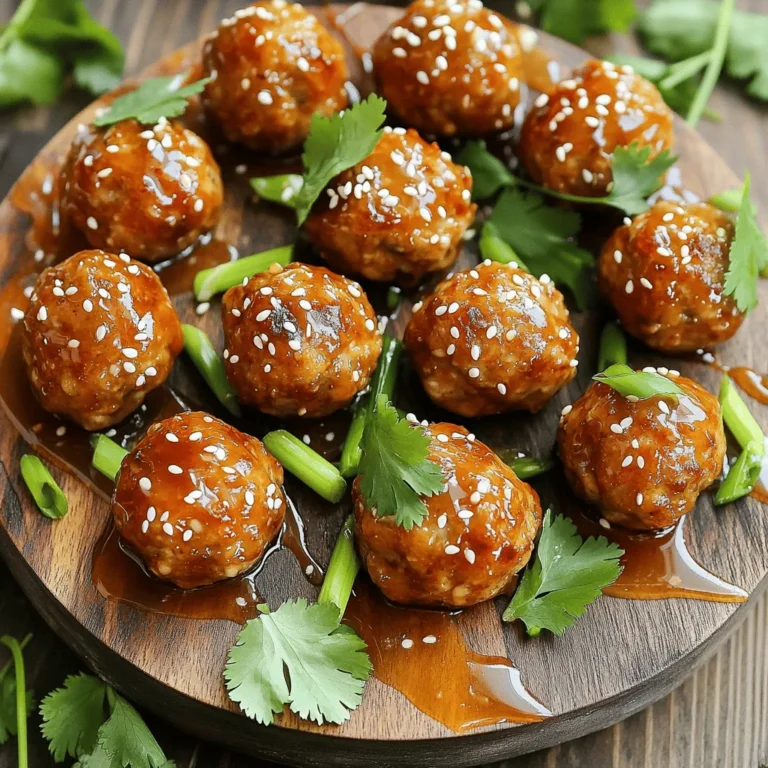 - 1 lb ground turkey - 1/4 cup breadcrumbs - 1/4 cup green onions, finely chopped - 2 cloves garlic, minced - 2 tablespoons fresh ginger, grated These main ingredients form the heart of our sticky ginger soy turkey meatballs. Ground turkey is lean and takes on flavors well. Breadcrumbs help bind the meatballs, making them tender. Green onions add a mild onion taste, while garlic gives a warm flavor. Fresh ginger brings a bright and zesty kick that makes these meatballs stand out. - 2 tablespoons soy sauce (low sodium) - 1 tablespoon sesame oil - 1 tablespoon honey - 1 teaspoon Sriracha (adjust to taste) This sauce infuses the meatballs with rich flavor. Low-sodium soy sauce keeps it savory without too much salt. Sesame oil adds a nutty depth. Honey gives a touch of sweetness, balancing the saltiness. Sriracha adds heat, and you can adjust it based on your spice level. - 1 large egg, beaten - Salt and pepper to taste - Sesame seeds, for garnish - Fresh cilantro, for garnish The egg acts as a binder, ensuring the meatballs hold their shape. Salt and pepper enhance the flavors. Sesame seeds add a crunchy texture, while fresh cilantro brings a pop of color and freshness to the dish. These garnishes make your meatballs not just tasty but also visually appealing. - In a large mixing bowl, combine the ground turkey, breadcrumbs, green onions, minced garlic, and grated ginger. - Add the soy sauce, sesame oil, honey, Sriracha, beaten egg, salt, and pepper. - Mix all these ingredients well. Use your hands for the best results. - Preheat your oven to 400°F (200°C). This step is important for even cooking. - Use your hands to shape the mixture into small meatballs. Aim for about 1 inch in diameter. - Place the meatballs on a baking sheet lined with parchment paper. - Bake the meatballs in the preheated oven for 20-25 minutes. They should be golden-brown and cooked through. - For the glaze, gather the remaining soy sauce, honey, and a bit more ginger and garlic. - In a small saucepan, mix these ingredients. - Heat gently until combined. Allow it to thicken slightly. - Once the meatballs are done, either brush them with the glaze or toss them in the sauce. - Garnish with sesame seeds and freshly chopped cilantro before serving. - Ensuring even cooking: To cook meatballs evenly, make sure they are all the same size. I like to roll them about one inch in diameter. This helps them cook at the same rate. Also, give them space on the baking sheet so heat can circulate. - Avoiding dry meatballs: To keep meatballs moist, mix ground turkey with breadcrumbs and egg. The egg acts as a binder and keeps the meatballs juicy. Also, don't overbake them. Check for doneness after 20 minutes. They should be golden brown but not dry. - Presentation ideas: Serve your meatballs on a colorful platter. Use toothpicks for easy eating. Drizzle the ginger soy glaze around the meatballs for a lovely touch. Sprinkle sesame seeds and fresh cilantro on top for a pop of color. - Ideal side dishes: Sticky ginger soy turkey meatballs pair well with steamed rice or quinoa. For a fresh crunch, serve them with a cucumber salad. You can also add some stir-fried veggies for balance. - Gluten-free options: To make these meatballs gluten-free, swap regular breadcrumbs for gluten-free ones. This keeps the meatballs just as tasty without the gluten. - Low-carb variations: For a low-carb option, replace breadcrumbs with almond flour. This will cut the carbs while keeping the meatballs flavorful and moist. {{image_2}} You can easily swap the ground turkey for other proteins. Chicken or beef work well too. Each offers a different taste and texture. If you prefer a plant-based option, try using lentils or chickpeas. These can create a hearty vegan meatball. Just mash the legumes and mix with the other ingredients. Want to kick up the taste? Add spices or herbs to the meatball mix. Try using cumin, cilantro, or even a pinch of five-spice powder. Each brings a unique twist. You can also explore different sauces. Instead of the ginger soy glaze, use teriyaki or sweet chili sauce. These can add extra layers of flavor. Baking is great, but don’t limit yourself. You can pan-fry the meatballs for a crispier exterior. Heat a little oil in a skillet and cook them until golden brown. Grilling is another fun method. It adds smoky flavor that pairs well with the ginger and soy. Just be sure to keep an eye on them, as they can cook quickly. To store your leftovers, let the meatballs cool first. Place them in an airtight container. This helps keep them fresh. You can store them in the fridge for about 3 to 4 days. Make sure to check for any signs of spoilage before eating. To freeze these meatballs, first, let them cool completely. Then, arrange them in a single layer on a baking sheet. Freeze them until solid, about 1 to 2 hours. After that, transfer them to a freezer-safe bag. They stay good for up to 3 months. For best results, label the bag with the date. To thaw meatballs, move them from the freezer to the fridge. Let them thaw overnight. If you need them quicker, you can use the microwave. Just be careful not to cook them while thawing. When reheating, keep the meatballs juicy by adding a splash of water or broth. You can reheat them in the oven at 350°F (175°C) for about 15 minutes. A microwave is also an option; heat in short bursts to avoid drying them out. Another method is to warm them in a skillet over low heat. This keeps them moist and tasty. You have many tasty options for side dishes. Here are a few: - Steamed rice or jasmine rice - Quinoa or brown rice - Stir-fried vegetables - Asian slaw or cucumber salad - Noodles with soy sauce or sesame oil For dipping sauces, I recommend: - Extra soy sauce mixed with a splash of lime - Sweet chili sauce for a hint of sweetness - A spicy Sriracha mayo for a creamy kick Yes, you can prepare these meatballs ahead of time. Here’s how: - Mix the ingredients and form the meatballs. - Place them on a baking sheet and freeze them for about an hour. - Once frozen, pack them into a container or a freezer bag. You can store them in the fridge for up to 3 days or in the freezer for up to 3 months. When ready to cook, bake from frozen or thaw in the fridge overnight. To add some heat to your meatballs, you can adjust the Sriracha levels: - Start with 1 teaspoon, then taste the mix. - Add more Sriracha if you like extra spice. You can also include other spicy ingredients: - Add red pepper flakes for a kick. - Mix in finely chopped jalapeños. - Use spicy sesame oil instead of regular sesame oil. These tweaks can elevate the flavor and give you that spicy touch you crave! In this article, we explored how to make sticky ginger soy turkey meatballs. We covered key ingredients, like ground turkey and fresh ginger, along with the easy steps to prepare and cook them. I shared tips for cooking, serving, and even making variations to suit your taste. Remember, these meatballs are simple to store and reheat. Enjoy them with your favorite sides, or even as a spicy snack. With these insights, you can create a flavorful dish that is sure to impress.
