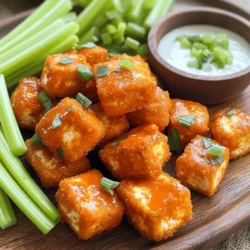 - 1 block of firm tofu, pressed and drained - 1 cup all-purpose flour - 1 tablespoon garlic powder - 1 teaspoon paprika - 1 teaspoon cayenne pepper - 1/2 teaspoon salt - 1/2 teaspoon black pepper - 1/2 cup unsweetened almond milk - 1 cup breadcrumbs (panko for extra crisp) - 2 tablespoons olive oil - 1/2 cup buffalo sauce To make crispy baked buffalo tofu nuggets, you need simple ingredients. Start with firm tofu. This tofu holds its shape and gives you the best texture. You'll also need all-purpose flour for coating. Next, gather your seasonings. Garlic powder adds a great flavor. Paprika gives a nice color. Cayenne pepper brings the heat, while salt and black pepper enhance all the tastes. For the coating, unsweetened almond milk keeps it plant-based. Panko breadcrumbs are key for extra crunch. Olive oil helps everything crisp up nicely in the oven. Lastly, buffalo sauce gives those nuggets their famous kick. These ingredients make a tasty and easy plant-based snack. You can enjoy them as a fun appetizer or a quick meal. 1. Preheat oven and prepare baking sheet: First, set your oven to 425°F (220°C). Line a baking sheet with parchment paper. This helps the nuggets not stick. 2. Cut the tofu into bite-sized cubes: Take your firm tofu block and press it to remove excess water. Then, slice it into small cubes. Aim for pieces about one inch. 1. Mix seasoned flour ingredients: In a bowl, combine 1 cup of all-purpose flour with 1 tablespoon of garlic powder, 1 teaspoon of paprika, 1 teaspoon of cayenne pepper, 1/2 teaspoon of salt, and 1/2 teaspoon of black pepper. Stir well for an even mix. 2. Set up almond milk and breadcrumb stations: In another bowl, pour 1/2 cup of unsweetened almond milk. In a third bowl, place 1 cup of breadcrumbs. I recommend using panko for an extra crispy finish. 3. Coat the tofu nuggets in the flour, almond milk, and breadcrumbs: Take each tofu nugget. First, dip it into the flour mix. Then, coat it in almond milk. Finally, roll it in breadcrumbs. Press the breadcrumbs on firmly for a better hold. 1. Arrange nuggets on the baking sheet: Place the coated tofu nuggets on your prepared baking sheet. Ensure they have space between them. This helps them crisp up nicely. 2. Bake and flip for optimal crispiness: Bake your nuggets in the oven for 20-25 minutes. Halfway through, flip them to ensure they cook evenly. Look for a golden brown color for the best crunch. To get the best texture, always use firm tofu. Firm tofu holds its shape better during cooking. It gives you that nice bite when you eat it. Pressing and draining the tofu is also key. This step removes excess water. Less water means crispier nuggets. Wrap the tofu in a clean cloth and place a weight on top for about 15 minutes. This helps a lot! You can boost the flavor of your nuggets with extra spices. Try adding onion powder or dried herbs. You can also make your own buffalo sauce. Combine hot sauce, vegan butter, and a splash of vinegar. This gives you control over the heat and tang. Adjust it to your taste! Get creative with how you serve these nuggets. Pair them with dips like ranch or blue cheese. You can also add some fresh veggies like celery sticks or carrot sticks on the side. If you want a full meal, serve them with a salad or rice. This makes a tasty and satisfying feast! {{image_2}} You can easily make these crispy baked buffalo tofu nuggets gluten-free. Just swap the all-purpose flour for a gluten-free flour blend. Make sure it works for frying, like rice or almond flour. For the breadcrumbs, use gluten-free panko or crushed rice cereal. This way, you keep the crunch without gluten. You can change the flavor of your tofu nuggets with different sauces. Try BBQ sauce or sweet chili sauce for a new taste. You can also add herbs or spices to the flour mix. Think of using oregano, thyme, or even a bit of cumin. These small tweaks will take your nuggets to a whole new level! If you want to cook faster, try air frying instead of baking. Set your air fryer to 400°F (200°C) and cook for about 15 minutes. Shake the basket halfway through for even cooking. You can also grill these nuggets. Just place them on a grill for a nice char. Brush them with olive oil to keep them moist. Both methods give you tasty options for crispy tofu nuggets! To store leftover crispy baked buffalo tofu nuggets, place them in an airtight container. Keep them in your refrigerator. They stay fresh for up to three days. Make sure the nuggets cool down before sealing the container. This helps prevent sogginess. To reheat your tofu nuggets while keeping them crispy, use the oven. Preheat your oven to 350°F (175°C). Place the nuggets on a baking sheet. Bake for about 10-15 minutes. This method helps restore their crunch. You can also use an air fryer for 5-7 minutes at 350°F (175°C). If you want to freeze the nuggets before baking, follow these steps. First, coat the tofu as usual but do not bake. Arrange the coated nuggets on a baking sheet lined with parchment paper. Freeze them for 1-2 hours until firm. Once frozen, transfer them to a freezer bag. They can be stored for up to three months. When ready to cook, bake them straight from the freezer for 25-30 minutes. Yes, you can use extra-firm tofu. It has a denser texture, which holds up well. To handle it, start by pressing it. This removes excess water. Wrap the tofu in a clean towel and place a weight on top. Let it sit for about 15-20 minutes. After pressing, cut it into nuggets just like with firm tofu. This method helps ensure your nuggets stay crispy. Yes, these crispy tofu nuggets are perfect for meal prep. You can make a big batch ahead of time. Store them in an airtight container in the fridge. To keep them crispy, reheat in the oven. Preheat the oven to 375°F (190°C) and bake for about 10-15 minutes. This way, they stay crunchy and tasty. You can serve these nuggets with many tasty sides. Here are some ideas: - Celery sticks for crunch - Carrot sticks for sweetness - A small bowl of ranch or blue cheese dressing for dipping - A fresh salad for balance These sides complement the spicy flavor of the buffalo sauce well. To make this recipe nut-free, use a different milk. Soy milk or oat milk works well. Both have a similar texture to almond milk. If you need to substitute for breadcrumbs, use crushed cornflakes or gluten-free breadcrumbs. This keeps the recipe safe for those with nut allergies. These crispy buffalo tofu nuggets are fun and easy to make. You need firm tofu, simple seasonings, and breadcrumbs. Coat the tofu well, bake until crisp, and enjoy! Remember to try different sauces or cooking methods for variety. Store leftovers properly to keep them tasty. This recipe suits meal prep and many diets. Explore your options and don't hesitate to add your twist. Enjoy your cooking and the deliciousness of each bite!