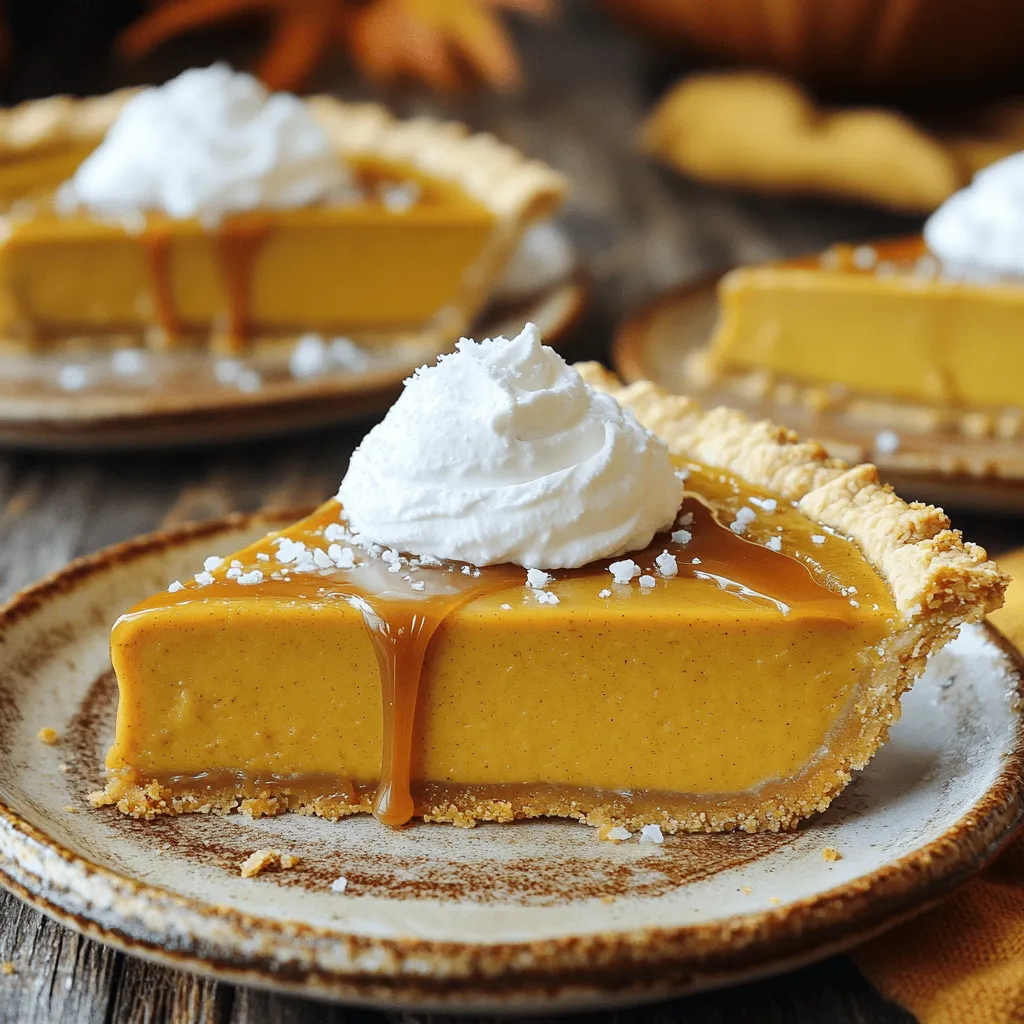 To make the No-Bake Salted Caramel Pumpkin Pie, you need the following items: - 1 ½ cups graham cracker crumbs - ½ cup unsalted butter, melted - 1 can (15 oz) pumpkin puree - 1 cup cream cheese, softened - 1 cup powdered sugar - 1 teaspoon vanilla extract - 1 teaspoon pumpkin pie spice - 1 teaspoon sea salt - ½ cup salted caramel sauce (store-bought or homemade) - Whipped cream, for topping - Additional sea salt flakes for garnish Gather all these ingredients to start your pie. The graham cracker crumbs form the base, while the pumpkin puree gives it that rich flavor. Cream cheese adds creaminess, and the salted caramel sauce makes each bite sweet and salty. Make sure to have whipped cream ready for a lovely topping! - Combine 1 ½ cups graham cracker crumbs and ½ cup melted unsalted butter in a bowl. - Mix until all crumbs are coated. - Press the mixture firmly into a 9-inch pie dish. - Place the crust in the fridge to set for about 20 minutes. - In a separate bowl, beat 1 cup of softened cream cheese until smooth. - Gradually add 1 cup of powdered sugar, mixing until well combined. - Pour in 1 can (15 oz) pumpkin puree, 1 teaspoon vanilla extract, 1 teaspoon pumpkin pie spice, and 1 teaspoon sea salt. - Mix on medium speed until everything is creamy and well-blended. - Remove the crust from the fridge. - Drizzle ½ cup of salted caramel sauce over the bottom of the crust. - Spoon the pumpkin filling into the crust over the caramel layer. - Gently spread it out to ensure an even layer. - Cover the pie with plastic wrap. - Refrigerate for at least 4 hours, or until firm. - Before serving, top with whipped cream. - Drizzle more salted caramel sauce on top and sprinkle with sea salt. - Use fresh crumbs for the best texture. Fresh crumbs give the crust a nice crunch. - Firmly press the crust for stability. This step helps hold the pie together when sliced. - Best served fresh but can be stored in the fridge. The flavors improve after a day. - Cover the pie with plastic wrap before refrigerating. This keeps it fresh and prevents drying. - Pair with coffee or spiced tea. The rich flavors balance nicely with warm drinks. - Use seasonal garnishes for a festive touch. Think whipped cream, cinnamon, or fall spices. {{image_2}} You can easily change the taste of your pie. Adding layers of chocolate makes it extra special. Just melt some chocolate and pour it over the crust before adding the pumpkin filling. You can also swap cream cheese for mascarpone. Mascarpone gives a rich, creamy taste that blends well with pumpkin. If you need a gluten-free pie, use gluten-free graham crackers. They work just as well as regular ones. For sweetness, replace regular sugar with a sugar alternative. This keeps the taste yummy without adding extra sugar. Toppings can change how your pie looks and tastes. Try using different nuts for some crunch. Chopped pecans or walnuts add a nice texture. You can also play with flavored whipped creams. Vanilla, cinnamon, or even maple whipped cream can be fun to try. To keep your pie fresh, store leftovers in an airtight container in the refrigerator. This will help maintain the pie's creamy texture and rich flavor. You can enjoy the pie for up to 3 days after making it. Just remember to cover it well to prevent any odors from seeping in. You can freeze the pie either before or after chilling. If you freeze it before chilling, wrap it tightly in plastic wrap and then aluminum foil. To freeze it after chilling, let it sit in the fridge for at least 4 hours first. When you're ready to serve, thaw the pie in the fridge overnight. This helps it retain its texture. After thawing, add whipped cream and caramel before serving to make it look fresh and inviting. Yes, it can be made a day in advance. This allows the flavors to blend nicely. Just wrap it well in plastic wrap and store it in the fridge. You can use homemade caramel sauce or chocolate sauce as alternatives. Both add a sweet touch. If you want a twist, try a fruit sauce too. Yes, chilling allows the pie to set properly for the best texture. A well-chilled pie makes each slice firm and easy to serve. It also enhances the flavors. Yes, but be sure to cook and puree it correctly before adding. Fresh pumpkin gives a vibrant taste. Just roast or steam it until soft, then blend it smooth. This blog post shared how to make a delicious pumpkin pie with caramel. We explored easy steps to create the crust and filling. I provided tips for perfecting your pie, including storage advice. Different variations allow you to customize flavor and dietary needs. Enjoy making this treat as you celebrate fall flavors with family and friends. You’ll love how simple it is to impress everyone at your next gathering. Happy baking!