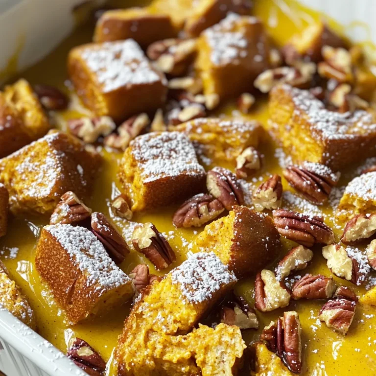 To make Pumpkin Spice French Toast Casserole, gather these items: - 8 slices of stale French bread, cubed - 1 can (15 oz) of pure pumpkin puree - 4 large eggs - 2 cups milk (or almond milk) - 1/2 cup brown sugar, packed - 1 tablespoon vanilla extract - 2 teaspoons pumpkin pie spice - 1 teaspoon cinnamon - 1/4 teaspoon nutmeg - Pinch of salt - 1/2 cup chopped pecans or walnuts (optional) - Maple syrup for serving You can make this dish even better with some add-ins. Here are a few ideas: - Dried cranberries or raisins for a sweet touch. - Chocolate chips for a rich flavor. - Fresh apples for extra crunch. Not all ingredients are a must. Here are some easy swaps: - Use sourdough or challah bread instead of French bread for a different taste. - Swap almond milk for oat milk or regular milk. - Replace brown sugar with maple syrup or coconut sugar for a new flavor profile. These tips will help you customize your casserole. Enjoy making your cozy fall dish! First, we need to prep our dish. Preheat your oven to 350°F (175°C). Grab a 9x13 inch baking dish and grease it with butter or cooking spray. This step helps your casserole not stick. In a large bowl, whisk together the pumpkin puree, eggs, milk, brown sugar, vanilla extract, pumpkin pie spice, cinnamon, nutmeg, and salt. Whisk until smooth and creamy. This mixture gives the casserole its rich flavor. Now, take your stale French bread and cut it into cubes. Spread these cubes evenly in the greased baking dish. Pour the pumpkin mixture over the bread. Make sure every piece of bread gets soaked. Gently press down on the bread with a spatula. This helps it absorb all that yummy flavor. If you like nuts, sprinkle some chopped pecans or walnuts on top. They add a nice crunch. Cover the dish with foil. Let it sit for about 20 to 30 minutes. If you want even better taste, refrigerate it overnight. After letting it sit, remove the foil. Place the baking dish in the preheated oven. Bake for 35 to 40 minutes. You want the custard to be set and the top to be golden brown. Once it’s done baking, take it out of the oven. Let it cool slightly before serving. This helps it firm up a bit. Serve your Pumpkin Spice French Toast Casserole warm. Drizzle with maple syrup and dust with powdered sugar. You can add extra chopped nuts or a dollop of whipped cream if you like. Enjoy this cozy fall dish as a sweet treat! To get a great texture, use stale bread. Fresh bread can become too mushy. Cut the bread into cubes about one inch big. This helps it soak up the pumpkin mix without falling apart. Let your casserole sit for 20-30 minutes before baking. For best results, let it chill overnight in the fridge. This will help all the flavors blend well. To boost the flavor, use fresh spices. Instead of store-bought pumpkin pie spice, mix your own. Combine cinnamon, nutmeg, and ginger for a fresh taste. You can also add a splash of maple syrup into the pumpkin mix. For extra richness, try using half-and-half instead of milk. If you want crunch, sprinkle the nuts on top before baking. Serve your casserole warm for the best taste. Drizzle it with maple syrup right before serving. You can add powdered sugar on top for a sweet touch. For a little extra fun, add whipped cream or even ice cream. This dish pairs well with coffee or spiced tea. {{image_2}} You can use many types of bread for this casserole. Each type brings its own flavor and texture. Here are some great choices: - Challah: This bread is soft and slightly sweet. It soaks up the custard well. - Brioche: Rich and buttery, brioche adds a nice flavor. It makes the dish feel fancy. - Sourdough: For a tangy twist, try sourdough. It contrasts nicely with the sweet pumpkin. - Whole Wheat: This option adds a nutty taste. Plus, it adds more fiber to your meal. Want to make it even more fun? Here are some flavor twist ideas: - Chocolate Chips: Add a half cup of dark chocolate chips. They melt and add sweetness. - Fruit: Toss in some sliced apples or pears. They bring freshness and a fruity taste. - Nut Butters: Swirl in almond or peanut butter. It adds creaminess and a rich nutty flavor. - Spices: Experiment with cardamom or ginger. They add warmth and depth to the taste. You can still enjoy this dish if you need gluten-free or dairy-free options. Here’s how: - Gluten-Free Bread: Use your favorite gluten-free bread. Many brands work well in casseroles. - Plant-Based Milk: Swap regular milk with almond milk or oat milk. They work great in the custard. - Egg Replacer: Use flax eggs or a commercial egg replacer for a dairy-free dish. - Coconut Cream: For a rich taste, try coconut cream instead of dairy cream. It adds a nice flavor. These variations allow you to customize the casserole to your taste. Enjoy the cozy flavors of fall in every bite! After enjoying this cozy casserole, store any leftovers in an airtight container. You can keep it in the fridge for up to three days. Make sure to let it cool to room temperature before sealing it up. This helps keep it fresh and tasty. To reheat, simply take a slice or two and place them on a microwave-safe plate. Heat for 30 seconds to 1 minute. If you prefer the oven, preheat it to 350°F (175°C). Place the casserole in an oven-safe dish, cover it with foil, and warm it for about 10-15 minutes. This keeps the edges from getting too crunchy. If you want to save some for later, freezing works great! Cut the casserole into portions. Wrap each piece tightly in plastic wrap and then in foil. You can freeze it for up to three months. When you’re ready to enjoy it, thaw it overnight in the fridge before reheating. This way, it retains all its flavors and moisture. Yes, you can make this casserole the night before. After you prepare it, cover it with foil. Refrigerate it overnight. This helps the bread soak up the pumpkin mixture better. The next day, just bake it as you normally would. You can tell when the casserole is done by looking for a golden top. The custard should be set, not runny. A knife should come out clean when you insert it in the center. If it jiggles too much, give it a few extra minutes in the oven. This casserole pairs well with many sides. Try serving it with fresh fruit, like berries or bananas. A drizzle of maple syrup adds sweetness. You can also add whipped cream on top for a rich treat. Chopped nuts give a nice crunch, too. This blog post covered everything you need for a great casserole. We talked about key ingredients and fun add-ins. You learned about cooking steps, tips for perfect texture, and flavor boosts. We explored tasty variations and best storage methods. Lastly, I answered some common questions to clear up any worries. With these insights, you can make a fantastic Pumpkin Spice French Toast Casserole. Enjoy every bite and share it with friends!