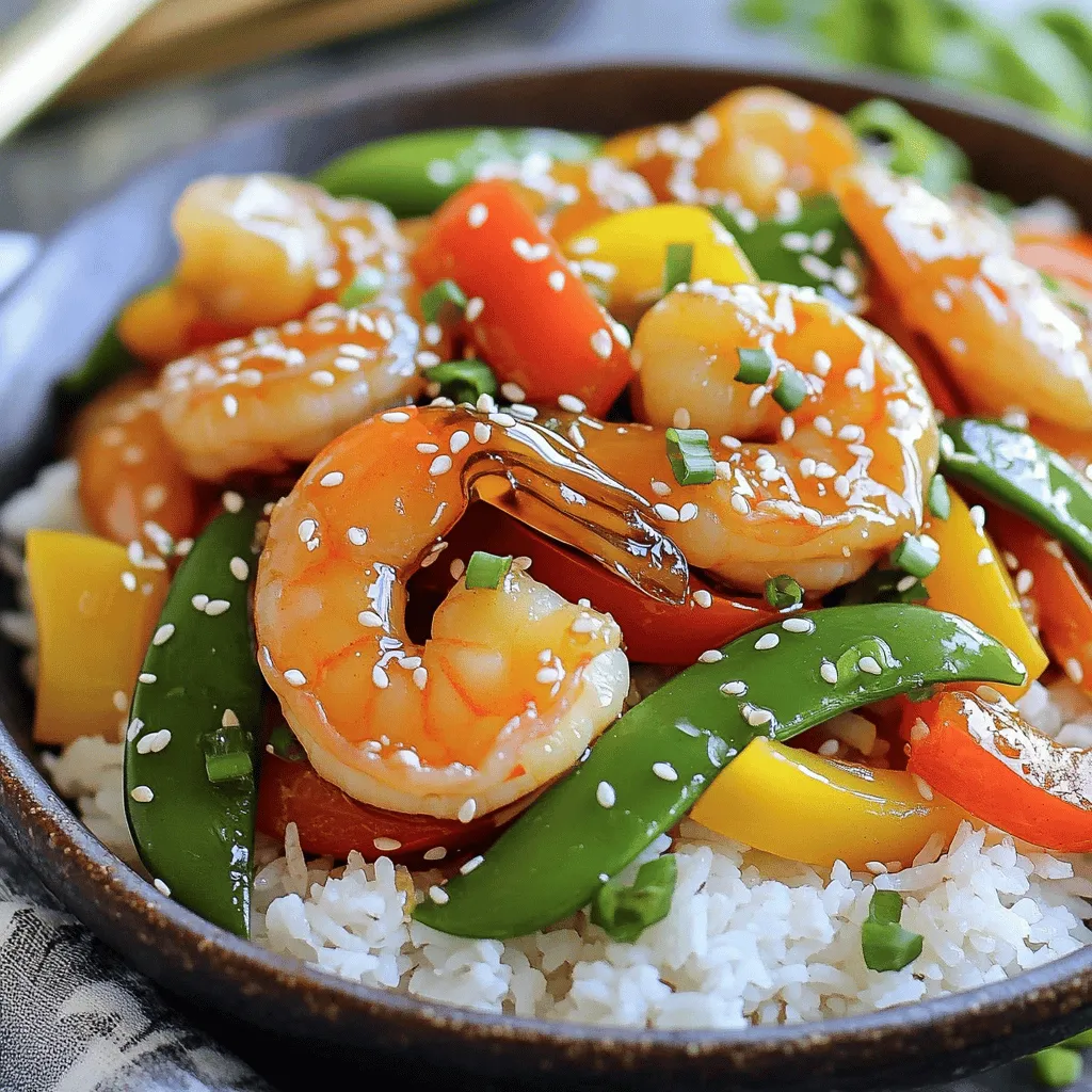 To make Honey Garlic Shrimp Stir Fry, you need fresh and tasty ingredients. Here's a simple list: - 1 lb large shrimp, peeled and deveined - 2 tablespoons honey - 4 cloves garlic, minced - 1 tablespoon ginger, minced - 2 cups mixed bell peppers (red, yellow, green), sliced - 1 cup snap peas - 3 tablespoons soy sauce - 1 tablespoon sesame oil - 1 tablespoon olive oil - 1 teaspoon red pepper flakes (optional) - Salt and pepper to taste - Cooked rice or noodles for serving - Sesame seeds and green onions for garnish These ingredients blend well together. The shrimp gives protein, while honey adds sweetness. Garlic and ginger bring bold flavors. Bell peppers and snap peas add crunch and color. Soy sauce and sesame oil enhance the dish, making each bite satisfying. You can adjust the spice level with red pepper flakes. Remember to garnish with sesame seeds and green onions for a nice touch! To start, take a bowl and add the shrimp. Pour in 2 tablespoons of honey. Then, add 4 cloves of minced garlic and 1 tablespoon of minced ginger. Next, mix in 3 tablespoons of soy sauce. Don’t forget to add a pinch of salt and pepper. This mix makes the shrimp tasty. Let the shrimp sit for 15-20 minutes. This helps the shrimp soak up all those great flavors. Now, it’s time to cook the shrimp. Grab a large skillet or wok. Heat 1 tablespoon of olive oil over medium-high heat. Once the oil is hot, add the marinated shrimp in one layer. Cook them for about 2-3 minutes on each side. You want them to turn pink and opaque. Once done, remove the shrimp from the pan and set them aside. In the same skillet, add your sliced bell peppers and snap peas. These veggies add color and crunch. Stir-fry them for about 3-4 minutes. You want them to soften a bit but still be crisp. This step keeps your dish bright and fresh. Now, it’s time to bring everything together. Add the shrimp back to the skillet. If you like some heat, sprinkle in 1 teaspoon of red pepper flakes. Stir everything well and cook for an additional 2 minutes. This helps mix the flavors, making each bite delicious. Taste your dish and adjust salt or pepper if needed. Serve it over cooked rice or noodles. Garnish with sesame seeds and sliced green onions for a perfect finish. To marinate the shrimp well, I recommend using a glass or ceramic bowl. The honey, garlic, and ginger create a nice blend of flavors. Mix the shrimp with these ingredients and let it sit for 15-20 minutes. This helps the shrimp absorb the flavor deeply. Avoid marinating too long, or the shrimp might become tough. For a great stir fry, heat is key. I use a large skillet or wok on medium-high heat. The oil should shimmer before adding the shrimp. Cook the shrimp for 2-3 minutes on each side until they turn pink. This quick cooking keeps them juicy. When stir-frying veggies, aim for a slight crunch. Cook them for about 3-4 minutes. This brings out their bright colors and fresh taste. If you like heat, add red pepper flakes. Start with a small amount, like 1/2 teaspoon. You can always add more if you want it spicier. If you prefer less heat, skip the flakes. You can also use sweet peppers to balance the spice. Taste as you go, and adjust the seasoning with salt and pepper to fit your taste. {{image_2}} You can change up the veggies in this dish. Try broccoli, carrots, or snap peas. These add more color and crunch. You can also use zucchini or mushrooms for a unique taste. Mix and match your favorites to make this dish your own. Keep cooking time in mind. Some veggies cook faster than others. Add them to the pan based on their cooking times. Don’t have shrimp? No problem! You can use chicken, beef, or tofu instead. Chicken breast works well and cooks quickly. Beef strips add a hearty touch. Tofu is a great plant-based option for a healthy meal. Just make sure to adjust cooking times for each protein. For chicken or beef, cook until fully done. Tofu needs only a few minutes to brown. Want to kick it up a notch? Add more red pepper flakes for heat. You can also try a spicy sauce like sriracha. If you prefer it sweeter, increase the honey. A splash of orange juice can add a nice twist too! Experiment with flavors to find your perfect balance. To store your honey garlic shrimp stir fry, let it cool down. Once cool, place it in an airtight container. Make sure to use the container within three days for the best taste. If you want to keep it longer, freezing is a good option. When you are ready to eat again, take the leftovers out. You can reheat them on the stove or in the microwave. If using a pan, heat over medium heat. Stir often to warm it evenly. In the microwave, cover the dish and heat in 30-second intervals. Stop when it is hot enough for you. If you want to freeze the stir fry, pack it in a freezer-safe bag or container. Remove as much air as you can before sealing. This helps prevent freezer burn. You can keep it in the freezer for up to three months. When ready to eat, thaw it in the fridge overnight before reheating. Yes, you can use frozen shrimp. Just make sure to thaw them first. You can do this by placing them in cold water for about 15-20 minutes. Once thawed, pat them dry before marinating. This helps the shrimp absorb the honey and garlic flavors better. You can serve this dish with cooked rice or noodles. Both options soak up the sauce well. You can also add a side of steamed broccoli or a fresh salad for extra veggies. These options balance the meal and add more color. To make this dish gluten-free, choose gluten-free soy sauce. There are many brands available that taste great. You can also use tamari, which is a gluten-free alternative. Be sure to check all other ingredients for gluten, especially any sauces or condiments. Yes, you can prepare parts of this dish ahead of time. Marinate the shrimp a few hours in advance for better flavor. You can also chop the vegetables and store them in the fridge until you are ready to cook. Just stir-fry everything fresh when you want to eat. This blog post covers a tasty honey garlic shrimp stir fry. You learned about the key ingredients, step-by-step cooking, and helpful tips. I shared ways to adjust flavors and storage info. The recipe is easy to customize with different veggies or proteins. When you try this dish, enjoy the balance of sweet and savory. Remember to store leftovers properly for later meals. Happy cooking!