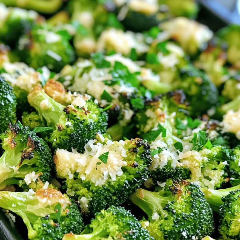 - Fresh broccoli florets - Garlic and seasonings - Olive oil and Parmesan cheese - Optional ingredients To make Garlic Parmesan Roasted Broccoli, you will need some simple, fresh ingredients. Here’s what you need: - Fresh broccoli florets: Use about 2 heads, cut into bite-sized pieces. Fresh broccoli gives the best flavor and texture. - Garlic and seasonings: You will need 4 cloves of minced garlic, salt, and pepper for a great taste. If you like a little heat, add 1/4 teaspoon of red pepper flakes. - Olive oil and Parmesan cheese: Use 3 tablespoons of olive oil to coat the broccoli. Add 1/2 cup of grated Parmesan cheese for that rich, cheesy flavor. - Optional ingredients: You might want to add 1 teaspoon of lemon zest for brightness. Fresh parsley, chopped, makes a nice garnish. These ingredients combine to create a dish that is tasty and easy to make. Enjoy the fresh flavors and the crispy texture! Start by preheating your oven to 425°F (220°C). This heat helps the broccoli roast well. While the oven warms up, take two heads of fresh broccoli. Cut them into bite-sized florets. In a large bowl, combine the broccoli florets with four cloves of minced garlic. Add three tablespoons of olive oil, salt, and pepper to taste. If you like a kick, throw in 1/4 teaspoon of red pepper flakes. Toss everything together until the broccoli is well coated in oil and garlic. Next, spread the broccoli mixture evenly on a baking sheet. I recommend using parchment paper for easy cleanup. This will help the florets roast evenly. Place the baking sheet in the oven. Roast the broccoli for 15 to 20 minutes. Halfway through the cooking time, stir the florets. This step ensures they cook evenly and get crispy edges. Keep an eye on them. You want the broccoli to be tender but still have a slight crunch. Once the broccoli is done roasting, take it out of the oven. Immediately sprinkle 1/2 cup of grated Parmesan cheese over the hot broccoli. This will melt nicely and add a rich flavor. Return the tray to the oven for an extra 2 to 3 minutes. This will melt the cheese and give it a golden look. Finally, after removing it from the oven, add 1 teaspoon of lemon zest over the top. Toss to combine, and then garnish with freshly chopped parsley. The lemon and parsley add a bright touch to the dish. Enjoy your Garlic Parmesan Roasted Broccoli! To roast broccoli well, aim for 425°F (220°C). This heat gives it a nice crisp. Roast for 15 to 20 minutes. Stir halfway to cook evenly. To avoid sogginess, make sure not to overcrowd the baking sheet. Give each floret some space. This helps them roast, not steam. You can boost flavor with extra seasonings. Try adding a pinch of garlic powder or smoked paprika. Fresh herbs like thyme or rosemary can make it pop. Using fresh garlic gives a strong taste. Dried garlic works too, but it’s less intense. Fresh lemon juice can add a bright, tangy note. Garnishing makes your dish look great. After roasting, sprinkle fresh parsley on top. This adds color and freshness. You can also add lemon zest for a vibrant finish. Serve the dish in a nice bowl. It makes the broccoli more inviting. {{image_2}} You can switch up the cheese in this dish. While Parmesan adds a nice flavor, try using Pecorino Romano for a sharper taste. If you want something creamier, go for mozzarella. You can also use cheddar for a richer flavor. If you want to change from broccoli, use cauliflower or Brussels sprouts. Both work well with garlic and cheese. You can even try green beans for a different crunch. To add more flavor, mix in spices or herbs. A pinch of garlic powder can boost the garlic taste. Try adding thyme or oregano for an herb twist. If you like heat, mix in chili flakes or cumin. You can also top the dish with lemon juice for brightness. Adding toasted nuts gives a great crunch. Crushed red pepper can spice things up, too. You can use an air fryer instead of the oven. It cooks quickly and gives a nice crisp. Set it to 400°F for about 10-15 minutes. Just shake the basket halfway through. Grilling is another great option. Toss the broccoli in a grill basket for smoky flavor. Cook over medium heat until tender. It adds a fun twist to this dish. To keep your Garlic Parmesan Roasted Broccoli fresh, store it in the fridge. First, let it cool down to room temperature. This helps avoid moisture buildup, which can make your broccoli soggy. Use an airtight container for storage. Glass containers work well, but plastic ones are fine too. Just make sure they seal tightly to keep the flavors locked in. Leftovers can last about 3 to 5 days in the fridge. When you're ready to enjoy your leftovers, reheating is key. The best method is to use the oven. Preheat it to 350°F (175°C). Spread the broccoli on a baking sheet and heat for about 10 minutes. This method helps keep the broccoli crispy. If you use a microwave, place a paper towel over the dish. This helps absorb moisture, but it may not be as crispy. Keep an eye on it while reheating to ensure it doesn’t overcook. Enjoy your tasty broccoli again! To cut broccoli for roasting, use fresh heads. Start by cutting off the thick stem. Next, cut the florets into bite-sized pieces. Try to keep the pieces similar in size. This helps them cook evenly. The smaller the florets, the crispier they get. Yes, you can prepare this dish ahead of time. Cut the broccoli and mix it with garlic and oil. Store it in the fridge for up to a day. When you’re ready, roast it as directed. This helps save time and makes dinner easier. To make Garlic Parmesan Roasted Broccoli dairy-free or vegan, use nutritional yeast instead of Parmesan. Nutritional yeast gives a cheesy flavor without dairy. You can also skip the cheese entirely. Just add more herbs and spices to boost flavor. Enjoy the dish without dairy! Roasting broccoli is simple and rewarding. We covered the best ingredients, step-by-step prep, and cooking tips. You can create a tasty side with garlic, olive oil, and Parmesan cheese. Remember to experiment with flavors and variations to keep it exciting. Proper storage and reheating will help preserve its taste. Enjoy this healthy dish as it fits into your meals. You now have all the tools to make delicious roasted broccoli every time!