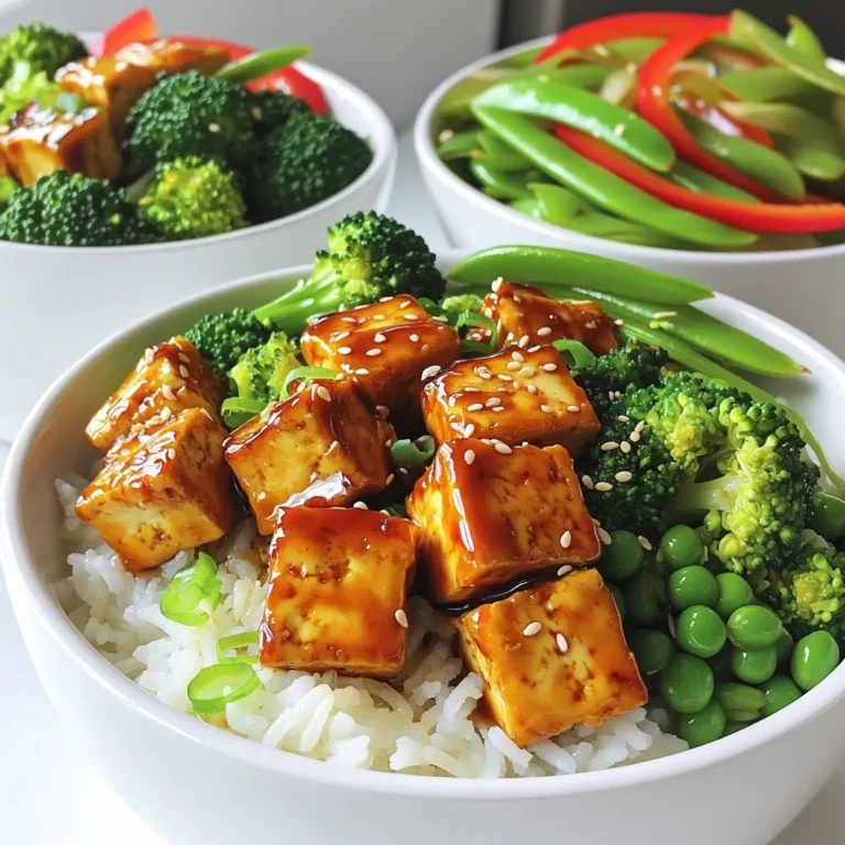 To create tasty Air Fryer Teriyaki Tofu Bowls, gather these main ingredients: - 1 block firm tofu, pressed and drained - 2 cups cooked jasmine rice (or quinoa) - 1 cup broccoli florets - 1 cup snap peas - 1/2 red bell pepper, sliced - 2 green onions, chopped Each ingredient adds its own flavor and texture to the dish. The tofu gives protein, while rice provides a good base. Broccoli and snap peas add crunch and nutrition. The red bell pepper adds sweetness, and green onions bring a fresh taste. For the marinade, you will need: - 1/4 cup teriyaki sauce - 1 tablespoon soy sauce - 1 tablespoon sesame oil - 1 teaspoon cornstarch These ingredients create a rich, savory sauce for the tofu. The teriyaki sauce adds sweetness and umami. Soy sauce gives depth, while sesame oil adds a nutty flavor. Cornstarch helps the tofu get crispy when cooked. To finish your bowls, consider these optional garnishes: - Sesame seeds for garnish Garnishes add a nice touch. They enhance the dish's look and add a bit of crunch. You can also use chopped herbs or other seeds if you like. Start with one block of firm tofu. Press it to remove extra water. This helps the tofu get crispy. Cut the tofu into bite-sized cubes. Make sure each piece is even for cooking. In a bowl, mix together the teriyaki sauce, soy sauce, sesame oil, and cornstarch. The cornstarch gives the tofu a nice crust. Toss the tofu cubes in the marinade. Make sure they are well-coated. Let the tofu sit for at least 15 minutes. This allows the tofu to soak up all the tasty flavors. Preheat your air fryer to 375°F (190°C). Let it warm for about 5 minutes. Place the marinated tofu cubes in a single layer in the basket. Cook for 15 minutes. Shake the basket halfway through to ensure even cooking. The tofu should be golden and crispy when done. While the tofu cooks, prepare the vegetables. Steam the broccoli and snap peas until they are bright green. This takes about 3-4 minutes. In a separate pan, sauté the sliced red bell pepper in a little oil. Cook it for 2-3 minutes until it’s tender. Combine all the vegetables in the pan and stir-fry for an extra minute. Grab your serving bowls. Start with a layer of cooked jasmine rice or quinoa. Top it with the stir-fried vegetables. Finally, add the crispy teriyaki tofu on top. Sprinkle chopped green onions and sesame seeds over the bowls. This adds flavor and a nice look. Serve the bowls warm and enjoy! Tofu has a lot of water. If you want it to taste good, press it first. To press tofu, wrap it in a clean towel. Place a heavy pan on top for about 15 minutes. This step helps the tofu absorb flavors better. For crispy tofu, cut it into small cubes. Mix it with cornstarch before cooking. This will give it a nice crunch. Make sure to space the tofu cubes out in the air fryer. This allows hot air to reach all sides for even crispiness. Choose vegetables that cook quickly. Broccoli and snap peas are great options. They stay bright and crunchy. Red bell pepper adds sweetness. You can also use carrots or zucchini for variety. Mix and match based on your taste. This dish is already vegan and can be gluten-free. Use gluten-free soy sauce or tamari instead of regular soy sauce. Quinoa is a great substitute for rice for a healthier option. You can add more veggies or swap tofu for chickpeas. This keeps your meal exciting and fit for all diets. {{image_2}} You can switch up the teriyaki sauce to change the flavor. Try soy sauce mixed with garlic for a simple twist. A peanut sauce adds a rich taste. You can also use a sweet chili sauce for heat and sweetness. Experiment with different sauces to see what you like best! If you don’t like tofu, you have options. Tempeh works well and has a nutty flavor. Chickpeas are another great choice. They add protein and a nice texture. For a meat option, try diced chicken or shrimp. These substitutes will change the dish but still keep it tasty! While jasmine rice is the base of this bowl, you can try other grains too. Quinoa offers a nutty flavor and extra protein. Brown rice is a healthier choice with more fiber. Barley gives a chewy texture that pairs nicely with the tofu. Feel free to mix and match grains for a new twist! After you enjoy your Air Fryer Teriyaki Tofu Bowls, store leftovers in an airtight container. This keeps the tofu and veggies fresh. Place the bowls in the fridge for up to three days. Make sure the rice or quinoa cools before sealing. This helps prevent sogginess. To reheat, use the microwave or the air fryer. If you use the microwave, place the bowl in for about 1-2 minutes. Stir halfway to heat evenly. If you prefer the air fryer, set it to 350°F (175°C) and heat for around 5 minutes. This keeps the tofu crispy. You can freeze leftover bowls, but it's best to freeze the tofu and veggies separately from the rice or quinoa. Use freezer-safe containers or bags. They’ll last for up to three months. When ready to eat, thaw overnight in the fridge. Reheat the tofu and veggies before serving with fresh rice. You should marinate the tofu for at least 15 minutes. This time lets the tofu soak up the flavors from the teriyaki sauce. If you have more time, marinating for up to an hour works even better. The longer the tofu sits, the richer the taste. You can air fry frozen tofu, but the texture may differ. Frozen tofu has a spongier texture after cooking. To get the best results, defrost it first. Then, press and drain it to remove excess moisture. This step helps the tofu absorb the marinade well. You can serve teriyaki tofu bowls with various sides. Here are some ideas: - Steamed rice or quinoa - Fresh salad - Pickled vegetables - Edamame - Sliced avocado These options add nice colors and flavors to your meal. Most teriyaki sauces contain soy sauce, which has gluten. However, you can find gluten-free teriyaki sauces made with tamari. Always check the label to ensure it is gluten-free. This way, you can enjoy your dish without worry. To add spice to your teriyaki tofu bowls, try these tips: - Add red pepper flakes to the marinade. - Include sriracha or chili paste for a kick. - Top with sliced fresh jalapeños before serving. These additions will give your dish a nice heat. Enjoy experimenting with flavors! Air fryer teriyaki tofu bowls combine simple ingredients and easy steps. You learned how to prepare and cook tofu for a tasty meal. I shared tips for pressing tofu, achieving the perfect crunch, and choosing the best veggies. You can try different sauces, grains, and even explore variations for any diet. Store your leftovers well and follow reheating tips for future meals. Get ready to enjoy a delicious and healthy dish!