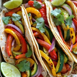 For this tasty dish, you need fresh vegetables. Here’s what to gather: - 1 red bell pepper, sliced - 1 yellow bell pepper, sliced - 1 green bell pepper, sliced - 1 red onion, sliced - 2 cups zucchini, sliced These colorful veggies add crunch and flavor. Each brings its own taste. The red bell pepper is sweet, while the green adds a bit of bite. The zucchini adds a nice texture. Together, they create a vibrant mix. Spices make the veggies pop! Here’s what you need: - 1 tablespoon olive oil - 1 teaspoon chili powder - 1 teaspoon cumin - 1 teaspoon garlic powder - 1 teaspoon smoked paprika - Salt and pepper to taste These spices bring warmth and depth to your tacos. The chili powder and cumin add a smoky taste. Garlic powder adds a nice punch. Smoked paprika gives a subtle richness. Don’t forget to season with salt and pepper for balance. Finally, you need tortillas and garnishes. Gather these items: - 8 small corn or flour tortillas - Fresh cilantro, chopped (for garnish) - Lime wedges (for serving) Use either corn or flour tortillas. Both work well and are easy to handle. Fresh cilantro adds a burst of freshness. Lime juice brightens the flavors in each bite. These simple touches make your tacos shine! Start by washing all your veggies. Slice the red, yellow, and green bell peppers. Next, cut the red onion and zucchini into thin strips. Use a large bowl to mix all the sliced veggies together. This ensures even cooking later. Drizzle one tablespoon of olive oil over the veggies. Add one teaspoon each of chili powder, cumin, garlic powder, and smoked paprika. Mix them well to coat every piece. Spread the seasoned veggies in one layer on a large baking sheet. Preheat your oven to 400°F (200°C). Roast for 20 to 25 minutes. Toss the veggies halfway through cooking. This helps them roast evenly. The goal is tender veggies with a slight char. While the veggies roast, warm your tortillas. You can do this in a skillet or microwave. Once the veggies are ready, take them out of the oven and let them cool for a moment. On each tortilla, place a generous scoop of the roasted veggie mix. Top with fresh chopped cilantro. Serve with lime wedges for a zesty kick. Enjoy your tasty veggie fajita tacos! To get the best roast, cut your veggies evenly. This helps them cook at the same rate. Use a large baking sheet to give them space. Spread the veggies in a single layer. This allows them to crisp up nicely. Toss them halfway through cooking for even browning. Aim for a tender yet slightly charred finish. Warm your tortillas for the best taste. You can use a skillet on low heat. Just heat each tortilla for about 30 seconds. If you prefer, use the microwave. Wrap them in a damp paper towel and heat for about 15-20 seconds. You can also use a tortilla warmer. This keeps them warm while you serve. Want to kick up the flavor? Try adding corn or black beans to your veggie mix. They add texture and taste. A little lime juice before serving brightens the dish. You can also sprinkle some cheese on top. Feta or cotija cheese work great for added richness. If you love heat, add sliced jalapeños. They bring a nice kick to your tacos. {{image_2}} You can easily add protein to your veggie fajitas. Try grilled chicken, shrimp, or tofu. Simply marinate your protein with olive oil and spices. Add it to the sheet pan with the veggies. This gives you a heartier meal. You can also use black beans or lentils for a plant-based boost. They add protein and fiber without meat. Feel free to mix and match veggies for fun flavors. Try adding mushrooms or corn for sweetness. You can also use sweet potatoes for a hearty twist. If you like heat, add jalapeños or other spicy peppers. Experiment with different spice blends too. Adding taco seasoning or lime juice can give your dish a new flair. Serve these tacos with fresh toppings. Chopped avocado adds creaminess. Pico de gallo brings a fresh kick. You can also include cheese or sour cream for extra richness. Don't forget the lime wedges! They add a burst of flavor to each bite. You can serve these tacos with a side of rice or beans for a complete meal. Enjoy them at a party or a cozy dinner. After you enjoy your Sheet Pan Veggie Fajita Tacos, let them cool. Place leftovers in an airtight container. This keeps the flavors fresh and the veggies crisp. Store them in the fridge. They will stay good for about 3 to 4 days. To reheat, you have a few options. You can use a skillet on medium heat. Warm the veggies until they're hot. You can also use a microwave. Heat them for about 30 seconds. If you want to warm the tortillas, wrap them in a damp paper towel. Then, heat them in the microwave for 15-20 seconds. When saving leftovers, keep the tortillas separate. This helps them stay soft and not soggy. You can also add fresh toppings like cilantro when serving. This adds flavor and freshness. If you have extra veggies, use them in salads or wraps. This way, nothing goes to waste! Yes, you can! Prepare the veggies and season them. Store them in the fridge for up to 24 hours. When you're ready, just roast them as directed. This way, you save time and still enjoy fresh flavors. I recommend using small corn or flour tortillas. Corn tortillas have a great texture and flavor. Flour tortillas are softer and easier to wrap. Choose what you like best! Yes, you can use frozen veggies. They work well if you can't find fresh ones. Just make sure to thaw and drain them before seasoning. This helps avoid excess water when roasting. This post covered how to make great fajitas using fresh veggies, spices, and tortillas. You learned step-by-step instructions from prepping to roasting. We shared useful tips on achieving the perfect roast and warming tortillas. You can also try fun variations with proteins and creative combos. Remember to store any leftovers properly and reheat them well. Make fajitas your own and enjoy every bite. Experimenting can lead to tasty results!