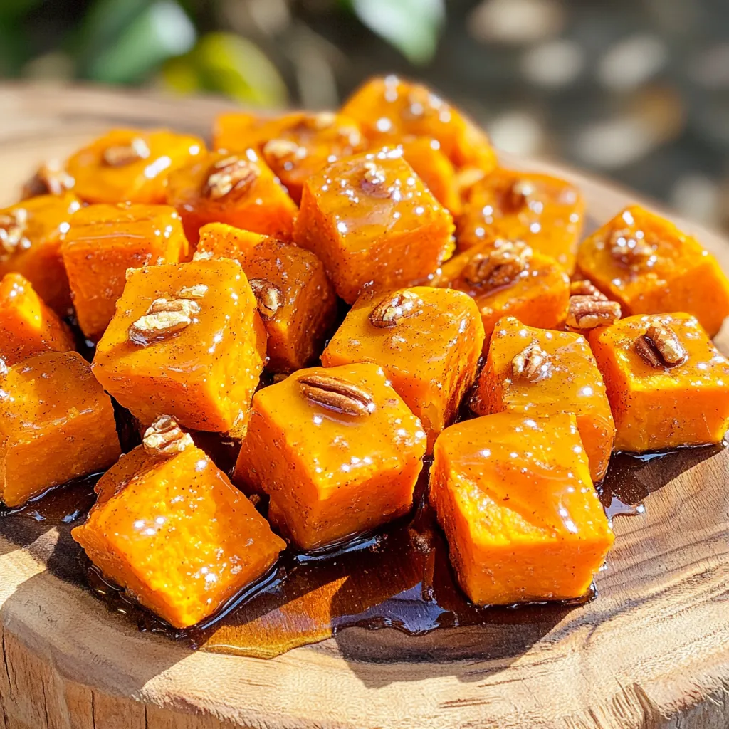 To make Air Fryer Maple Cinnamon Sweet Potato Cubes, gather these items: - 2 large sweet potatoes, peeled and cut into 1-inch cubes - 2 tablespoons olive oil - 3 tablespoons maple syrup - 1 teaspoon ground cinnamon - 1/2 teaspoon nutmeg - 1/2 teaspoon salt - 1/4 teaspoon black pepper These ingredients create a tasty mix. Sweet potatoes are packed with vitamins. The olive oil helps crisp them up. Maple syrup adds a lovely sweetness, while cinnamon and nutmeg bring warmth and flavor. If you want to take this dish up a notch, consider these garnishes: - Chopped pecans - Chopped walnuts These nuts add crunch and a nice texture. They also complement the sweet flavors well. You can switch out some ingredients if needed: - Use avocado oil instead of olive oil for a different fat. - Honey can replace maple syrup if you prefer. - If you don't have nutmeg, try allspice or pumpkin pie spice. These swaps keep the dish delicious while giving you more options. Feel free to get creative with what you have at home! Start by peeling the sweet potatoes. Use a sharp knife to remove the skin. Cut them into 1-inch cubes. Make sure the pieces are even for cooking. Place the cubes in a large mixing bowl. Add 2 tablespoons of olive oil to the bowl. Then, pour in 3 tablespoons of maple syrup. Sprinkle in 1 teaspoon of ground cinnamon, 1/2 teaspoon of nutmeg, 1/2 teaspoon of salt, and 1/4 teaspoon of black pepper. Toss everything well. Coat the sweet potato cubes evenly with the mixture. This step is key for good flavor. Next, preheat your air fryer to 400°F (200°C). This takes about 5 minutes. Preheating makes sure the sweet potatoes cook evenly. It also helps them get crispy. While it's preheating, you can prepare the sweet potatoes. Once preheated, place the sweet potato cubes in the air fryer basket. Make sure they are in a single layer. This helps them cook properly. Cook the sweet potatoes for 15 to 18 minutes. Halfway through the cooking time, shake the basket. This ensures even cooking for every piece. The sweet potatoes are done when they are tender inside and slightly crispy outside. After cooking, let them cool for a couple of minutes. If you like, garnish with chopped pecans or walnuts. Serve warm and enjoy your tasty treat! To get that perfect crunch, make sure to cut your sweet potatoes into 1-inch cubes. This size cooks evenly. Coat them well with olive oil and the maple mixture. A good coating helps them crisp up. In the air fryer, spread them in a single layer. This allows hot air to circulate and create that crispy texture. Check the sweet potatoes after 15 minutes. They should be tender when pierced with a fork. If you want them extra crispy, add a few more minutes. Shake the basket halfway through cooking. This ensures even browning and prevents sticking. Look for a slight golden color on the outside. Serve these sweet potato cubes warm for the best taste. You can sprinkle chopped pecans or walnuts on top for extra crunch and flavor. They pair well with grilled meats or even as a snack. Try adding them to salads for a sweet touch. Enjoy them with yogurt or a drizzle of extra maple syrup for a treat. {{image_2}} You can change up the spices to add new flavors. Try using ginger or allspice to give your sweet potatoes a warm taste. You can even use chili powder for a kick. Mix and match spices to find your favorite blend. You don’t have to stick to regular sweet potatoes. Yukon gold or purple sweet potatoes can work well too. Each type brings a unique flavor and color. Purple sweet potatoes add a fun twist to your dish. This recipe is already vegan and gluten-free! You can swap the olive oil for avocado oil if you like. Use maple syrup as your sweetener. Both options keep the dish plant-based and tasty. Enjoy these sweet potato cubes without worry! To keep your sweet potato cubes fresh, wait until they cool down. Place them in an airtight container. You can store them in the fridge for up to five days. Make sure they are not too warm when you put them away. This helps avoid sogginess. If you want, you can layer them with parchment paper to keep them from sticking together. When you're ready to eat the leftovers, you can reheat them in the air fryer. Set the air fryer to 350°F (175°C). Heat the sweet potatoes for about five to seven minutes. Shake the basket halfway through cooking. This way, they will get warm and crispy again. You can also use a microwave, but they will not be as crispy. Heat them for one to two minutes in the microwave and enjoy. If you want to store sweet potato cubes for a longer time, freezing is a great option. First, cook the cubes as directed in the recipe. Let them cool completely before freezing. Spread them out on a baking sheet in a single layer and freeze for one hour. Once frozen, transfer them to a freezer bag. They can last up to three months in the freezer. When you're ready to use them, just cook from frozen in the air fryer. This makes for a quick and tasty meal! Yes, you can use honey or agave syrup. Both will add sweetness. If you prefer, try brown sugar for a deep flavor. Adjust the amount to your taste. Remember, different sweeteners may change the texture slightly. Any air fryer will work well. I recommend a model with adjustable temperature settings. Look for one with a good basket size for even cooking. Brands like Ninja or Philips have earned great reviews. Always check user feedback to ensure it meets your needs. To stop sogginess, cut sweet potatoes into uniform cubes. This helps them cook evenly. Coat them lightly with olive oil for crispiness. Make sure they are in a single layer in the basket. Shake the basket halfway through cooking to promote even browning. This blog post covered all you need for perfect air-fried sweet potatoes. You learned about key ingredients, optional garnishes, and substitutions. I shared step-by-step instructions and tips for crispy results. We explored variations and smart storage methods, too. In conclusion, you can easily customize this dish while enjoying delicious sweet potatoes. Keep these tips in mind for a tasty treat every time. Enjoy your cooking!