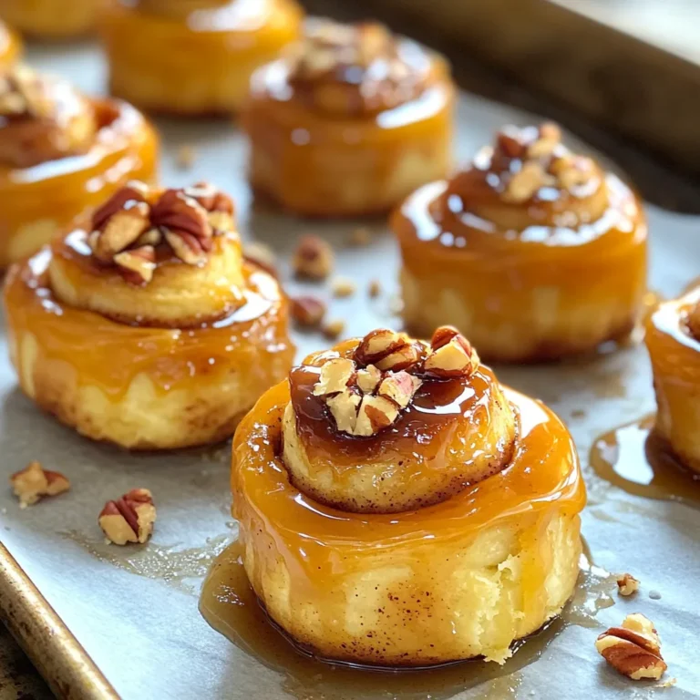 To make these maple glazed cinnamon roll bites, gather these simple items: - 1 can of refrigerated crescent dough - 1/4 cup granulated sugar - 1 tablespoon ground cinnamon - 4 tablespoons unsalted butter, melted - 1/2 cup powdered sugar - 2 tablespoons pure maple syrup - 1 tablespoon milk or cream - A pinch of salt These ingredients come together to create a warm, sweet treat that's easy to make. For a little extra crunch and flavor, consider these garnishes: - Chopped pecans Adding chopped pecans not only enhances the taste but also adds a nice texture. You will need a few basic tools to whip up these bites: - Baking sheet - Parchment paper - Small bowl - Whisk - Knife Having these items ready will make your cooking process smooth and fun. To start, gather your ingredients for the maple glazed cinnamon roll bites. You need: - 1 can of refrigerated crescent dough - 1/4 cup granulated sugar - 1 tablespoon ground cinnamon - 4 tablespoons unsalted butter, melted - 1/2 cup powdered sugar - 2 tablespoons pure maple syrup - 1 tablespoon milk or cream - A pinch of salt - Optional: chopped pecans for garnish Preheat your oven to 375°F (190°C). This helps the bites bake evenly. Line a baking sheet with parchment paper. This prevents sticking. Unroll the crescent dough and press the seams together gently. Form a rectangle, and this makes rolling easier. Next, mix your sugar and cinnamon in a small bowl. This mix will add great flavor to the rolls. Brush the melted butter across the dough. Make sure to cover it well. Then, sprinkle the cinnamon-sugar mix over the buttered dough. You want a nice, even coat. Now, roll the dough tightly from one end. Slice the roll into bite-sized pieces, about 1 inch thick. Place these pieces on your baking sheet with space in between. Now it’s time to bake! Place the baking sheet in your preheated oven. Bake for 12-15 minutes. Keep an eye on them until they turn golden brown and puffed. This is when they smell amazing! Once baked, take them out and let them cool for about 5 minutes. This helps the bites set and makes glazing easier. While the bites cool, prepare your glaze. In a bowl, whisk together the powdered sugar, maple syrup, milk, and a pinch of salt. Mix until it’s smooth and creamy. This glaze adds sweetness and a lovely shine. Once your bites have cooled slightly, drizzle the glaze over them. If you like, sprinkle chopped pecans on top. This adds a nice crunch and flavor. Enjoy your tasty treats! To get the best texture for your maple glazed cinnamon roll bites, use fresh crescent dough. Make sure you press the seams well before rolling. This helps keep the filling inside. Bake them until golden brown and puffed up. Check them at 12 minutes. If they’re not golden, give them a few extra minutes. Aim for a soft inside with a light crust outside. To boost the flavor, consider adding vanilla to your glaze. Just a drop can make a big difference. You can also mix in some chopped pecans in the filling. This gives a nice crunch. For a twist, sprinkle some nutmeg with the cinnamon. It adds warmth and depth to the taste. One common mistake is overbaking the bites. Keep an eye on them to avoid dryness. Also, don’t skimp on the glaze. A good drizzle makes each bite more special. Lastly, avoid rolling the dough too loosely. This can cause the filling to leak out during baking. Keep these tips in mind for perfect bites every time! {{image_2}} To make nutty maple glazed cinnamon roll bites, add chopped pecans. You can mix them into the cinnamon-sugar before sprinkling it on the dough. This adds a nice crunch and flavor. You can also sprinkle pecans on top after glazing for extra appeal. For chocolate lovers, try adding mini chocolate chips. Just sprinkle them over the cinnamon-sugar mixture before rolling the dough. The melted chocolate adds sweetness and a rich taste. Pair with the maple glaze for a dreamy treat. You can change the spices to suit the season. In fall, add nutmeg or pumpkin spice to the sugar mix. In winter, try using ginger or allspice. These spices bring warmth and a cozy feel to your bites. Adjusting the spices keeps the recipe fresh and fun. To store leftover maple glazed cinnamon roll bites, let them cool completely. Place them in an airtight container. This keeps them fresh for up to two days at room temperature. If you want to keep them longer, refrigerate them. They can last up to a week in the fridge. Just make sure the lid is tight to avoid drying out. Reheating is easy! You can use the microwave or the oven. For the microwave, place one or two bites on a plate. Heat in short bursts of 10-15 seconds until warm. For the oven, preheat it to 350°F (175°C). Place the bites on a baking sheet and warm for about 5-7 minutes. This keeps them soft and tasty. Freezing is a great choice if you want to save some for later. After baking, cool the bites completely. Place them in a single layer on a baking sheet and freeze for about an hour. Once frozen, transfer them to a freezer bag. They can stay fresh for up to three months. Just remember to thaw them in the fridge before reheating. Yes, you can use homemade dough. Just make sure it is soft and easy to roll. You can create a simple dough with flour, butter, milk, sugar, and yeast. This dough will give you a fresh taste. Roll it out thin like the crescent dough. Follow the same steps for filling and baking. To make these treats richer, add more butter and sugar in the filling. You can also use cream cheese in the glaze. Mix cream cheese with powdered sugar and maple syrup for a creamy topping. For a nutty flavor, sprinkle chopped pecans or walnuts on top. You might even add chocolate chips for an extra surprise! If you do not have maple syrup, you can use honey or agave syrup. Both will add sweetness and flavor. You can also mix brown sugar with a little water to create a syrup. This will mimic the taste of maple syrup. Adjust the sweetness to your liking for the glaze. You learned about making delicious cinnamon roll bites today. We covered the main ingredients, tools, and steps. You now know how to bake, glaze, and enhance their flavors. I also shared storage tips for leftovers and answered common questions. Enjoy experimenting with different variations too! Remember, the key to perfecting these bites is practice. Keep trying, and you'll bake these treats with ease and flair. Happy baking!