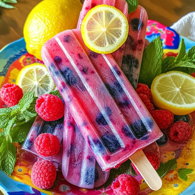 - 2 cups mixed berries (strawberries, blueberries, raspberries) - 1 cup freshly squeezed lemon juice (about 4-6 lemons) - 1/2 cup honey or maple syrup (adjust for sweetness) - 2 cups water - Optional garnishes (slices of lemon and whole berries) To make Berry Lemonade Popsicles, you need fresh and vibrant ingredients. The mixed berries give flavor and color. Choose strawberries, blueberries, and raspberries for the best mix. Freshly squeezed lemon juice adds a bright zing. Use about four to six lemons for one cup of juice. The sweetener balances the tartness. You can use honey or maple syrup, depending on your taste. Water helps blend everything smoothly. If you want some fun presentation, consider adding slices of lemon and whole berries to your molds. These extras make each popsicle look pretty and add bursts of flavor. Gather these ingredients, and you are ready to create a refreshing summer treat! - Blending the mixed berries: Start by adding 2 cups of mixed berries to a blender. You can use strawberries, blueberries, and raspberries. Pour in 2 cups of water. Blend until the mixture is smooth and creamy. - Straining the puree (optional): If you prefer a smoother texture, you can strain the puree. Use a fine mesh sieve to filter out seeds and pulp. This step is optional, but it makes the popsicles silky. - Combining berry puree, lemon juice, and sweetener: In a large bowl, whisk together the berry puree and 1 cup of freshly squeezed lemon juice. Add 1/2 cup of honey or maple syrup for sweetness. - Adjusting sweetness to taste: Taste the mixture. If you want it sweeter, add more honey or maple syrup. Mix well until everything is combined. - Pouring mix into popsicle molds: Carefully pour the berry mixture into popsicle molds. Fill each mold about 3/4 full to allow space for expansion. - Adding decorative lemon slices and whole berries: For a fun touch, add slices of lemon or whole berries into the molds before freezing. This adds color and flavor. - Freezing time and proper placement in the freezer: Insert popsicle sticks into the molds and place them in the freezer. Freeze the popsicles for at least 4 to 6 hours, or until they are completely solid. When you are ready to enjoy your berry lemonade popsicles, run warm water over the outside of the molds. This will help release them easily. To make the best Berry Lemonade Popsicles, you can adjust the sweetness and flavors. Start with half a cup of honey or maple syrup. If you prefer a sweeter treat, add more sweetener. For a tangy twist, increase the lemon juice. Mixing different berries can enhance the flavor. Strawberries, blueberries, and raspberries work well together, but feel free to add blackberries or cherries for extra fun. Sometimes, popsicles stick to the molds. To prevent this, fill the molds just right. Leave a little room at the top. When it’s time to eat, run warm water over the outside of the molds. This helps the popsicles slide out easily. If they still stick, try twisting the mold gently. This can help release the popsicle without breaking it. If you have leftover popsicles, store them in a plastic bag or airtight container. This keeps them fresh and prevents freezer burn. Label the bags with the date so you know when you made them. Berry Lemonade Popsicles last about two months in the freezer. For the best taste, enjoy them within a month. {{image_2}} You can change the fruits in your popsicles for fun flavors. Try peaches or mangoes for a sweet twist. You can even mix in some kiwi for a tangy kick. If you want a creamier texture, add yogurt to your blend. It gives your popsicles a rich taste. Greek yogurt works well and adds protein, too. If you want to switch up your sweetener, try agave syrup or coconut sugar. These options are tasty and natural. For those who prefer sugar-free choices, you can use stevia or erythritol. These sweeteners let you enjoy the popsicles without added sugar. You can make special popsicles for different seasons. In winter, try using cranberry juice and orange zest for a festive flavor. For holidays, think about adding peppermint or spices to your mix. These ingredients give a fun twist to your berry lemonade popsicles. Let your creativity flow and have fun with it! To keep your Berry Lemonade Popsicles fresh, use airtight containers. Silicone molds are also great for popsicles. They allow easy removal without sticking. After freezing, wrap each popsicle in plastic wrap for extra protection against freezer burn. This keeps them flavorful for weeks. Organizing your freezer helps you find popsicles fast. Use bins or baskets to group popsicles by flavor. I suggest labeling each container with the flavor and date. This way, you always know what to expect. You can even add fun notes about the flavors! If you have leftover popsicles, get creative! Try chopping them and adding them to smoothies. They also make a fun topping for yogurt or ice cream. For drinks, blend a popsicle into lemonade or soda for a fruity twist. Enjoy mixing flavors and getting creative! Making these popsicles is quick and fun! It takes about 15 minutes to prep. After that, you must freeze them for at least 4 to 6 hours. So, keep that in mind when you plan your treat! Yes, you can use frozen berries! They work well and are often more convenient. However, frozen berries might make the popsicles a bit less vibrant in color. The flavor stays great, but fresh berries can give a brighter taste. If you go with frozen, let them thaw for a bit before blending. For the best results, use silicone popsicle molds. They make it easy to pop out the frozen treats. You can also use plastic molds with a lid. Just make sure they have enough space for the sticks. If you want fun shapes, look for themed molds! Enjoy making your popsicles! You now know how to make Berry Lemonade Popsicles. We covered key ingredients, step-by-step instructions, and tips for perfect results. You even learned about fun variations and storage options. Making these popsicles is easy and fun. Get creative with flavors and enjoy the tasty results. Now, grab your molds and start blending. Your homemade popsicles await!