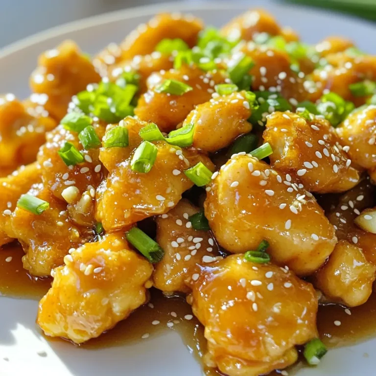 - 1 lb chicken breast, cut into bite-sized pieces - 1/4 cup honey - 1/4 cup low sodium soy sauce - 4 cloves garlic, minced - 1 tablespoon fresh ginger, grated - 1/2 teaspoon red pepper flakes (optional) - Salt and pepper to taste - 2 green onions, chopped - Sesame seeds I love using fresh chicken breast for this dish. It cooks quickly and stays juicy. The honey gives a sweet touch, while the soy sauce adds a savory flavor. Garlic brings a nice kick that makes the dish pop. Adding fresh ginger enhances the flavor even more. Ginger has a warm taste that pairs well with honey. You can adjust the spice level with red pepper flakes. If you want it mild, skip these. Don't forget the garnishes! Chopped green onions add color and crunch. Sesame seeds bring a nutty flavor and look beautiful on the plate. These small touches make your meal look gourmet and feel special. First, grab a medium bowl. In this bowl, combine the following: - 1/4 cup honey - 1/4 cup low sodium soy sauce - 4 cloves garlic, minced - 1 tablespoon fresh ginger, grated - 1/2 teaspoon red pepper flakes (optional for heat) Whisk these ingredients together. Make sure they blend well, and then set the sauce aside. This sweet and tangy sauce will make your chicken shine. Next, take 1 pound of chicken breast and cut it into bite-sized pieces. Season the chicken with salt and pepper. Then, toss the pieces with 2 tablespoons of cornstarch. Ensure all the chicken gets a light coat of cornstarch. This step helps the chicken stay crispy when cooking. Now, heat 1 tablespoon of vegetable oil in a large skillet over medium-high heat. Once it’s hot, add the coated chicken pieces in a single layer. Cook the chicken for about 5-7 minutes. Stir it occasionally until it turns golden and is fully cooked. This step locks in the flavor and gives a nice texture. Once the chicken is cooked, lower the heat to medium. Pour the honey garlic sauce over the chicken. Stir well to coat every piece. Let the sauce simmer for about 3-4 minutes. This thickens the sauce and allows the chicken to absorb all the flavors. When done, remove the skillet from heat. Finally, garnish your dish with chopped green onions and sesame seeds before serving. Enjoy your meal! To make this dish shine, pick fresh chicken breast. Look for bright pink skin and no dark spots. The meat should feel firm, not slimy. If you can, buy chicken from a trusted source. Organic or free-range chicken often tastes better. Also, consider the size of the pieces. Cutting the chicken into bite-sized pieces helps it cook evenly. A thick sauce makes honey garlic chicken extra tasty. To get the right consistency, use cornstarch. Mix cornstarch with a small amount of cold water to create a slurry. Add this mixture to the sauce as it simmers. Stir well and let it cook for a few minutes. If the sauce is too thick, add a bit of water or broth. Aim for a smooth, sticky sauce that clings to the chicken. Want your dish to pack a punch? You can easily adjust the spice level. Adding red pepper flakes gives a nice heat. Start with a little and taste as you go. If you like it spicier, add more. You can also try other spices like cayenne pepper or sriracha. Remember, balance is key. You want the spice to enhance the flavor, not overpower it. {{image_2}} You can make this dish even better by adding veggies. Broccoli and bell peppers are great choices. They add color and nutrition. Just chop them up and stir-fry them with the chicken. Add them during the last few minutes of cooking. This way, they stay crisp and bright. You can also try snow peas or carrots if you like a bit of crunch. If you want something different, try using tofu or shrimp. For tofu, press it to remove extra water, then cut it into cubes. Toss it in cornstarch just like the chicken. Cook it until golden. If you prefer shrimp, use peeled and deveined shrimp. Add them to the skillet when the chicken is almost done. They cook quickly and soak up the tasty sauce. For a gluten-free version, swap the soy sauce for tamari sauce. Tamari is a great choice for those avoiding gluten. The flavor is similar, so you won’t miss out. Just use it in the same amount as soy sauce in the recipe. This keeps the dish tasty while making it safe for everyone. To keep your honey garlic chicken fresh, store leftovers in an airtight container. Make sure the chicken is cool before sealing. Place it in the fridge. It will stay good for up to three days. If you add veggies, eat it sooner for the best taste. To reheat honey garlic chicken, use the stove. Just add a splash of water or broth to a skillet. Heat it on medium until warm. This keeps the chicken juicy. You can also use a microwave. Place the chicken in a microwave-safe dish, cover it, and heat in short bursts. Stir after each burst to avoid hot spots. If you want to freeze honey garlic chicken, first cool it completely. Then, place it in a freezer-safe bag. Try to remove as much air as possible before sealing. It will last for about three months in the freezer. When you're ready to eat, defrost it in the fridge overnight before reheating. Yes, you can use different meats. Pork or beef work well. Cut them into small pieces like the chicken. The sauce will still taste great with these meats. Just ensure they are cooked well. For pork, use tender cuts like loin. For beef, try sirloin or flank steak. Each will add a unique flavor to the dish, making it your own. Absolutely! You can prep the chicken and sauce ahead of time. Cut the chicken and marinate it in the sauce. Store them in the fridge for up to two days. When ready to cook, just heat the oil and add the chicken. It saves time on busy days. You can also cook the chicken fully and reheat it later. The flavors will still be delicious. This dish pairs well with many sides. Here are a few great options: - Cooked rice, white or brown - Noodles, such as rice or egg noodles - Steamed or sautéed vegetables, like broccoli or bell peppers - Fresh salads for a light touch Choose sides based on your taste and enjoy a full meal! This article covered key steps for making honey garlic chicken. You learned about main ingredients and flavor enhancers. We discussed simple cooking methods and tips for thickening the sauce. You saw how to add vegetables or use different proteins. Remember, you can store leftovers easily and also reheat them without losing flavor. Enjoy trying this recipe. It’s a great dish for any meal and offers many tasty choices!