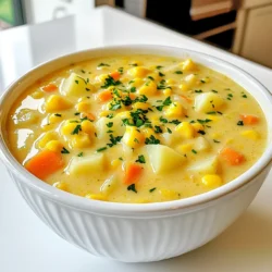 When making Slow Cooker Creamy Corn Chowder, you need to gather some key items. Here’s what you'll need: - 4 cups fresh corn kernels (or frozen corn) - 1 medium onion, diced - 2 cloves garlic, minced - 2 medium potatoes, diced - 3 carrots, diced - 4 cups vegetable broth - 1 cup heavy cream (or coconut cream for a dairy-free option) - 1 teaspoon dried thyme - 1 teaspoon smoked paprika - Salt and pepper to taste - 2 tablespoons olive oil - Fresh parsley or chives for garnish Now, let’s explore each ingredient. Fresh corn adds a sweet, bright flavor. If you can't find it, frozen corn works too. The onion and garlic give the chowder a strong base. They add aroma and depth. Diced potatoes and carrots bring heartiness to the dish. They make the chowder filling and comforting. Vegetable broth is the liquid that ties it all together. It adds warmth and flavor. For creaminess, I use heavy cream or coconut cream. Both options are delicious. Dried thyme and smoked paprika give it a unique taste. Thyme adds earthiness while smoked paprika gives a hint of smoke. Lastly, don’t forget salt and pepper. They enhance all the flavors. Olive oil is used to sauté the onion and garlic. It helps to build the flavor right from the start. For garnish, fresh parsley or chives brighten up the dish and add color. These simple ingredients blend to create a rich and flavorful chowder that warms the soul. To start, I heat olive oil in a skillet on medium heat. I add the diced onion and sauté it until soft and clear, about 5 minutes. Next, I toss in the minced garlic and cook it for 1 more minute. The smell fills the kitchen, making it hard to wait! After that, I transfer the onion and garlic into the slow cooker. Now, I add the fresh or frozen corn, diced potatoes, and diced carrots. I pour in the vegetable broth and stir in the dried thyme and smoked paprika. I season with salt and pepper to taste, ensuring all flavors mix well. I cover the slow cooker and set it to low for 6 to 8 hours. This slow cooking allows the flavors to deepen. If time is short, I can set it on high for 3 to 4 hours. I check the chowder when the potatoes and carrots are tender. Once the vegetables are fully cooked, I grab my immersion blender. I blend about half of the chowder for a smooth texture. If I don’t have an immersion blender, I can use a regular blender. I blend a portion and then return it to the slow cooker. Finally, I stir in the heavy cream or coconut cream. I let it cook for another 15 to 20 minutes on low heat to warm through. If needed, I adjust the seasoning one last time. Now, my creamy corn chowder is ready to serve! To make your chowder pop, use spices like thyme and smoked paprika. These add layers of flavor. Sautéing onion and garlic first is key. This step brings out their sweetness. It makes the base richer and more aromatic. Trust me, the extra minute is worth it! If your chowder feels too thick, add more vegetable broth. For creaminess, blend half of the chowder. Use an immersion blender right in the slow cooker. You can also blend in batches in a regular blender. Just be careful with hot soup! Garnish your chowder with fresh parsley or chives. They add color and a fresh taste. For side dishes, try crusty bread or a light salad. These pair well and balance the meal. Enjoy your delicious chowder with friends or family! {{image_2}} For a tasty vegan chowder, swap heavy cream for coconut cream. Coconut cream makes the dish rich and creamy without dairy. Use vegetable broth to keep it vegetarian-friendly. This change keeps the chowder full of flavor while catering to different diets. You can switch heavy cream for other creamy options. For a lighter choice, use yogurt or cashew cream. If you want to add more veggies, consider bell peppers, celery, or zucchini. Each of these adds flavor and color, making the chowder even more delightful. Want more heat? Add diced jalapeños or cayenne pepper to the mix. Start with a small amount, then taste and adjust as needed. For a smoky flavor, try adding smoked paprika or even use smoked corn. This twist makes the chowder unique and adds depth to the taste. To keep your creamy corn chowder fresh, first cool it down. Use a clean, airtight container for your leftovers. Place the chowder in the fridge if you plan to eat it soon. It stays safe for about three to four days. For longer storage, consider freezing it. Use freezer-safe containers or bags. Leave some space at the top, as liquids expand when frozen. When you’re ready to enjoy the chowder again, avoid the microwave if possible. Use a pot on the stove for the best results. Heat it over low to medium heat. Stir often to keep it from sticking. If you must use the microwave, do so in short bursts. Stir in between to heat evenly. This helps maintain the creamy texture and flavor. In the fridge, your chowder lasts three to four days. If you freeze it, it can last up to three months. For the best taste, eat it within one month. Always check for any off smells or changes in texture before eating. This way, you enjoy every bite of your delicious chowder. Yes, you can use canned corn. It saves time and adds flavor. Just drain and rinse the corn before adding it to your slow cooker. Canned corn also works well if fresh corn isn't in season. Sautéing the onion and garlic is not required, but it helps boost the flavor. Cooking them in olive oil makes them soft and sweet. This step adds depth to your chowder. You can cook this recipe overnight, but be careful. Use the low setting for 6-8 hours. Check the chowder in the morning. You want the potatoes and carrots tender, not mushy. To add spice, toss in chopped jalapeños or a pinch of cayenne pepper. Stir them in with the other ingredients. Adjust the heat to your liking. You can always add more spice later if needed. If you don't have vegetable broth, use chicken broth. You can also make your own broth with water and herbs. Another option is to use stock cubes dissolved in water for quick flavor. To avoid curdling, add the cream at the end of cooking. Let the chowder cool slightly before stirring in the cream. This helps keep it smooth and creamy. In this blog post, we explored how to make a delicious chowder. We covered ingredients, cooking methods, and tips for flavor. Knowing when to blend and the best ways to serve are key to success. Consider variations to fit diets or taste. Store leftovers properly to enjoy later. This chowder is a warm hug in a bowl. With these steps, you can impress your friends and family. Enjoy cooking and experimenting with your chowder!