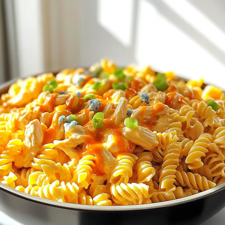 - 2 cups rotini pasta - 1 pound boneless, skinless chicken breasts - 1 cup buffalo sauce - 4 cups chicken broth - 1 tablespoon olive oil - 1 teaspoon garlic powder - 1 teaspoon onion powder - 1/2 teaspoon paprika - Salt and pepper to taste - 1 cup heavy cream - 1 cup shredded cheddar cheese - 1/2 cup blue cheese crumbles - Chopped green onions for garnish In this recipe, you will need rotini pasta, which holds sauce well. Use one pound of boneless chicken breasts, cut into bite-sized pieces. The buffalo sauce adds a spicy kick. Chicken broth creates a rich base for the pasta. For seasoning, olive oil helps brown the chicken. Garlic and onion powders add depth. Paprika gives a nice color and flavor. Adjust salt and pepper to your taste. If you want to make it creamy, add heavy cream and cheddar cheese. Blue cheese crumbles offer a bold taste. Finally, garnish with chopped green onions for freshness. This simple list covers all you need for a tasty meal. Let’s get cooking! - First, heat one tablespoon of olive oil in a large pot over medium heat. - Cut one pound of boneless, skinless chicken breasts into bite-sized pieces. - Season the chicken with one teaspoon of garlic powder, one teaspoon of onion powder, and half a teaspoon of paprika. Add salt and pepper to taste. - Cook the chicken until it is browned and cooked through. This takes about six to eight minutes. - Once the chicken is ready, stir in one cup of buffalo sauce. Cook for two more minutes. - Next, add four cups of chicken broth and bring the mixture to a boil. - When it boils, add two cups of rotini pasta. Cover the pot and reduce the heat to a simmer. - Cook the pasta covered for about ten to twelve minutes. Stir occasionally to keep it from sticking. - After the pasta is tender, reduce the heat to low. Stir in one cup of heavy cream and one cup of shredded cheddar cheese. Mix until it is melted and creamy. - If you like, fold in half a cup of blue cheese crumbles for extra flavor. Adjust the taste with more buffalo sauce or seasoning as needed. - Serve the dish hot and garnish with chopped green onions. Enjoy your creamy buffalo chicken pasta! To get the best sauce, you can adjust the buffalo sauce. Start with one cup and taste it. If you like it spicier, add more. For creaminess, use heavy cream. It blends well with the buffalo sauce and cheese. Stir it in slowly to avoid lumps. To ensure pasta doesn’t stick, stir it often while it cooks. Use a larger pot to give the pasta room. For cooking chicken thoroughly, cut it into small pieces. Cook it until it turns golden brown. This keeps it juicy and safe to eat. Garnish your dish with chopped green onions. They add a nice color and fresh taste. You can serve it in a large bowl or individual plates. Pair it with a side salad or some crusty bread. This makes your meal look great and adds more flavor. {{image_2}} You can change the pasta type if you want. Try penne, farfalle, or even gluten-free pasta. Each choice gives a new texture. If you want to swap the chicken, use turkey or shrimp. You can also use tofu if you want a plant-based option. To control the heat, adjust the buffalo sauce. Start with less sauce if you prefer mild flavors. You can also add more cream to tone down the spice. For extra flavor, consider adding vegetables. Bell peppers, spinach, or zucchini work well. If you want a vegetarian dish, replace the chicken with chickpeas or mushrooms. Both give great texture and flavor. Use vegetable broth instead of chicken broth. To enhance flavors, add herbs like thyme or basil. These additions make the dish rich and satisfying without meat. Store your leftover creamy buffalo chicken pasta in the fridge. Use an airtight container to keep it fresh. This dish lasts for about three to four days in the fridge. Make sure the pasta cools down before sealing it. To reheat, use a microwave or a stovetop. If you use a microwave, heat in short bursts. Stir often to heat evenly. When using the stovetop, add a splash of chicken broth or cream. This helps maintain the creaminess. Heat gently over low heat, stirring frequently. You can freeze creamy buffalo chicken pasta, but it’s best to freeze it before adding cream or cheese. Use a freezer-safe container or bag. It lasts up to three months in the freezer. To thaw, place it in the fridge overnight. Heat thoroughly before serving. This dish takes about 30 minutes to make. You need 10 minutes to prep. The cooking time is around 20 minutes. This includes browning the chicken and cooking the pasta. Yes, you can make this dish ahead of time. Store leftovers in an airtight container. Keep it in the fridge for up to three days. To reheat, warm it gently on the stove or in the microwave. Add a splash of chicken broth for creaminess. This pasta pairs well with several sides. Consider a fresh green salad for a light touch. Garlic bread also makes a great side. You can add some veggies for extra flavor and color. This blog post explored how to make One Pot Creamy Buffalo Chicken Pasta. We covered key ingredients like pasta, chicken, and buffalo sauce. I provided step-by-step instructions to cook this delicious meal and added tips to enhance flavor and presentation. Feel free to try ingredient swaps for more variety or to suit your taste. Remember, storage tips help keep your leftovers fresh. Enjoy this easy yet tasty dish, perfect for any night!
