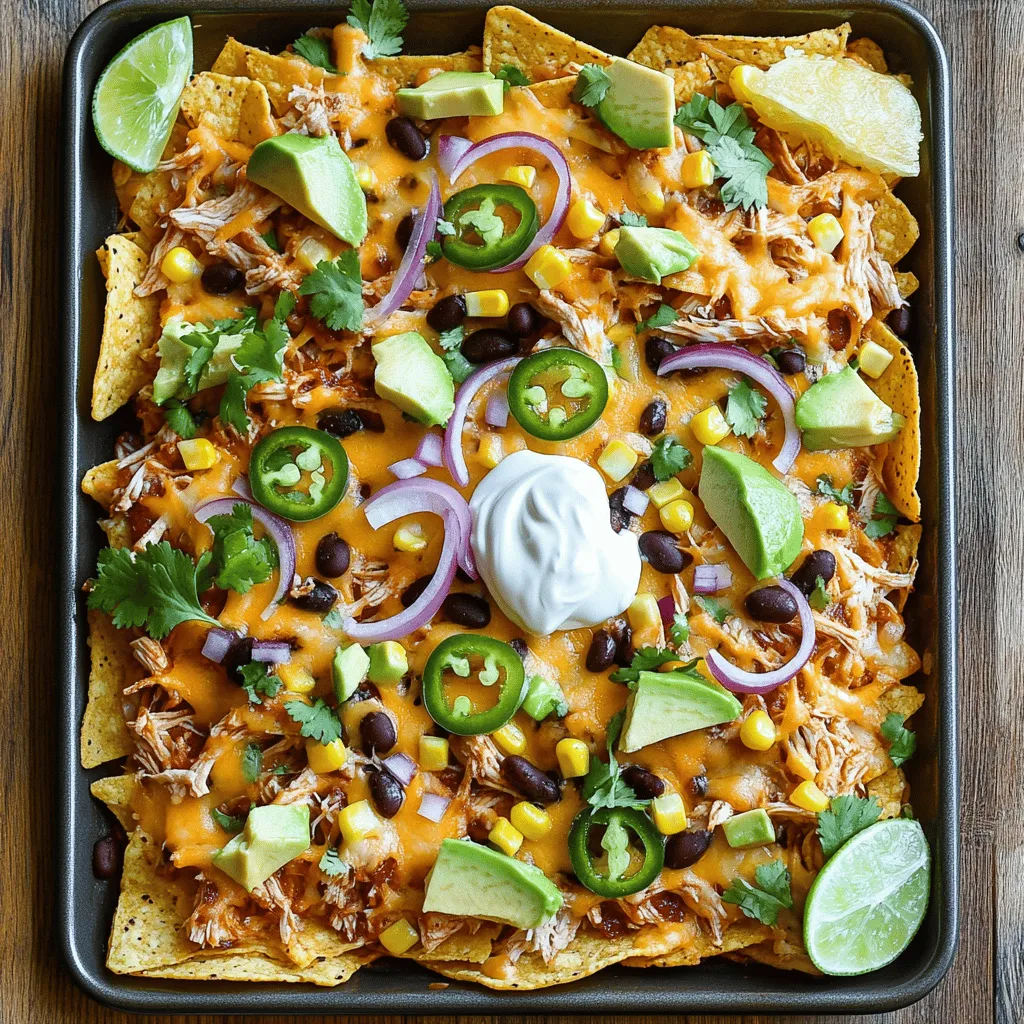 - 2 cups shredded cooked chicken - 1 cup BBQ sauce (your favorite brand) - 1 bag tortilla chips (12 oz) - 1 ½ cups shredded cheddar cheese - 1 cup black beans, drained and rinsed - 1 cup corn (fresh, canned, or frozen) - ½ red onion, thinly sliced - 1 jalapeño, sliced (optional for heat) - ½ cup sour cream - ½ cup diced fresh cilantro - 1 avocado, diced - Lime wedges for serving The main ingredients bring the heart of the dish. The shredded cooked chicken adds protein and flavor. Mix it with your favorite BBQ sauce for a sweet and tangy kick. The tortilla chips give a crunchy base for all the toppings. For toppings, I love using shredded cheddar cheese. It melts beautifully and adds richness. Black beans offer a hearty texture and a boost of fiber. Corn adds a touch of sweetness. You can use fresh, canned, or frozen corn depending on what you have. Garnishes make this dish pop. Sliced red onion gives a sharp bite, while jalapeños add heat. Fresh cilantro brightens the flavors. Diced avocado adds creaminess, and lime wedges give a zesty finish. Serve it all together for a fun and flavorful meal! 1. Preheat your oven to 400°F (200°C). This helps cook the nachos evenly and melts the cheese perfectly. 2. In a medium bowl, mix the shredded cooked chicken with your favorite BBQ sauce. Make sure all the chicken is coated well. This adds great flavor to your nachos. 1. On a large sheet pan, spread out the tortilla chips in an even layer. This makes sure every chip gets some topping. 2. Evenly distribute the BBQ chicken over the chips. This is where the fun begins; your nachos start to take shape! 3. Sprinkle the black beans and corn evenly on top of the chicken. These add texture and nutrition. 4. Add thin slices of red onion and jalapeño for an extra kick. If you love heat, don't skip the jalapeño! 5. Generously sprinkle shredded cheddar cheese over the entire pan. Cheese is the star here, so don't hold back! 1. Bake in the preheated oven for 10-12 minutes. Keep an eye on them until the cheese melts and bubbles. The aroma will be amazing! 2. Remove the nachos from the oven and let them cool for a minute. This prevents burning your mouth on hot cheese. 3. Drizzle sour cream over the top. Then, garnish with diced avocado and fresh cilantro. These add freshness and creaminess. 4. Serve immediately with lime wedges on the side. A squeeze of lime gives the nachos a bright finish. Enjoy your tasty creation! When picking a BBQ sauce, think about the flavor. Do you want sweet, smoky, or tangy? Each type can change how your nachos taste. Sweet sauces work well with chicken. Smoky sauces add depth, while tangy sauces give a nice kick. You can use store-bought sauces for ease. They save time and taste great. However, making your own sauce can be fun. A homemade sauce lets you control the taste. You can mix ingredients like ketchup, vinegar, and spices to craft your perfect BBQ flavor. Layering is key for great nachos. Start with a base of tortilla chips. Spread them evenly for the best crunch. Then, add your BBQ chicken. Make sure every chip gets some chicken. Next, sprinkle black beans and corn to add texture and flavor. If you have more guests, adjust the layers. Use more chips and toppings as needed. For fewer people, you can scale down. Just keep the layers balanced to ensure every bite is tasty. Nachos can be a fun meal on their own. But you can make them even better with dips or sides. Sour cream is a must for a creamy touch. Guacamole or salsa also pairs well. To create a complete meal, serve with a fresh salad or fruit. This adds color and nutrition. Lime wedges can brighten the flavor. Squeeze some lime juice over the nachos for an extra zing! {{image_2}} You can switch the chicken for pulled pork or beef. Both choices add rich flavors and textures. For a vegetarian option, try using black beans or tofu. They absorb the BBQ sauce well and add protein. Feel free to mix up the cheese. Pepper jack brings heat and creaminess. You can also add bell peppers or jalapeños for extra crunch. These toppings make your nachos even more colorful and fun. If you want a low-carb option, use cheese crisps or veggie chips instead of tortilla chips. They still give you that satisfying crunch. You can also make a deconstructed nacho salad. Just layer the ingredients in a bowl. Enjoy the same great taste without the carbs! To store your nachos, first let them cool. Place them in an airtight container. This keeps them fresh. You can store them in the fridge for up to three days. After that, they may lose their taste and texture. When it comes to reheating, you have two options: the oven or the microwave. The oven works best for keeping the crunch. Preheat your oven to 350°F (175°C). Place the nachos on a baking sheet and heat for about 10 minutes. If you use the microwave, heat in short bursts of 30 seconds. This helps avoid soggy chips. Add a bit of extra cheese before reheating for a tasty touch. To freeze nachos, assemble them as you normally would. Then, place them in a freezer-safe container. This helps maintain their flavor and texture. You can freeze them for up to a month. When ready to eat, thaw them in the fridge overnight. Reheat in the oven at 350°F (175°C) for about 15 minutes. This method will keep them as tasty as fresh nachos. Yes, you can use frozen chicken. Just cook it first. You can bake, boil, or use a slow cooker. Make sure it reaches 165°F (75°C) for safety. Shred it once it cools. Then mix it with BBQ sauce as directed in the recipe. Use your favorite BBQ sauce for the best taste. I love a sweet and smoky sauce. It adds great flavor to the chicken. You can also try a tangy or spicy sauce to match your taste. Look for quality sauces with natural ingredients. To add heat, use more jalapeños. Sliced fresh jalapeños work well. You can also add sliced serrano peppers for extra spice. Consider using a spicy BBQ sauce too. Another option is to sprinkle crushed red pepper flakes on top. Yes, you can prep the nachos in advance. Layer the chips and toppings on the sheet pan. Cover it with plastic wrap and store it in the fridge. Bake them right before serving. This keeps the chips crisp and the flavors fresh. This blog post covered how to create delicious nachos using shredded chicken, BBQ sauce, and tortilla chips. We discussed toppings like cheese, black beans, and corn while adding garnishes like jalapeños and cilantro. You learned about prep steps, baking tips, and variations for proteins and toppings. In the end, nachos are fun to make and enjoy. Feel free to explore your creativity with different ingredients and flavors. Happy cooking!