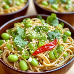 To make Minute Chili Garlic Edamame Noodles, gather these key ingredients: - 8 oz soba noodles - 1 cup shelled edamame (fresh or frozen) - 3 tablespoons sesame oil - 4 cloves garlic, minced - 1-2 red chili peppers, finely sliced (adjust for spice preference) - 3 tablespoons soy sauce (or tamari for gluten-free) - 1 tablespoon rice vinegar - 2 green onions, sliced - 1 tablespoon sesame seeds (for garnish) - Fresh cilantro (optional, for garnish) You can make this dish your own by swapping some ingredients. Here are a few ideas: - Use rice noodles instead of soba noodles for a gluten-free option. - Swap edamame with peas or chickpeas for a different taste. - Try olive oil if you don’t have sesame oil on hand. - For a milder flavor, replace red chili peppers with bell peppers or leave them out. - Use coconut aminos in place of soy sauce for a lighter taste. Pair your noodles with tasty dips or sides. Here are some great options: - Serve with a side of soy sauce for dipping. - Try sweet chili sauce for a sweet twist. - A light cucumber salad complements the noodles well. - Grilled veggies make a nice side dish for more flavor. - A bowl of miso soup can enhance your meal and add warmth. Start by boiling a large pot of salted water. Add 8 oz of soba noodles. Cook them for about 4-5 minutes. Check the package for exact times. When the noodles are done, they should be tender but firm. In the last 2 minutes of cooking, add 1 cup of shelled edamame. This adds great color and protein. Drain the noodles and edamame well. Rinse them under cold water to stop the cooking process. When you add the edamame during the last two minutes, it cooks perfectly. This method keeps the edamame bright green and crisp. The noodles and edamame will mix well later. This step is key for flavor and texture. The edamame adds protein, making the dish more filling. While the noodles cook, grab a large skillet. Heat 3 tablespoons of sesame oil over medium heat. Add 4 minced garlic cloves and 1-2 finely sliced red chili peppers. Sauté these for 1-2 minutes. You want them fragrant but not browned. This step builds the sauce's base flavor. Once done, add the drained noodles and edamame to the skillet. Drizzle with 3 tablespoons of soy sauce and 1 tablespoon of rice vinegar. Toss everything gently until well mixed. This is where the magic happens! The noodles soak up all the flavors. To get the best flavor, use fresh garlic and good-quality sesame oil. Fresh garlic adds a strong taste. The sesame oil should be toasted for a nutty depth. Adjust the chili peppers to your spice level. More peppers mean more heat. If you love a kick, don't hold back! For perfect soba noodles, watch the cooking time. They cook fast, usually in just 4-5 minutes. Test them a minute before the package says they should be done. Drain and rinse them under cold water to stop cooking. This keeps them firm and prevents mushiness. Presentation is key for a great meal. Serve the noodles in deep bowls for a nice look. Top with green onions and sesame seeds for texture. Add a few slices of chili on top for color. Fresh cilantro adds a pop of green and a fresh taste. Make your dish look as good as it tastes! {{image_2}} This dish is already vegan-friendly. Soba noodles and edamame fit perfectly into a plant-based diet. If you want, you can swap the soy sauce for tamari. This makes the dish gluten-free, too. Add more veggies if you like. Try bell peppers or snap peas for extra crunch. If you crave more protein, add some tofu. Firm tofu works best. Cut it into cubes and sauté it in sesame oil. You can cook it before adding to the noodle mix. You can also use chicken or shrimp if you prefer. Just make sure to cook them fully before mixing. Adjusting the spice level is easy. If you want more heat, add more chili peppers. You can also use chili paste or hot sauce. Start with a small amount, then taste as you go. For less heat, remove the seeds from the chili peppers. You can also skip them altogether. Enjoy creating your perfect heat level! To store your leftover Minute Chili Garlic Edamame Noodles, let them cool first. Place the noodles in an airtight container. Make sure to seal it well to keep air out. They will stay fresh in the fridge for up to three days. I like to label the container with the date, so I know when I made them. When you're ready to eat the leftovers, take them out of the fridge. You can reheat them in a skillet over medium heat. Add a splash of water or a bit of sesame oil to keep them moist. Stir until they are heated through. You can also use the microwave for quick reheating. Just cover the bowl and heat for one minute. Stir and check if they are warm enough. If you want to freeze the noodles, it’s best to do this before adding the sauce. Cook the soba noodles and edamame, then let them cool completely. Place the mixture in a freezer-safe bag. Remove as much air as possible before sealing it. They will last for about one month in the freezer. When you’re ready to enjoy them, thaw overnight in the fridge and reheat as usual. Yes, you can use other noodles for this dish. Rice noodles, udon, or whole wheat noodles work well. Each type gives a different texture and taste. Just adjust the cooking time based on the noodle type you choose. Leftovers last about three days in the fridge. Store them in an airtight container to keep them fresh. When you're ready to eat, simply reheat in a pan or microwave. The flavors will still be great! You can serve these noodles with grilled chicken or shrimp for extra protein. They also pair nicely with a side salad or steamed vegetables. Try adding crushed peanuts or sesame seeds on top for more crunch. You can also enjoy them cold as a refreshing noodle salad! In this blog post, we explored ingredients and easy steps for chili garlic edamame noodles. We discussed key substitutions and how to cook the noodles and edamame. Tips for flavor and a pretty plate added extra flair. I shared vegan options and ways to adjust spice levels too. Remember, leftovers can be stored, reheated, and even frozen for later. Enjoy your tasty dish and make it your own!