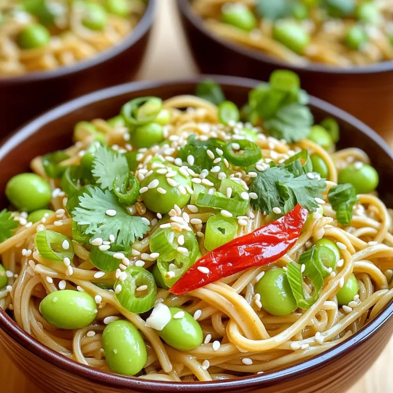 To make Minute Chili Garlic Edamame Noodles, gather these key ingredients: - 8 oz soba noodles - 1 cup shelled edamame (fresh or frozen) - 3 tablespoons sesame oil - 4 cloves garlic, minced - 1-2 red chili peppers, finely sliced (adjust for spice preference) - 3 tablespoons soy sauce (or tamari for gluten-free) - 1 tablespoon rice vinegar - 2 green onions, sliced - 1 tablespoon sesame seeds (for garnish) - Fresh cilantro (optional, for garnish) You can make this dish your own by swapping some ingredients. Here are a few ideas: - Use rice noodles instead of soba noodles for a gluten-free option. - Swap edamame with peas or chickpeas for a different taste. - Try olive oil if you don’t have sesame oil on hand. - For a milder flavor, replace red chili peppers with bell peppers or leave them out. - Use coconut aminos in place of soy sauce for a lighter taste. Pair your noodles with tasty dips or sides. Here are some great options: - Serve with a side of soy sauce for dipping. - Try sweet chili sauce for a sweet twist. - A light cucumber salad complements the noodles well. - Grilled veggies make a nice side dish for more flavor. - A bowl of miso soup can enhance your meal and add warmth. Start by boiling a large pot of salted water. Add 8 oz of soba noodles. Cook them for about 4-5 minutes. Check the package for exact times. When the noodles are done, they should be tender but firm. In the last 2 minutes of cooking, add 1 cup of shelled edamame. This adds great color and protein. Drain the noodles and edamame well. Rinse them under cold water to stop the cooking process. When you add the edamame during the last two minutes, it cooks perfectly. This method keeps the edamame bright green and crisp. The noodles and edamame will mix well later. This step is key for flavor and texture. The edamame adds protein, making the dish more filling. While the noodles cook, grab a large skillet. Heat 3 tablespoons of sesame oil over medium heat. Add 4 minced garlic cloves and 1-2 finely sliced red chili peppers. Sauté these for 1-2 minutes. You want them fragrant but not browned. This step builds the sauce's base flavor. Once done, add the drained noodles and edamame to the skillet. Drizzle with 3 tablespoons of soy sauce and 1 tablespoon of rice vinegar. Toss everything gently until well mixed. This is where the magic happens! The noodles soak up all the flavors. To get the best flavor, use fresh garlic and good-quality sesame oil. Fresh garlic adds a strong taste. The sesame oil should be toasted for a nutty depth. Adjust the chili peppers to your spice level. More peppers mean more heat. If you love a kick, don't hold back! For perfect soba noodles, watch the cooking time. They cook fast, usually in just 4-5 minutes. Test them a minute before the package says they should be done. Drain and rinse them under cold water to stop cooking. This keeps them firm and prevents mushiness. Presentation is key for a great meal. Serve the noodles in deep bowls for a nice look. Top with green onions and sesame seeds for texture. Add a few slices of chili on top for color. Fresh cilantro adds a pop of green and a fresh taste. Make your dish look as good as it tastes! {{image_2}} This dish is already vegan-friendly. Soba noodles and edamame fit perfectly into a plant-based diet. If you want, you can swap the soy sauce for tamari. This makes the dish gluten-free, too. Add more veggies if you like. Try bell peppers or snap peas for extra crunch. If you crave more protein, add some tofu. Firm tofu works best. Cut it into cubes and sauté it in sesame oil. You can cook it before adding to the noodle mix. You can also use chicken or shrimp if you prefer. Just make sure to cook them fully before mixing. Adjusting the spice level is easy. If you want more heat, add more chili peppers. You can also use chili paste or hot sauce. Start with a small amount, then taste as you go. For less heat, remove the seeds from the chili peppers. You can also skip them altogether. Enjoy creating your perfect heat level! To store your leftover Minute Chili Garlic Edamame Noodles, let them cool first. Place the noodles in an airtight container. Make sure to seal it well to keep air out. They will stay fresh in the fridge for up to three days. I like to label the container with the date, so I know when I made them. When you're ready to eat the leftovers, take them out of the fridge. You can reheat them in a skillet over medium heat. Add a splash of water or a bit of sesame oil to keep them moist. Stir until they are heated through. You can also use the microwave for quick reheating. Just cover the bowl and heat for one minute. Stir and check if they are warm enough. If you want to freeze the noodles, it’s best to do this before adding the sauce. Cook the soba noodles and edamame, then let them cool completely. Place the mixture in a freezer-safe bag. Remove as much air as possible before sealing it. They will last for about one month in the freezer. When you’re ready to enjoy them, thaw overnight in the fridge and reheat as usual. Yes, you can use other noodles for this dish. Rice noodles, udon, or whole wheat noodles work well. Each type gives a different texture and taste. Just adjust the cooking time based on the noodle type you choose. Leftovers last about three days in the fridge. Store them in an airtight container to keep them fresh. When you're ready to eat, simply reheat in a pan or microwave. The flavors will still be great! You can serve these noodles with grilled chicken or shrimp for extra protein. They also pair nicely with a side salad or steamed vegetables. Try adding crushed peanuts or sesame seeds on top for more crunch. You can also enjoy them cold as a refreshing noodle salad! In this blog post, we explored ingredients and easy steps for chili garlic edamame noodles. We discussed key substitutions and how to cook the noodles and edamame. Tips for flavor and a pretty plate added extra flair. I shared vegan options and ways to adjust spice levels too. Remember, leftovers can be stored, reheated, and even frozen for later. Enjoy your tasty dish and make it your own!
