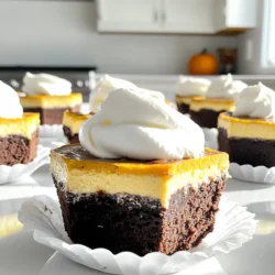 - 1/2 cup unsalted butter, melted - 1 cup granulated sugar - 2 large eggs - 1 teaspoon vanilla extract - 1/3 cup unsweetened cocoa powder - 1/2 cup all-purpose flour - 1/4 teaspoon salt - 1/4 teaspoon baking powder The brownie base gives these cups their rich, chocolatey flavor. Start with unsalted butter, which adds a creamy touch. Melt it first, then mix it well with granulated sugar. This step helps create a soft texture. Next, crack in two large eggs and add vanilla extract for flavor. Mix until smooth. In another bowl, whisk together the dry ingredients: unsweetened cocoa powder, all-purpose flour, salt, and baking powder. Combine the wet and dry mixtures gently. Overmixing can lead to tough brownies, so just stir until everything is combined. - 8 oz cream cheese, softened - 1/4 cup granulated sugar - 1/2 cup pumpkin puree - 1 large egg - 1 teaspoon vanilla extract - 1 teaspoon pumpkin pie spice The pumpkin cheesecake layer brings warmth and creaminess. Begin with softened cream cheese. This makes it easier to blend smoothly with the sugar. Mix until creamy, then add in pumpkin puree, which gives that lovely fall flavor. Add one egg for richness and vanilla extract for more flavor. Lastly, sprinkle in pumpkin pie spice for that classic taste. Mix until well combined, and you’ll have a luscious layer to top your brownies. These ingredients come together to create a fun treat perfect for fall. Enjoy baking these delightful cups! First, set your oven to 350°F (175°C). This temperature helps the brownie cups bake evenly. While the oven warms, line a muffin tin with cupcake liners. This makes it easy to remove the cups later. In a medium bowl, mix the melted butter and sugar well. Add two large eggs and one teaspoon of vanilla extract, stirring until the mixture is smooth. In another bowl, whisk together 1/3 cup cocoa powder, 1/2 cup flour, 1/4 teaspoon salt, and 1/4 teaspoon baking powder. Then, slowly add this dry mix to your wet mix. Stir until just combined. Spoon about one tablespoon of the brownie batter into each cupcake liner. Use the back of a spoon to spread it evenly. Next, make the pumpkin cheesecake layer. In a mixing bowl, beat 8 ounces of softened cream cheese with 1/4 cup sugar until it is smooth. Add 1/2 cup pumpkin puree, one egg, one teaspoon vanilla extract, and one teaspoon pumpkin pie spice. Mix until fully combined. Spoon this mixture over the brownie layer in each cup, filling them about 2/3 full. Place the muffin tin in your preheated oven. Bake for 20-25 minutes. The edges should be set, and the center will have a slight jiggle. When done, take the tin out and let the cups cool for about 10 minutes. Transfer them to a wire rack to cool completely. Enjoy the delightful flavors of these pumpkin cheesecake brownie cups! How do I check doneness? To know if the brownies are done, look for firm edges. The center should jiggle slightly. This means they are baked just right. You can use a toothpick too. Insert it in the center; if it comes out wet, bake a bit longer. How do I avoid overmixing? Mix the brownie batter until the dry ingredients are just blended. Overmixing can make the brownies tough. Remember, lumps are okay. The final texture should be rich and fudgy. How do I get a smooth mixture? Start with softened cream cheese. Beat it with sugar until creamy. Add the other ingredients slowly. This helps blend them without lumps. Mix just until combined for the best texture. What flavor enhancements can I use? Try adding a pinch of salt to balance sweetness. A dash of vanilla can boost flavor. For extra warmth, consider more pumpkin pie spice. These small tweaks make a big difference. What are some presentation ideas? Serve in the cupcake liners for a fun look. Top with whipped cream for sweetness. Dust a little cinnamon on top for flair. Use colorful sprinkles to brighten the dish. What are good pairing options? Pair these cups with hot cider or pumpkin spice lattes. They also go well with vanilla ice cream. The creamy flavors complement each other beautifully. You can even add a side of fresh fruit for a fresh touch. {{image_2}} You can easily change the flavors in your Pumpkin Cheesecake Brownie Cups. Adding chocolate chips gives a lovely twist. Just toss in half a cup to the brownie mix before you bake. The chocolate pairs well with pumpkin and adds a rich taste. You can also play with spices. Instead of pumpkin pie spice, try cinnamon or nutmeg. You could even add a pinch of ginger for a warm kick. Each option brings a new flavor that makes your cups unique. If you need gluten-free options, swap out all-purpose flour. Almond flour or oat flour works great. You can also use a gluten-free blend. This way, everyone can enjoy these tasty treats. For a dairy-free version, look for dairy-free cream cheese. Brands like Tofutti or Daiya make good options. Just follow the same steps in the recipe. You still get the creamy texture without dairy. Deciding on mini or regular size affects baking time. Mini cups bake faster, usually around 15-20 minutes. Check for doneness by looking for firm edges and a slight jiggle in the center. Serving suggestions differ by size too. Mini cups make great bite-sized treats for parties. Regular sizes are perfect for a cozy dessert at home. You can even add toppings like whipped cream or a sprinkle of cinnamon to make them special. To keep your Pumpkin Cheesecake Brownie Cups fresh, follow these tips: - Refrigeration: Place the cups in an airtight container. They stay good for up to 5 days in the fridge. This helps keep them moist and tasty. - Freezing Advice: If you want to save some for later, wrap each cup in plastic wrap. Then, store them in a freezer-safe bag. They can last up to 3 months in the freezer. Just remember to label the bag with the date. When it's time to enjoy your treats again, here’s how to reheat them while keeping their great taste: - Methods for Maintaining Texture: The best way to reheat is in the oven. Preheat your oven to 300°F (150°C). Place the cups on a baking sheet. This method warms them gently and keeps the brownie base soft. - Recommended Time and Temperature: Heat for about 10-15 minutes. Keep an eye on them to avoid drying out. You want them warm but still moist and delicious. Yes, you can use canned pumpkin puree. Canned pumpkin is easy and quick. It saves time in the kitchen. Just make sure to choose pure pumpkin, not pumpkin pie filling. If you want to use fresh pumpkin, roast and blend it until smooth. Both options work well in these brownie cups. You can tell the cups are done by checking the edges. They should be set and look firm. The center may still jiggle a bit, and that is okay! When you take them out, they will firm up as they cool. Keep an eye on them, and don’t overbake. Absolutely! You can make these cups a day in advance. Just bake them, cool completely, and store them in the fridge. Cover them well to keep them fresh. When you are ready to serve, you can add whipped cream or cinnamon on top. I like to serve them chilled or at room temperature. Add a dollop of whipped cream for a treat! A sprinkle of cinnamon or nutmeg adds a nice touch too. These cups are perfect for fall gatherings or a cozy night in. Enjoy them with a warm drink! This article covered how to make delicious Pumpkin Cheesecake Brownie Cups. We discussed all the key ingredients, from the rich brownie base to the creamy cheesecake layer. I shared step-by-step instructions for baking and cooling, plus tips to perfect each part. In closing, these treats are not just fun to make; they taste amazing too. Don't hesitate to experiment with flavors and sizes. Enjoy every bite, and share them with others for a delightful treat!