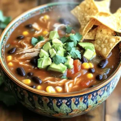 - 1 pound boneless, skinless chicken breasts - 1 can (15 oz) black beans, drained and rinsed - 1 can (15 oz) corn, drained - 1 can (14.5 oz) diced tomatoes with green chilies - 1 can (15 oz) tomato sauce - 1 cup chicken broth - 1 medium onion, diced - 2 cloves garlic, minced - 2 tablespoons chipotle peppers in adobo sauce - 1 tablespoon ground cumin - 1 tablespoon chili powder - Fresh cilantro, for garnish - 1 avocado, diced (optional) - Tortilla chips, for serving This soup needs simple and tasty ingredients. The chicken gives it a hearty base. Black beans and corn add fiber and sweetness. Diced tomatoes with green chilies bring a nice heat. Tomato sauce deepens the flavor, while chicken broth keeps it rich. Fresh onion and garlic add a lovely aroma. Chipotle peppers pack a spicy punch. Cumin and chili powder lift the flavor even more. You can adjust the spice by adding more or less chipotle. For a fun touch, add diced avocado and cilantro on top. Tortilla chips add a delightful crunch. This is a well-rounded meal that warms your heart and fills your belly. - Season chicken with salt, pepper, cumin, and chili powder. - Add onion and garlic to the slow cooker. To start, I season the chicken. I use salt, pepper, cumin, and chili powder. This gives the chicken a nice flavor. Next, I chop the onion and mince the garlic. I add them right into the slow cooker on top of the chicken. The smell will make you hungry! - Pour in black beans, corn, diced tomatoes, tomato sauce, and chicken broth. - Stir in minced chipotle peppers. Now, I pour in black beans and corn. Then, I add the diced tomatoes, tomato sauce, and chicken broth. These ingredients make the soup hearty and filling. Finally, I stir in the minced chipotle peppers. This is where the magic happens! The peppers add a spicy kick that makes this soup special. - Set slow cooker on low for 6 hours or high for 3 hours. - Shred chicken after cooking and return to soup. Next, I cover the slow cooker. I set it on low for 6 hours or high for 3 hours. The chicken will cook until it is tender. After cooking, I take out the chicken and shred it with two forks. I return the shredded chicken to the soup. This step mixes all the flavors perfectly. Now, it’s time to taste the soup and adjust the seasoning if needed. Enjoy! To make this soup just right for you, tweak the heat. You can add more or fewer chipotle peppers to change the spice level. If you prefer less spice, use mild diced tomatoes. This simple switch can make a big difference in taste. Make your soup shine by using bright bowls. Top each bowl with fresh cilantro and diced avocado. Arrange tortilla chips on a platter for a fun crunch. This adds color and makes the dish more inviting. Shredding chicken can be easy with the right method. After cooking, use two forks to pull the chicken apart gently. This gives you tender, bite-sized pieces. To keep the beans and corn from getting mushy, add them later in the cooking process. This way, they stay firm and add a nice texture to your soup. {{image_2}} You can switch the chicken for ground turkey or beef. This keeps the soup rich and tasty. Ground beef gives a heartier flavor, while turkey is leaner. You can also make it vegetarian. Replace the chicken with tofu or add more beans. Tofu takes on flavors well and gives a nice texture. Want to make it gluten-free? Use gluten-free broth and check your canned goods. You can also add seasonal veggies. Think zucchini, bell peppers, or sweet potatoes. These add color and nutrition to your soup. For a burst of brightness, add lime or lemon juice. A squeeze right before serving wakes up the flavors. You can also play with spices. Try smoked paprika for a different taste or add oregano for an herbal note. Each change makes the soup uniquely yours. Store leftover soup in the fridge. Use airtight containers for best results. I like glass containers because they are easy to clean. Allow the soup to cool before sealing it. This helps prevent excess moisture buildup. Yes, you can freeze chipotle chicken taco soup. Pour the cooled soup into freezer-safe bags or containers. Leave some space at the top as the soup may expand. For thawing, place the soup in the fridge overnight. Reheat it on the stove or in the microwave. Stir well and heat until hot. The soup lasts about 3 to 4 days in the refrigerator. Check for signs of spoilage. If the soup smells sour or has an off color, it is best to discard it. Always trust your senses when it comes to food safety. Yes, you can make this soup ahead of time. Here are some tips for preparing it in advance: - Prep the Ingredients: Chop the onion and garlic the night before. Store them in the fridge. - Combine Everything: Put all the ingredients in the slow cooker. You can do this the night before and keep it in the fridge. - Cook It Later: In the morning, just set the slow cooker to cook. It will be ready by dinner! This soup can be spicy! It depends on how much chipotle you add. Here’s how to adjust the spice: - Mild Version: Use fewer chipotle peppers. Start with one tablespoon. - Hotter Version: Add more chipotle peppers. Just remember, they pack a punch! - Taste as You Go: Always taste the soup before serving. Adjust the spice to fit your taste. You can pair this soup with great sides and drinks. Here are some ideas: - Tortilla Chips: Crunchy chips go well with the soup. - Avocado: Diced avocado adds creaminess and flavor. - Cilantro: Fresh cilantro brightens the dish. - Drinks: Try it with a cold soda or a light beer. This blog post covered an easy and tasty chipotle chicken taco soup. We explored main and optional ingredients, plus step-by-step cooking instructions. You learned tips for adjusting spice levels and serving suggestions. You can also find variations to suit your taste. In conclusion, this recipe is flexible and fun. You can make it your own, whether you like it spicy or mild. Enjoy creating and sharing this delicious soup with friends and family!