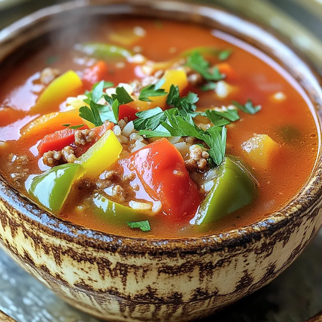 To make Slow Cooker Stuffed Pepper Soup, gather these key ingredients: - 1 pound ground beef (or turkey for a lighter option) - 1 medium onion, diced - 2 cloves garlic, minced - 3 bell peppers (red, green, yellow), chopped - 1 can (15 oz) diced tomatoes - 1 can (15 oz) tomato sauce - 3 cups beef or vegetable broth - 1 cup uncooked rice (white or brown) - 2 tablespoons Italian seasoning - 1 teaspoon smoked paprika - Salt and pepper to taste - Fresh parsley, chopped (for garnish) You can swap some ingredients based on your taste or what you have. Use ground turkey instead of beef. This makes the soup lighter. If you want a vegetarian option, use lentils or beans in place of meat. For the broth, vegetable broth works well too. You can use any color of bell peppers. Each color adds a different flavor. If you don’t have Italian seasoning, mix dried oregano and basil instead. Want to add more flavor or nutrition? Try these options: - Add corn for sweetness and texture. - Toss in black beans for protein and fiber. - Use zucchini or carrots for extra veggies. - Sprinkle some cheese on top for creaminess. - A dash of hot sauce brings heat if you like spice. These additions make the soup even more tasty and fun! Start by browning the meat. Use a large skillet over medium heat. Add one pound of ground beef or turkey. Cook it until it turns brown. Break the meat into small pieces as it cooks. This helps it mix well later. After browning, drain any excess fat. Next, add one diced onion and two minced garlic cloves to the skillet. Cook them for about three to four minutes. You want the onion to turn clear. This adds great flavor to your soup. Now, it’s time to bring everything together. In your slow cooker, add the browned meat and onion mix. Then, chop up three bell peppers. You can use red, green, or yellow ones. Toss these into the slow cooker too. Next, pour in one can of diced tomatoes with their juices. Add one can of tomato sauce and three cups of broth. You can use beef or vegetable broth. Now, stir in one cup of uncooked rice. Add two tablespoons of Italian seasoning and one teaspoon of smoked paprika. Sprinkle salt and pepper to taste. Mix everything well to combine all the ingredients. Cover the slow cooker and set it to cook. You can choose low for six to eight hours or high for four to five hours. The rice should be tender when it’s ready. Halfway through cooking, check to see if it needs more seasoning. It’s a good time to taste it. Once cooked, give it a good stir before serving. If you like, garnish with fresh parsley for color and flavor. Enjoy your warm and tasty soup! To boost the taste of your soup, try adding fresh herbs. Basil or oregano can add a nice touch. You can also use different spices. A dash of cayenne pepper gives heat. If you want a sweet note, add a bit of sugar. This can balance out the acidity from the tomatoes. For a creamier texture, stir in a bit of cream or sour cream just before serving. This adds richness and makes the soup feel cozy. If you prefer a chunkier soup, reduce the amount of broth slightly. You can also add more veggies like corn or carrots for extra texture. One common mistake is overcooking the rice. If you leave it too long, it can get mushy. Make sure to check the rice at the end of cooking. Also, watch the seasoning. It’s easy to under-season. Taste your soup before serving and add more salt or pepper if needed. {{image_2}} You can easily make this soup vegetarian or vegan. Simply replace the ground beef with a mix of beans, like black beans or kidney beans. These add protein and fiber. For a vegan option, use vegetable broth instead of beef broth. You can also skip the cheese and use avocado for creaminess. If you want a different flavor, try using ground turkey or chicken. Both options are lighter and just as tasty. You can also use sausage for a spicy kick. Just remember to adjust the seasonings to match the meat's flavor. Feel free to add more veggies for extra nutrition. Carrots and corn work great in this soup. You can also include zucchini or spinach for added color and health benefits. Just chop them small so they cook well in the slow cooker. To keep your stuffed pepper soup fresh, let it cool first. Pour the soup into an airtight container. Seal it well to keep out air. Store it in the fridge for up to four days. This soup tastes even better the next day as the flavors mix. You can freeze this soup for later. Use freezer-safe containers or bags. Make sure to leave space at the top, as soup expands when frozen. Label the containers with the date. This soup can last up to three months in the freezer. When you are ready to eat it, just thaw it overnight in the fridge. To reheat, pour the soup into a pot. Heat it on medium until it bubbles. Stir often to avoid sticking. You can also microwave it in a bowl. Cover the bowl with a lid or a plate. Heat in short bursts, stirring in between. This way, the soup warms evenly. Enjoy your warm bowl of comfort! Yes, you can use cooked rice. Just add it in the last hour of cooking. This way, it warms up without getting mushy. If you use cooked rice, reduce the cooking time. This keeps the rice from breaking apart and losing texture. I love serving this soup hot. You can add some fresh parsley on top for color. A sprinkle of cheese also makes it extra tasty. Serve it with crusty bread or a side salad. This adds a nice crunch to each bite. Leftovers can last about 3 to 4 days in the fridge. Store it in an airtight container. If you want it to last longer, consider freezing it. Just thaw it in the fridge before reheating. It's always good to check for any odd smells or changes before eating. In this blog post, we explored simple ingredients, step-by-step instructions, and handy tips for crafting Slow Cooker Stuffed Pepper Soup. I shared ways to adjust flavors, change up the recipe, and store leftovers properly. Remember, cooking should be fun and easy! Use these ideas to make your own delicious version. The joy of cooking is all about creativity and making a dish that you love. Have fun in the kitchen!