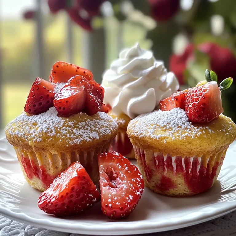 To make strawberry shortcake muffins, you need the following ingredients: - 2 cups all-purpose flour - 1 cup granulated sugar - 1 tablespoon baking powder - ½ teaspoon salt - 1 cup buttermilk - ½ cup unsalted butter, melted - 2 teaspoons vanilla extract - 1 large egg - 1 ½ cups fresh strawberries, hulled and quartered - 1 teaspoon cornstarch - Whipped cream for serving (optional) These ingredients create a soft and sweet muffin. The strawberries give a fresh taste. The buttermilk adds moisture for a tender crumb. If you need to swap some ingredients, here are some ideas: - Flour: Use whole wheat flour for a nuttier flavor. - Sugar: Try brown sugar for a richer taste. - Buttermilk: Mix regular milk with a little lemon juice for a quick substitute. - Butter: Coconut oil can replace butter for a dairy-free option. These swaps can change the flavor and texture but still keep your muffins tasty. To bake these muffins, you will need: - Muffin tin - Paper liners or cooking spray - Mixing bowls - Whisk - Rubber spatula - Measuring cups and spoons Having the right tools makes the baking process easier and more fun. Make sure to gather everything before starting. Start by getting your oven ready. Preheat it to 375°F (190°C). Next, line your muffin tin with paper liners or lightly grease it. This helps the muffins release easily after baking. In a large bowl, whisk together the dry ingredients. Combine 2 cups of flour, 1 cup of sugar, 1 tablespoon of baking powder, and ½ teaspoon of salt. Mix these well until they blend completely. Now, in another bowl, mix the wet ingredients. Pour in 1 cup of buttermilk, ½ cup of melted unsalted butter, 2 teaspoons of vanilla extract, and 1 large egg. Stir until smooth. Next, pour the wet mix into the dry mix. Gently stir until just combined. Be careful not to overmix; lumps are fine. Now, prepare your strawberries. Take 1 ½ cups of fresh strawberries, hull them, and quarter them. Toss them with 1 teaspoon of cornstarch in a small bowl. This step keeps the strawberries from sinking to the bottom of the muffins. Gently fold the strawberries into the batter. Make sure they are evenly distributed for great flavor in every bite. Divide the batter among the muffin cups. Fill each cup about ¾ full to allow room for rising. Bake the muffins in your preheated oven for 18-22 minutes. They should turn golden brown, and a toothpick should come out clean when inserted into the center. Once done, take them out and let the muffins cool in the pan for about 5 minutes. Then, transfer them to a wire rack to cool completely. Enjoy your fresh strawberry shortcake muffins warm or at room temperature. A dollop of whipped cream on top makes them even better. To make your muffins soft and fluffy, follow these steps: - Use room temperature ingredients. This helps them mix better. - Do not overmix the batter. Stir until just combined. Lumps are okay. - Fill muffin cups to about ¾ full. This gives them room to rise. Here are some pitfalls that can ruin your muffins: - Skipping the cornstarch on strawberries. This helps keep them from sinking. - Not checking your oven temperature. An oven thermometer can help. - Opening the oven door too soon. This can cause your muffins to sink. Fresh strawberries add a great flavor and look to your muffins. Here are tips for using them: - Always hull and quarter the strawberries. This makes them easier to mix in. - Toss them in cornstarch before adding to the batter. This adds a nice texture. - Use ripe strawberries for the best taste. Look for bright red berries with no bruises. {{image_2}} You can switch out strawberries for other fruits. Blueberries, raspberries, or chopped peaches work well. Each fruit adds its own flavor. For blueberries, use one cup. For raspberries, try one and a half cups. If using peaches, chop them into small pieces. To make these muffins gluten-free, replace all-purpose flour with a gluten-free blend. Use a blend that includes xanthan gum for best results. You may need to adjust baking powder to ensure the muffins rise well. Keep the other ingredients the same for great taste. Try adding a hint of lemon or almond extract for more depth. Just a teaspoon can brighten the flavor. You can also mix in a bit of cinnamon or nutmeg for warmth. Chopped nuts or chocolate chips can add texture and taste too. Use your favorite toppings for a personal touch. To keep your strawberry shortcake muffins fresh, let them cool completely. Place them in an airtight container. Store at room temperature for up to three days. If you want to keep them longer, use the freezer. Always keep them away from direct sunlight. To freeze muffins, wrap each one in plastic wrap. Then, place them in a freezer bag. Remove as much air as possible from the bag. Label it with the date. You can freeze muffins for up to three months. For best results, thaw them in the fridge overnight before eating. To reheat muffins, use the microwave or oven. If using the microwave, heat for about 10-15 seconds. Check if they are warm enough. For oven reheating, wrap in foil and bake at 350°F for about 5-10 minutes. This keeps them soft and tasty. Enjoy your muffins warm! Yes, you can use frozen strawberries. Just make sure to thaw them first. Drain any excess juice to avoid soggy muffins. Toss them with cornstarch, just like fresh ones. This helps keep the fruit from sinking. Frozen strawberries can give a nice flavor, too. To make these muffins dairy-free, swap buttermilk with almond milk or soy milk. You can add a tablespoon of vinegar to the milk. This acts like buttermilk. Use dairy-free butter or coconut oil in place of the unsalted butter. This way, you keep the muffins moist and tasty. If your muffins are too dense, you may have overmixed the batter. Mix until just combined. Adding a bit more baking powder can help give them lift. Also, check the freshness of your baking powder. Old baking powder may not rise as well. Make sure to measure ingredients accurately for the best results. In this blog post, we explored all you need to know about baking muffins from scratch. We covered the ingredients and equipment needed, step-by-step instructions, and useful tips. You learned how to avoid common mistakes and how to make tasty variations. Remember to store your muffins properly to keep them fresh. Baking should be fun and easy. With these insights, you’re ready to bake delicious muffins that everyone will enjoy! Happy baking!