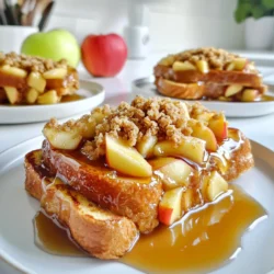 - 8 slices of thick brioche or challah bread - 2 cups milk - 4 large eggs - 1/4 cup maple syrup - 2 teaspoons vanilla extract - 1 teaspoon cinnamon - 1/2 teaspoon nutmeg For our Apple Crisp Overnight French Toast, we start with thick slices of brioche or challah bread. This bread holds the egg mixture well. Next, we need milk and eggs. These provide the creamy base that makes the dish rich. Sweeteners like maple syrup add a lovely touch of sweetness. Vanilla extract gives it a warm, inviting flavor. Lastly, spices like cinnamon and nutmeg boost the taste and aroma. - 1 cup rolled oats - 1/2 cup brown sugar - 1/4 cup all-purpose flour - 1/4 cup unsalted butter, melted - Pinch of salt For the topping, we mix rolled oats and brown sugar. This creates a delicious, crunchy layer. Adding flour helps bind the mixture. We then drizzle in melted butter for richness and a pinch of salt to enhance the flavor. This topping bakes up crispy and golden, adding texture to our dish. - 2 medium apples, peeled, cored, and diced - Optional garnishments Apples are the star of this recipe. I recommend using sweet varieties like Honeycrisp or Fuji. They add natural sweetness and hold their shape well when baked. Remember to choose ripe apples for the best flavor. For garnishments, you can add a sprinkle of cinnamon or some fresh apple slices on top. These not only look great but also add extra flavor. Start by taking a large bowl. In this bowl, whisk together the milk and eggs. Make sure they mix well. Then, add in the maple syrup, vanilla extract, cinnamon, and nutmeg. Whisk again until it is smooth and creamy. This mixture adds flavor and richness to your French toast. Next, grease a 9x13-inch baking dish with butter. Place half of the thick bread slices at the bottom. Pour half of the egg mixture over the bread slices. Make sure each piece gets soaked. Then, scatter half of the diced apples on top. Now, layer the rest of the bread on top. Pour the remaining egg mixture over this layer. Finally, add the rest of the diced apples. Gently press them down into the mixture. Cover the dish tightly with aluminum foil. Place it in the fridge to chill overnight. Soaking overnight is key. It helps the bread soak up all the flavors. This makes the French toast soft and tasty. In the morning, preheat your oven to 350°F (175°C). Remove the foil from the baking dish. Bake the French toast for 40 to 45 minutes. You want the top to be golden and crisp. Let it cool for a few minutes before serving. Enjoy your warm, delicious Apple Crisp Overnight French Toast! You can prepare this dish the night before. Store it in the fridge, covered with foil. This way, flavors blend nicely. In the morning, just pop it in the oven. Reheat at 350°F (175°C) for about 40-45 minutes to get a warm, crisp top. Soak the bread for at least 4 hours, or overnight. This helps it absorb the egg mixture well. Use thick brioche or challah bread for the best results. These breads soak up flavors and stay soft inside. For a tasty twist, add nuts like walnuts or pecans. Dried fruits, such as raisins or cranberries, can add sweetness, too. You can also change spices. Try ginger or cloves for a warm kick. Adding a pinch of nutmeg can enhance the apple flavor, making it even better. {{image_2}} You can have fun with the toppings. Try different fruits like berries or peaches. Each fruit gives a new taste. You can also mix apples for more flavor. For sweetness, use honey or agave. These add a unique twist to the dish. Experimenting keeps breakfast exciting! If you need gluten-free options, use gluten-free bread. Many brands taste great and hold up well. For dairy-free, swap milk for almond or oat milk. Use a dairy-free butter substitute too. These changes let everyone enjoy this dish. Pair this dish with savory sides like bacon or sausage. The flavors balance well together. You can serve it with yogurt for creaminess. Whipped cream is a great touch too. Add a sprinkle of cinnamon on top for extra flair. Enjoy these ideas to make your meal special! You can keep Apple Crisp Overnight French Toast in the fridge for up to three days. Cover it tightly with plastic wrap or aluminum foil. This helps keep it fresh and moist. You can freeze the dish before or after baking. If you freeze it before baking, cover it well. When you are ready to bake, thaw it in the fridge overnight. If you freeze it after baking, let it cool first. Then wrap it tightly. It will last up to two months in the freezer. To reheat, use the oven for the best results. Preheat it to 350°F (175°C). Place the French toast in a baking dish and cover it with foil. Heat for about 20 minutes. This keeps the top crisp. You can also use a microwave, but it may not keep the crispness. Heat in short bursts, checking often. Yes, you can make this recipe without eggs. For a good egg substitute, use 1/4 cup of unsweetened applesauce for each egg. You can also use silken tofu blended until smooth. These substitutes will help keep the texture creamy. Just mix them into the milk before adding it to the bread. For this recipe, I recommend using tart apples. Granny Smith or Honeycrisp apples are great choices. They hold their shape well during baking and add a nice balance of sweet and tart flavors. Peel and dice them for even cooking. You can use regular bread, but the texture will differ. Brioche is soft and rich, making it perfect for soaking up the egg mixture. Regular bread may not be as fluffy. If you use regular bread, consider using a thicker slice to maintain some texture. Look for a golden-brown top when baking. The edges should be crisp, and the center should feel firm. You can insert a knife into the middle. If it comes out clean, it's done. Allow it to cool for a few minutes before serving to let the flavors settle. You learned how to make a delicious overnight apple French toast. We covered key steps, from mixing eggs and milk to layering the bread and apples. Key tips can ensure soft, bold flavors while keeping the dish easy to store and reheat. Don’t forget the many ways to change the recipe to fit your taste and dietary needs. Enjoying this meal is simple and fun. With practice, it becomes a family favorite at breakfast or brunch. Happy cooking!