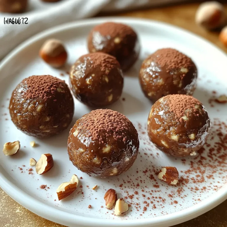 To make these tasty bites, you need key ingredients: - 1 cup Medjool dates, pitted - 1 cup rolled oats - ½ cup raw hazelnuts - ¼ cup unsweetened cocoa powder - 2 tablespoons maple syrup - 1 teaspoon vanilla extract - A pinch of sea salt These ingredients create a sweet, nutty, and chocolatey flavor. The Medjool dates add natural sweetness and stickiness, helping bind the mixture. Rolled oats give a hearty texture and fiber. The raw hazelnuts add crunch and a rich taste. Cocoa powder brings in that deep chocolate flavor. Maple syrup adds sweetness and moisture, while vanilla extract enhances the overall taste. A pinch of sea salt balances the sweetness and rounds out the flavors. You can make these bites even better with some optional ingredients: - 2 tablespoons nut butter (like almond or cashew) Adding nut butter gives a creamy texture. It also boosts protein and healthy fats. You can choose almond for a mild flavor or cashew for richness. Feel free to experiment with other nut butters too! Each ingredient offers benefits for your health: - Medjool dates: High in fiber, they aid digestion and provide energy. - Rolled oats: A good source of whole grains, they keep you full and satisfied. - Raw hazelnuts: Packed with healthy fats, they support heart health. - Cocoa powder: Rich in antioxidants, it can boost your mood. - Maple syrup: A natural sweetener, it has some minerals like zinc and manganese. - Vanilla extract: Can help reduce stress and improve flavor. - Sea salt: Helps retain hydration and balance electrolytes. By using these ingredients, you enjoy a tasty snack while getting good nutrition. Start by gathering all your ingredients. This makes the process smooth and fun. First, take 1 cup of Medjool dates and remove the pits. Next, measure out 1 cup of rolled oats and ½ cup of raw hazelnuts. Grab ¼ cup of unsweetened cocoa powder, 2 tablespoons of maple syrup, 1 teaspoon of vanilla extract, and a pinch of sea salt. If you want extra creaminess, have 2 tablespoons of nut butter ready. Use a food processor for best results. Begin by adding the hazelnuts. Pulse them until they are finely chopped, but not turned into butter. This gives the bites a nice crunch. After that, add the dates, oats, cocoa powder, maple syrup, vanilla, and sea salt. If you are using nut butter, now is the time to add it. Process everything until you get a sticky dough. If the mix feels dry, add a teaspoon of water or more maple syrup. Scrape down the sides to help mix it well. Once the dough is ready, fold in the chopped hazelnuts. This adds texture and flavor. Use a tablespoon to scoop out the dough. Roll it into small balls using your palms. Place these energy bites on a baking sheet lined with parchment paper. Chill them in the fridge for at least 30 minutes. This helps them firm up. After they set, you can store them in an airtight container. They stay fresh in the fridge for up to two weeks. Enjoy your tasty and healthy snack! Store energy bites in an airtight container. Keep them in the fridge for two weeks. This way, they stay fresh and tasty. You can also freeze them for longer storage. Just place them in a freezer bag. They last up to three months in the freezer. Thaw them in the fridge before enjoying. Feel free to change the texture. If your mix is too dry, add water or more maple syrup. This helps the bites hold together better. If they are too wet, add more oats or cocoa powder. For a richer taste, try adding a bit of nut butter. It makes the bites creamier and more flavorful. Presentation matters! Arrange the energy bites on a pretty plate. Sprinkle cocoa powder or crushed hazelnuts around them. This adds a nice touch. You can also drizzle melted dark chocolate on top. It gives a fancy look and extra flavor. Serve these bites at parties or as snacks. They are sure to impress your guests! {{image_2}} You can change the flavor of your energy bites easily. Try using different nuts. Almonds, walnuts, or pecans work great. You can also swap hazelnuts for seeds like pumpkin or sunflower. These swaps keep it fun and fresh. Want a tropical twist? Add some shredded coconut. For a spicier kick, try a touch of cinnamon or nutmeg. Get creative and find your favorite mix. If you need nut-free options, this recipe can still shine. Use sunflower seed butter instead of nut butter. You can also replace hazelnuts with seeds, like pumpkin seeds. Oats are naturally gluten-free, but check labels if gluten is a concern. These swaps help everyone enjoy these bites, no matter their diet. Boost the nutrition of your energy bites with simple add-ins. Chia seeds are a great choice. They add fiber and omega-3s. You might also try adding hemp seeds for protein. If you want a protein punch, mix in some protein powder. These options make your bites even more filling and healthy. Don’t be afraid to mix and match! To keep your vegan chocolate hazelnut energy bites fresh, use an airtight container. Place them in the fridge after they set. This helps them stay firm and tasty. You can also layer them with parchment paper to prevent sticking. These bites last up to two weeks in the fridge. If you want to keep them longer, freeze them. Just place them in a freezer bag or container. They can last for about three months in the freezer. When ready to eat, let them thaw in the fridge for a few hours. Check for any off smells or changes in color. If they feel sticky or slimy, it’s best to toss them out. Always trust your senses. If something seems off, don’t eat it. Enjoy your energy bites while they're fresh! Yes, you can make these energy bites ahead of time. They keep well in the fridge. Store them in an airtight container for up to two weeks. This makes them a great snack to prep for busy days. If you don’t have Medjool dates, you can use other dried fruits. Try dried figs or prunes. These fruits provide similar sweetness and stickiness. Just chop them finely before adding to the mix. Yes, these energy bites are gluten-free. The main ingredient, rolled oats, is naturally gluten-free. Just ensure you use certified gluten-free oats. This makes them a safe choice for those with gluten sensitivities. To change the sweetness, adjust the maple syrup. Add more for a sweeter bite or less for a more subtle flavor. You can also use a sweeter nut butter or add a dash of agave syrup if you like. Absolutely! You can swap hazelnuts for other nuts like almonds or walnuts. Each nut adds a unique flavor and texture. Just remember to chop them well before mixing in. Vegan chocolate hazelnut energy bites are simple to make and fun to customize. You learned about key ingredients, preparation steps, and storing tips. Each element adds both taste and nutrition. You can adjust flavors and make them fit your diet needs. Remember to store them well for longer life. These bites make a great snack or treat anytime. Try different nuts or add seeds. Experiment and enjoy your healthy snacks!