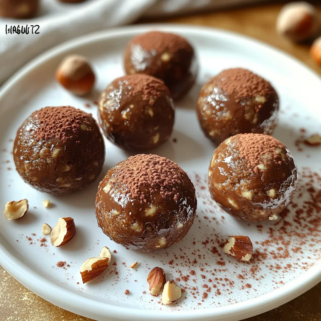 To make these tasty bites, you need key ingredients: - 1 cup Medjool dates, pitted - 1 cup rolled oats - ½ cup raw hazelnuts - ¼ cup unsweetened cocoa powder - 2 tablespoons maple syrup - 1 teaspoon vanilla extract - A pinch of sea salt These ingredients create a sweet, nutty, and chocolatey flavor. The Medjool dates add natural sweetness and stickiness, helping bind the mixture. Rolled oats give a hearty texture and fiber. The raw hazelnuts add crunch and a rich taste. Cocoa powder brings in that deep chocolate flavor. Maple syrup adds sweetness and moisture, while vanilla extract enhances the overall taste. A pinch of sea salt balances the sweetness and rounds out the flavors. You can make these bites even better with some optional ingredients: - 2 tablespoons nut butter (like almond or cashew) Adding nut butter gives a creamy texture. It also boosts protein and healthy fats. You can choose almond for a mild flavor or cashew for richness. Feel free to experiment with other nut butters too! Each ingredient offers benefits for your health: - Medjool dates: High in fiber, they aid digestion and provide energy. - Rolled oats: A good source of whole grains, they keep you full and satisfied. - Raw hazelnuts: Packed with healthy fats, they support heart health. - Cocoa powder: Rich in antioxidants, it can boost your mood. - Maple syrup: A natural sweetener, it has some minerals like zinc and manganese. - Vanilla extract: Can help reduce stress and improve flavor. - Sea salt: Helps retain hydration and balance electrolytes. By using these ingredients, you enjoy a tasty snack while getting good nutrition. Start by gathering all your ingredients. This makes the process smooth and fun. First, take 1 cup of Medjool dates and remove the pits. Next, measure out 1 cup of rolled oats and ½ cup of raw hazelnuts. Grab ¼ cup of unsweetened cocoa powder, 2 tablespoons of maple syrup, 1 teaspoon of vanilla extract, and a pinch of sea salt. If you want extra creaminess, have 2 tablespoons of nut butter ready. Use a food processor for best results. Begin by adding the hazelnuts. Pulse them until they are finely chopped, but not turned into butter. This gives the bites a nice crunch. After that, add the dates, oats, cocoa powder, maple syrup, vanilla, and sea salt. If you are using nut butter, now is the time to add it. Process everything until you get a sticky dough. If the mix feels dry, add a teaspoon of water or more maple syrup. Scrape down the sides to help mix it well. Once the dough is ready, fold in the chopped hazelnuts. This adds texture and flavor. Use a tablespoon to scoop out the dough. Roll it into small balls using your palms. Place these energy bites on a baking sheet lined with parchment paper. Chill them in the fridge for at least 30 minutes. This helps them firm up. After they set, you can store them in an airtight container. They stay fresh in the fridge for up to two weeks. Enjoy your tasty and healthy snack! Store energy bites in an airtight container. Keep them in the fridge for two weeks. This way, they stay fresh and tasty. You can also freeze them for longer storage. Just place them in a freezer bag. They last up to three months in the freezer. Thaw them in the fridge before enjoying. Feel free to change the texture. If your mix is too dry, add water or more maple syrup. This helps the bites hold together better. If they are too wet, add more oats or cocoa powder. For a richer taste, try adding a bit of nut butter. It makes the bites creamier and more flavorful. Presentation matters! Arrange the energy bites on a pretty plate. Sprinkle cocoa powder or crushed hazelnuts around them. This adds a nice touch. You can also drizzle melted dark chocolate on top. It gives a fancy look and extra flavor. Serve these bites at parties or as snacks. They are sure to impress your guests! {{image_2}} You can change the flavor of your energy bites easily. Try using different nuts. Almonds, walnuts, or pecans work great. You can also swap hazelnuts for seeds like pumpkin or sunflower. These swaps keep it fun and fresh. Want a tropical twist? Add some shredded coconut. For a spicier kick, try a touch of cinnamon or nutmeg. Get creative and find your favorite mix. If you need nut-free options, this recipe can still shine. Use sunflower seed butter instead of nut butter. You can also replace hazelnuts with seeds, like pumpkin seeds. Oats are naturally gluten-free, but check labels if gluten is a concern. These swaps help everyone enjoy these bites, no matter their diet. Boost the nutrition of your energy bites with simple add-ins. Chia seeds are a great choice. They add fiber and omega-3s. You might also try adding hemp seeds for protein. If you want a protein punch, mix in some protein powder. These options make your bites even more filling and healthy. Don’t be afraid to mix and match! To keep your vegan chocolate hazelnut energy bites fresh, use an airtight container. Place them in the fridge after they set. This helps them stay firm and tasty. You can also layer them with parchment paper to prevent sticking. These bites last up to two weeks in the fridge. If you want to keep them longer, freeze them. Just place them in a freezer bag or container. They can last for about three months in the freezer. When ready to eat, let them thaw in the fridge for a few hours. Check for any off smells or changes in color. If they feel sticky or slimy, it’s best to toss them out. Always trust your senses. If something seems off, don’t eat it. Enjoy your energy bites while they're fresh! Yes, you can make these energy bites ahead of time. They keep well in the fridge. Store them in an airtight container for up to two weeks. This makes them a great snack to prep for busy days. If you don’t have Medjool dates, you can use other dried fruits. Try dried figs or prunes. These fruits provide similar sweetness and stickiness. Just chop them finely before adding to the mix. Yes, these energy bites are gluten-free. The main ingredient, rolled oats, is naturally gluten-free. Just ensure you use certified gluten-free oats. This makes them a safe choice for those with gluten sensitivities. To change the sweetness, adjust the maple syrup. Add more for a sweeter bite or less for a more subtle flavor. You can also use a sweeter nut butter or add a dash of agave syrup if you like. Absolutely! You can swap hazelnuts for other nuts like almonds or walnuts. Each nut adds a unique flavor and texture. Just remember to chop them well before mixing in. Vegan chocolate hazelnut energy bites are simple to make and fun to customize. You learned about key ingredients, preparation steps, and storing tips. Each element adds both taste and nutrition. You can adjust flavors and make them fit your diet needs. Remember to store them well for longer life. These bites make a great snack or treat anytime. Try different nuts or add seeds. Experiment and enjoy your healthy snacks!