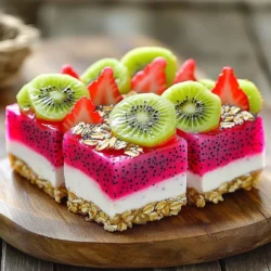 - 1 cup dragon fruit puree (fresh or frozen) - 1 ripe banana - 1 cup Greek yogurt - 1 tablespoon honey (optional) - 1 cup rolled oats - 1/4 cup almond butter (or any nut butter) - 1/2 teaspoon vanilla extract - 1/4 cup shredded coconut (unsweetened) - Fresh fruit for topping (sliced dragon fruit, strawberries, or kiwi) - Chia seeds for garnish (optional) To make these no bake dragon fruit smoothie bars, you need fresh and tasty ingredients. First, dragon fruit puree gives the bars their bright color and unique flavor. You can use fresh dragon fruit or frozen. If you have a ripe banana, it adds natural sweetness and creaminess. Greek yogurt gives a nice base and adds protein too. You can add honey if you want extra sweetness. Rolled oats keep the bars together and add a hearty texture. Almond butter or any nut butter adds richness and healthy fats. A little vanilla extract enhances the flavors, while unsweetened shredded coconut brings a nice chew. Finally, fresh fruit on top not only looks great but adds more flavor. Sliced dragon fruit, strawberries, or kiwi work well. If you like, sprinkle chia seeds for a fun garnish. These ingredients come together to create a quick and healthy snack that everyone will enjoy! Combine 1 cup of dragon fruit puree, 1 ripe banana, 1 cup of Greek yogurt, 1 tablespoon of honey, and 1/2 teaspoon of vanilla extract in a blender. Blend until smooth and creamy. This step brings out the lovely pink color and fruity flavor. The creamy texture of yogurt makes it rich and tasty. In a mixing bowl, combine 1 cup of rolled oats, 1/4 cup of almond butter, and 1/4 cup of shredded coconut. Mix well until everything is evenly coated and sticky. This mixture adds a nice texture to the bars. The oats provide fiber while the almond butter adds protein. Pour the blended dragon fruit mixture into the oat mixture and stir until well combined. Line an 8x8 inch baking dish with parchment paper, leaving some overhang for easy removal. Transfer the mixture into the lined dish, pressing it down firmly with a spatula to create an even layer. Pressing firmly helps the bars hold together well. Top with fresh fruit slices and sprinkle chia seeds over the top if you like. Refrigerate for at least 2 hours or until set. Once firm, lift the bars out using the parchment and cut into squares. To get the best texture, you must press the mixture firmly into the dish. This step is crucial because it helps the bars hold together well. If you skip this, your bars may crumble when you cut them. Using a ripe banana is also key. Ripe bananas add natural sweetness and help bind the mixture. Look for a banana with spots; it will be sweeter and softer. Serve these bars chilled for the best taste. Chilling enhances the flavors and makes the bars refreshing. A fun idea is to arrange fresh fruit slices on top. You can use sliced dragon fruit, strawberries, or kiwi. This adds color and makes the bars more appealing. You can switch out almond butter for other nut butters. Peanut butter, cashew butter, or sunflower seed butter all work well. Feel free to mix in other fruits, like mango or berries. They will add more flavor and nutrition to your bars. {{image_2}} You can easily boost protein in your bars. Try adding protein powder. Just mix one scoop into the dragon fruit blend before combining it with the oats. This adds a creamy texture and extra nutrition. If you want a different taste, choose flavored protein powder for a fun twist. You can also use alternative yogurt options. Replace Greek yogurt with high-protein vegan yogurt. Look for soy or almond-based yogurts that pack a protein punch too. This keeps your bars tasty and healthy. To make your bars even more zesty, add citrus zest. Lime or lemon zest works great. Just a teaspoon adds a fresh kick that brightens the flavor. It complements the sweetness of the dragon fruit perfectly. You can also incorporate spices like cinnamon. A dash of cinnamon adds warmth and depth. It balances the sweetness and makes each bite more exciting. If you want a vegan version, it’s easy to adapt. Substitute yogurt with plant-based options. Use coconut yogurt or any dairy-free yogurt you prefer. This keeps the bars creamy while being vegan-friendly. You can also omit honey for agave syrup. Agave syrup is a great vegan sweetener. It blends well into the mix and keeps the bars deliciously sweet without any animal products. To keep your No Bake Dragon Fruit Smoothie Bars fresh, store them in the refrigerator. Wrap the bars tightly in plastic wrap or place them in an airtight container. This helps prevent them from drying out. A glass or plastic container works best. Make sure it has a tight-sealing lid. If you want to save some for later, you can freeze the bars. Cut them into squares and place them in a single layer on a baking sheet. Freeze until solid, then transfer them to a freezer bag. Make sure to remove as much air as possible. They can last up to three months in the freezer. To thaw, just leave them in the fridge overnight or let them sit at room temperature for 30 minutes. These bars are perfect for travel! Wrap each bar in parchment paper or plastic wrap. This makes them easy to grab and eat on the run. For portion control, consider cutting them into smaller pieces. This way, you can enjoy a quick snack without overindulging. Yes, you can use other fruits! Try mango, berries, or peaches. These fruits add flavor and color. Blend them just like the dragon fruit. Keep in mind, the texture may change with different fruits. The bars last about one week in the fridge. Store them in an airtight container. For best taste, eat them within the first few days. Check for freshness by looking for a change in smell or color. Yes, you can make these bars nut-free! Use sun butter or soy nut butter instead of nut butter. You can also leave out the nut butter altogether. The bars will still taste great and be filling! You can make delicious and healthy bars with simple ingredients like dragon fruit and oats. We covered how to blend, mix, and assemble these tasty treats. Remember to press the mixture firmly for the best texture. You can add your favorite fruits or even try different nut butters. Storing them properly will keep them fresh, whether in the fridge or freezer. Experiment with flavors and have fun creating your own unique bars! Enjoy your snacks for a boost of energy wherever you go.