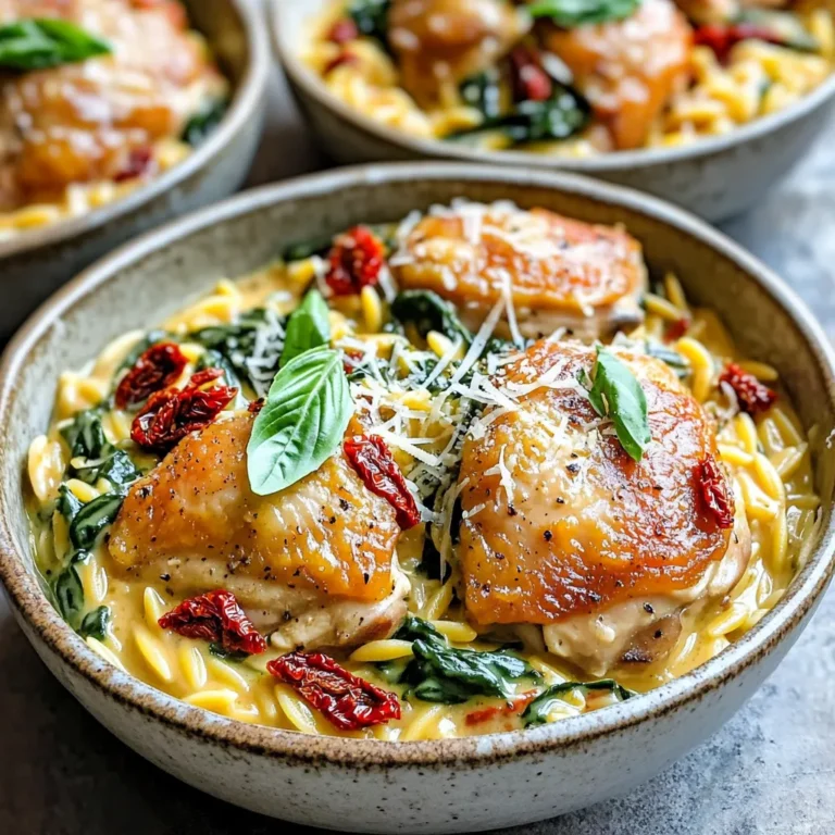 - 1 lb (450g) boneless, skinless chicken thighs, cubed - 1 tablespoon olive oil - 1 small onion, diced - 3 cloves garlic, minced - 1 cup sun-dried tomatoes, chopped - 1 teaspoon Italian seasoning - 4 cups chicken broth - 1 cup orzo pasta - 1 cup baby spinach - ¾ cup heavy cream - ½ cup grated Parmesan cheese - Salt and pepper to taste - Fresh basil for garnish For this One-Pot Creamy Tuscan Chicken Orzo, you will need some key ingredients. First, the chicken thighs form the base of the dish. Their juicy texture adds depth to every bite. Next, essential herbs and seasonings bring life to the dish. The Italian seasoning, along with garlic and onion, creates a strong flavor. Sun-dried tomatoes add a sweet tang that pairs well with the chicken. The creamy components come from heavy cream and Parmesan cheese. They make the dish rich and comforting. Orzo pasta is perfect for this recipe. It cooks quickly and absorbs all the flavors. Feel free to adjust the salt and pepper to your taste. Lastly, fresh basil not only adds color but also a burst of freshness at the end. These ingredients come together to create a delightful meal that is easy to prepare and full of flavor. Heat a large pot over medium heat. Add a tablespoon of olive oil. Once hot, add the cubed chicken thighs. Sprinkle salt and pepper on the chicken. Cook for 5-7 minutes until golden brown. Remove the chicken and set it aside. This step gives the dish a nice base flavor. In the same pot, add the diced onion. Cook for about 3-4 minutes until it looks clear. Then, add the minced garlic. Cook for another minute. The aroma will fill your kitchen! Next, stir in the chopped sun-dried tomatoes and Italian seasoning. Let them cook for 2 minutes to blend the flavors well. Now, pour in the chicken broth. Bring it to a simmer, which helps build flavor. Add the orzo pasta and stir it often. This keeps it from sticking to the pot. When the orzo is just tender, after about 8-10 minutes, return the cooked chicken to the pot. Add the baby spinach, heavy cream, and grated Parmesan cheese. Stir everything together. Let it cook for 2 more minutes until the spinach wilts. Taste and adjust the seasoning if needed. Enjoy the creamy delight! Ensuring perfect orzo texture To get the best orzo, follow these steps. First, use a large pot. This helps the orzo cook evenly. Stir it often while it cooks. This keeps it from sticking. Taste it a few minutes before the time is up. You want it to be al dente, which means it should be firm but not hard. Maintaining creaminess without curdling To keep the creamy sauce smooth, add the heavy cream slowly. Stir it in after the orzo is cooked. This helps avoid curdling. Use low heat when adding cream. High heat can make it separate. If you see any curdling, just whisk it gently to bring it back together. Adjusting seasoning to taste Taste your dish before serving. You may want to add more salt or pepper. Each ingredient has different flavors. Adjust them to match your taste. A little extra seasoning can make a big difference. Alternative herbs for added depth Try using fresh herbs like oregano or thyme. They can add a nice twist to the dish. You can also use dried herbs if fresh ones are not available. Just remember, dried herbs are stronger. Use less than you would of fresh herbs. {{image_2}} You can change the protein in this dish. Instead of chicken thighs, try chicken breast for a leaner option. Shrimp adds a nice seafood twist, while tofu is great for a plant-based meal. If you need dairy-free options, use coconut cream instead of heavy cream. Nutritional yeast can replace Parmesan cheese. This keeps the creamy texture while being vegan-friendly. For a different taste, substitute roasted red peppers for sun-dried tomatoes. They add a sweet, smoky flavor that brightens the dish. You can also change the seasonings. Try adding smoked paprika for warmth or fresh herbs like oregano or thyme for a unique twist. Each swap brings fresh excitement to this creamy orzo dish! To keep your One-Pot Creamy Tuscan Chicken Orzo fresh, store any leftovers in an airtight container. Place the container in the fridge. It stays good for about 3 to 4 days. For longer storage, you can freeze the orzo. First, let it cool to room temperature. Then, transfer it to a freezer-safe container. Make sure to leave some space at the top for expansion. This will keep well for up to 3 months. When it's time to enjoy your leftovers, you want to reheat them without losing their creamy goodness. The best method is to use the stove. Pour the orzo into a pot and add a splash of chicken broth or water. Heat it over medium-low heat. Stir often until it's warmed through. If you're in a hurry, you can use the microwave. Place the orzo in a microwave-safe bowl. Add a bit of broth or water, cover it loosely, and heat in short bursts. Stir in between until it’s hot. After reheating, serve it in shallow bowls. You can add a sprinkle of fresh basil and more Parmesan cheese for an extra touch of flavor. Enjoy your meal! To make One-Pot Creamy Tuscan Chicken Orzo gluten-free, you can swap orzo for gluten-free pasta. Look for gluten-free orzo made from rice or corn. Check the labels to ensure it meets your needs. Also, ensure your chicken broth is gluten-free. This way, you can enjoy the same creamy goodness without gluten. Yes, you can use other pasta shapes! Penne, fusilli, or shells work well. Just adjust the cooking time based on the pasta you choose. Cook it until it's al dente, then mix it with the chicken and sauce. Each shape brings a new texture and taste to the dish. To serve more people, simply double all the ingredients. Use 2 lbs of chicken and 2 cups of orzo. You may need a larger pot to fit everything. Make sure to increase the broth and cream too. This ensures each bite stays creamy and flavorful. This recipe is all about delicious chicken, creamy pasta, and bold flavors. You now know how to cook chicken thighs, sauté veggies, and combine everything for a delightful dish. Remember the tips for perfect orzo and add your twist to make it your own. Whether you choose to swap proteins or play with flavors, the options are endless. With the right storage and reheating methods, you can enjoy this meal again. Dive into this recipe, explore variations, and unleash your cooking creativity!