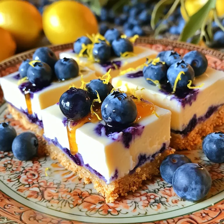 - 1 ½ cups graham cracker crumbs - ½ cup unsalted butter, melted - 1 cup cream cheese, softened - ½ cup powdered sugar - 1 teaspoon vanilla extract - 1 cup heavy cream, chilled - Zest of 1 lemon - ½ cup fresh lemon juice - 1 cup fresh blueberries These main ingredients create the heart of your cheesecake bars. The graham cracker crumbs form a tasty crust. The cream cheese gives the filling its rich texture. Fresh blueberries add a burst of flavor and color. - 2 tablespoons honey (for drizzling) - Additional lemon zest for garnish These optional ingredients add a sweet touch. Drizzling honey over the bars makes them shine. Extra lemon zest enhances the flavor and looks great. - 9x9 inch square baking dish - Mixing bowls You need a square baking dish to hold your cheesecake bars. Mixing bowls help combine all your ingredients easily. Having these tools ready makes the process smooth. Start by mixing the graham cracker crumbs with melted butter in a bowl. Make sure you coat the crumbs well. This mixture creates a tasty base for our cheesecake. Next, press the crust mixture firmly into the bottom of a 9x9 inch baking dish. Use a flat tool like a measuring cup for even pressure. Once pressed down, chill the crust in the refrigerator for about 30 minutes. This helps the crust set and makes it easier to slice later. In a large mixing bowl, beat the softened cream cheese until it is smooth. This step is key for a creamy filling. Then, add the powdered sugar, vanilla extract, lemon zest, and lemon juice. Mix everything until it is well combined. The lemon juice gives a bright taste that pairs wonderfully with blueberries. Make sure there are no lumps in the mixture for the best texture. In another bowl, whip the chilled heavy cream until stiff peaks form. This will add air and lightness to your cheesecake. Once whipped, gently fold the whipped cream into the cream cheese mixture. Be careful not to deflate the whipped cream; it adds fluffiness to your bars. Stir until fully incorporated, creating a creamy filling. Pour this cheesecake filling over the chilled crust and spread it evenly. Finally, place fresh blueberries on top, pressing them slightly into the mixture. This adds color and bursts of flavor to each bite. How to avoid deflating whipped cream? When making the filling, whip the cream until you see stiff peaks. Use a gentle hand when folding the whipped cream into the cream cheese mixture. I like to use a rubber spatula. This helps keep the air inside the whipped cream. Ensuring smooth cheesecake filling: Start with softened cream cheese for the best results. Mix it until it’s creamy and free of lumps. Adding powdered sugar slowly helps blend everything well. Lastly, remember to scrape the bowl sides while mixing. This way, you get a smooth filling without lumps. Optimal chilling time for firmness: Chill the cheesecake bars for at least 4 hours. For best results, let them sit overnight. This extra time helps the bars set properly. A firm texture makes them easier to cut into nice squares. Serving tips for best presentation: Serve these bars on a decorative plate. Garnish with extra blueberries and a bit of lemon zest. This makes the dish look bright and inviting. A drizzle of honey adds shine and extra flavor, making it a treat for the eyes and the taste buds. Suggestions for additional toppings: You can add more fresh berries on top for a colorful touch. Consider using sliced strawberries or raspberries. A sprinkle of chopped nuts can also add a nice crunch. Alternative sweeteners in the recipe: If you prefer a different sweetener, try using maple syrup or agave nectar. These can replace honey for a unique twist. Adjust the amount to taste, keeping in mind that sweetness varies with each sweetener. {{image_2}} You can switch up the fruit in this recipe. Instead of blueberries, try using strawberries or raspberries. Both fruits add a sweet and tangy taste. They also look beautiful on top of the cheesecake. You can also add citrus flavors. Lime or orange can make the dessert pop. Just replace some lemon juice with lime or orange juice. This change brings a fresh twist and bright flavor. If you need a gluten-free version, you can easily adapt this recipe. Use gluten-free graham crackers instead of regular ones. They work just as well for the crust. Make sure to check the other ingredients for gluten. For example, some cream cheeses may have additives. Always read the labels to be safe. For a dairy-free option, you can switch the cream cheese. Use vegan cream cheese to keep it creamy. There are also dairy-free whipped cream options. Look for coconut cream or almond-based whipped cream. These choices will keep the cheesecake light and fluffy without dairy. Enjoy the same great taste while sticking to your dietary needs. To keep your no-bake blueberry lemon cheesecake bars fresh, store them in the fridge. Use an airtight container or cover with plastic wrap. This protects them from odors and moisture. They will last for about 5 days. If you want to enjoy them later, it’s best to store them properly. You can freeze these cheesecake bars too! First, cut them into squares. Then, wrap each piece tightly in plastic wrap. Place the wrapped bars in a freezer-safe bag or container. They can stay in the freezer for up to 2 months. When you want to eat them, take them out and let them thaw in the fridge. Freezing may change the texture slightly, but they will still taste great. Before serving, check the bars after storage. If they seem a little soft, you can chill them for a bit. Drizzle some honey on top for added sweetness. Garnish with extra blueberries and lemon zest to make them look pretty. Serve them on a nice plate to impress your guests! Yes, you can. These bars do well when made in advance. I recommend making them a day ahead. This gives the flavors time to blend. Just keep them in the fridge until you are ready to serve. They will taste even better after chilling overnight. If you need a substitute, try using Greek yogurt. It adds creaminess and a slight tang. Another option is mascarpone cheese, which is rich and smooth. For a dairy-free choice, look for vegan cream cheese. Each of these options brings a unique taste to your bars. To make a firmer crust, add a bit more butter to the crumbs. Use a ratio of two tablespoons of butter for every cup of crumbs. Press the mixture down firmly into the baking dish. Chill it longer before adding the filling. This helps create a sturdy base that holds up well. This blog post covers how to make delicious cheesecake bars with easy steps. We discussed key ingredients like graham crackers, cream cheese, and blueberries. Remember the tips for a great texture and chilling times. You can experiment with variations, including gluten-free or dairy-free options. Don’t forget about proper storage for leftovers! Enjoy your cheesecake bars, whether for a party or a simple dessert. With these tips, you’ll impress everyone with your tasty creation.