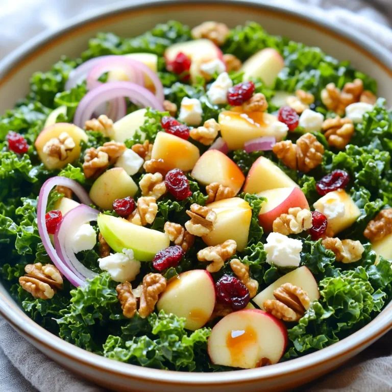 - 4 cups kale, chopped - 1 large apple (such as Honeycrisp or Fuji), diced - 1/2 cup walnuts, roughly chopped - 1/4 cup dried cranberries - 1/4 cup feta cheese, crumbled - 1/4 cup red onion, thinly sliced - 3 tablespoons olive oil - 2 tablespoons apple cider vinegar - 1 tablespoon maple syrup - Salt and pepper to taste Gather these ingredients to create a vibrant Harvest Apple Kale Salad. Each part plays a key role. The kale gives a hearty base. Choose a crisp apple like Honeycrisp or Fuji for sweetness. Walnuts add crunch and healthy fats. Dried cranberries bring a burst of flavor. Feta cheese adds creaminess, while red onion gives a sharp bite. The dressing is simple yet effective. Olive oil adds richness. Apple cider vinegar brings acidity. The maple syrup balances with its sweetness. Salt and pepper help tie all the flavors together. Keep these ingredients on hand for a fresh, nutritious salad. The blend creates a colorful dish that tastes as good as it looks. It’s perfect for lunch or a side at dinner. Start with the kale. Remove the tough stems. Use your hands to tear the leaves into bite-sized pieces. This makes the salad easier to eat. Next, massage the kale for about 2-3 minutes. This softens the leaves. It also makes the kale taste better. You will feel it get tender. In a large mixing bowl, add the massaged kale. Now, add the diced apple, walnuts, dried cranberries, feta cheese, and sliced red onion. Each ingredient adds a unique flavor. Mix gently with your hands or a spoon. Be careful not to crush the feta. The goal is to combine all ingredients without breaking them apart. In a small bowl, whisk together olive oil, apple cider vinegar, maple syrup, salt, and pepper. Make sure to mix well. This dressing ties the salad together. Pour the dressing over the salad mix. Toss gently again to coat everything evenly. Let the salad sit for about 5-10 minutes. This allows the flavors to blend nicely. Using seasonal ingredients makes this salad shine. When you pick the right apple, you boost flavor. I love Honeycrisp and Fuji apples for their crunch and sweetness. They add a lovely contrast to the earthy kale. You can switch up the vinegar in the dressing. Lemon juice or balsamic vinegar works well too. For extra flavor, try adding herbs like thyme or a pinch of cayenne. These small changes can bring a new twist to the salad. Serving this salad in a large bowl makes it easy to share. You can also use individual plates for a fancy touch. Garnish with extra walnuts and a sprinkle of feta on top. It adds color and makes the dish look more appetizing. {{image_2}} You can boost your Harvest Apple Kale Salad by adding protein. Grilled chicken works great. It adds a savory taste and makes the salad filling. If you prefer a vegetarian option, try chickpeas. They add a nutty flavor and extra texture. - Grilled chicken, diced - Chickpeas, canned and rinsed This salad is flexible with the seasons. You can add roasted vegetables like sweet potatoes or carrots for warmth. They bring a nice sweetness and depth. You can also switch up the fruits. Try pears or pomegranates for a fun twist. - Roasted sweet potatoes or carrots - Diced pears or pomegranate seeds The dressing can change the salad’s vibe. For a creamy option, mix in Greek yogurt or a dollop of sour cream. This adds richness. If you want it sweeter, use honey instead of maple syrup. It gives a different taste and pairs well with apples. - Greek yogurt or sour cream - Honey as an alternative sweetener To store leftover salad, place it in an airtight container. This keeps the salad fresh. If you mix the dressing in, the kale can get soggy. I recommend keeping the dressing separate. You can add it just before eating. Keep your ingredients fresh by storing them properly. Store kale in a damp paper towel. Place it in a plastic bag in the fridge. Apples can stay fresh for weeks. Keep them in the crisper drawer. Walnuts should stay in a cool place, away from light. A sealed jar works well for them. The salad lasts about 2 to 3 days in the fridge. After that, the kale may wilt and lose flavor. Check for signs of spoilage. If the kale turns brown or mushy, it’s time to toss it. The apples may also brown, but a little lemon juice can help. If you see mold or a bad smell, don’t eat it. Always trust your senses! Yes, you can. To make this salad ahead, keep the dressing separate. Mix the kale, apple, walnuts, cranberries, feta, and onion in a bowl. Store it in the fridge for up to a day. When ready to serve, add the dressing. This keeps the kale fresh and crunchy. For this salad, I love using Honeycrisp or Fuji apples. Honeycrisp apples are sweet and crisp, adding a delightful crunch. Fuji apples are juicy and have a nice balance of sweet and tart. Both types work well and enhance the salad's flavor. To make this salad vegan, skip the feta cheese. You can add mashed avocado for creaminess. For the honey, use agave syrup or maple syrup instead. These swaps keep the salad tasty and plant-based. Yes, this salad is gluten-free. All the ingredients, like kale, apples, and nuts, are safe for a gluten-free diet. Just double-check any packaged items, like the dressing, to ensure they are free from gluten. Enjoy this healthy meal worry-free! This salad is fresh, vibrant, and easy to make. We covered the key ingredients, step-by-step instructions, and useful tips. You can customize it for any season or preference. Whether you want to add protein or change up the dressing, the options are endless. Store leftovers properly and enjoy them later. Use this recipe to make a healthy addition to your meals. Now, go ahead and create your own delicious version. You'll love how it tastes and feels!