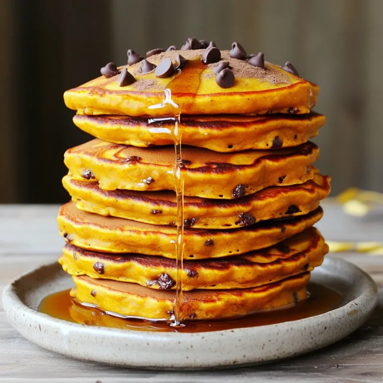 To make these tasty pumpkin chocolate chip pancakes, gather these items: - 1 cup all-purpose flour - 1 tablespoon baking powder - 1 teaspoon ground cinnamon - 1/2 teaspoon ground nutmeg - 1/4 teaspoon salt - 1/2 cup pumpkin puree (canned or fresh) - 1/2 cup milk (dairy or plant-based) - 1 large egg - 2 tablespoons maple syrup - 1 teaspoon vanilla extract - 1/2 cup chocolate chips (semi-sweet or dark) - Butter or oil for cooking You can swap some ingredients to fit your diet or taste: - Use whole wheat flour for a heartier pancake. - Swap maple syrup with honey or agave for sweetness. - Try almond or oat milk if you prefer plant-based options. - Replace chocolate chips with dried fruit or nuts for a different flavor. - If you’re vegan, use a flax egg instead of a large egg. Choosing the right ingredients makes a big difference. Here’s how to pick the best: - Flour: Look for a fine texture and check the date for freshness. - Pumpkin Puree: If using canned, choose 100% pumpkin with no added sugars. - Spices: Buy whole spices and grind them fresh for more flavor. - Milk: Choose organic or local for better taste and quality. - Chocolate Chips: Opt for high-quality chocolate for a richer flavor. - Maple Syrup: Select pure maple syrup, not a syrup blend for the best taste. These tips help ensure you create the best pumpkin chocolate chip pancakes. Happy cooking! First, gather your dry ingredients. In a big bowl, add 1 cup of all-purpose flour. Then, mix in 1 tablespoon of baking powder. Next, add 1 teaspoon of ground cinnamon. Now, sprinkle in 1/2 teaspoon of ground nutmeg and 1/4 teaspoon of salt. Whisk these together until they blend well. This mix creates a nice base for your pancakes. In another bowl, combine your wet ingredients. Start with 1/2 cup of pumpkin puree. You can use canned or fresh pumpkin. Then, pour in 1/2 cup of milk. You can choose dairy or plant-based milk. Next, crack in 1 large egg. Add 2 tablespoons of maple syrup and 1 teaspoon of vanilla extract. Whisk these until smooth and creamy. This mix gives your pancakes a rich flavor. Now, let’s bring it all together. Pour the pumpkin mixture into the dry ingredients. Stir gently until just combined. It’s okay if there are a few lumps. Then, fold in 1/2 cup of chocolate chips. Heat a non-stick skillet over medium heat. Add a small amount of butter or oil to coat the pan. For each pancake, pour about 1/4 cup of batter. Cook until bubbles form and edges look set, about 2-3 minutes. Flip the pancakes and cook for another 2 minutes or until golden brown. Remove from the skillet and keep warm. Repeat with the remaining batter. Enjoy your stack of warm, fluffy pancakes! When making pumpkin chocolate chip pancakes, some mistakes can ruin the fun. One common mistake is overmixing the batter. You should mix until just combined. A few lumps are fine. Overmixing can make your pancakes tough. Another mistake is not letting the skillet heat enough. If the pan is too cold, pancakes will cook unevenly. Wait until the skillet is hot before adding the batter. Lastly, do not skip the maple syrup. It adds sweetness and depth to the taste. To boost flavor, use fresh spices. Ground spices lose potency over time. Fresh cinnamon and nutmeg will make your pancakes pop with flavor. You can also try different types of chocolate chips. Semi-sweet chocolate chips are great, but dark chocolate adds richness. For extra texture, consider adding nuts. Chopped walnuts or pecans give your pancakes a nice crunch. Use a non-stick skillet or griddle for easy cooking. A well-heated surface helps pancakes cook evenly. Always grease the surface lightly with butter or oil. This prevents sticking and makes flipping easier. When pouring the batter, use about 1/4 cup. This size cooks perfectly without being too thick. Watch for bubbles forming on the pancake's surface. This means it’s time to flip. Cook until both sides are golden brown for the best taste. {{image_2}} You can easily make these pancakes vegan. Replace the egg with a flax egg. To make a flax egg, mix 1 tablespoon of ground flaxseed with 2.5 tablespoons of water. Let it sit for 5 minutes until it thickens. Use almond milk or any plant-based milk instead of regular milk. The rest of the recipe stays the same. These pancakes will be fluffy and delicious, just like the original. If you need a gluten-free option, swap the all-purpose flour for gluten-free flour. Look for a blend that works well for baking. You can also try oat flour or almond flour for a different taste. Make sure your baking powder is gluten-free as well. This version will still taste great and be perfect for everyone. You can jazz up these pancakes with fun add-ins. Try adding chopped nuts, like walnuts or pecans, for a nice crunch. Dried fruit like cranberries or raisins adds sweetness. For a spicier kick, stir in a pinch of ginger or cloves. You can also swap the chocolate chips for peanut butter chips. Each choice gives these pancakes a new twist. To store leftover pancakes, let them cool first. Place them in an airtight container. You can also use a zip-top bag. Make sure to layer parchment paper between the pancakes. This prevents them from sticking together. Store them in the fridge if you plan to eat them soon. They can last up to three days this way. When you want to enjoy your pancakes again, reheating is easy. You can use a microwave or a skillet. For the microwave, place a pancake on a plate. Heat it for about 20-30 seconds. Check if it is warm. If not, heat for another few seconds. If using a skillet, warm it over low heat for a couple of minutes. This keeps the pancakes soft and tasty. Freezing pancakes is a great way to save them. After they cool, stack them with parchment paper in between each pancake. Place the stack in a freezer-safe bag. Squeeze out any air before sealing. You can freeze them for up to two months. When you are ready to eat, just thaw in the fridge overnight. Then reheat as mentioned above. Enjoy your delicious breakfast any day! Yes, you can use fresh pumpkin. Just cook and puree it first. Choose a sugar pumpkin for the best taste. The texture will be similar to canned pumpkin. Fresh pumpkin may add a brighter flavor. This choice can make your pancakes even more special. You can make healthier swaps. Use whole wheat flour instead of all-purpose flour. This adds fiber and nutrients. You can also reduce the sugar by cutting back on maple syrup. Try adding mashed banana for sweetness. For fewer calories, use almond milk or oat milk. These changes keep the flavor while boosting nutrition. Many toppings work well with these pancakes. Try warm maple syrup for a classic touch. Whipped cream adds a nice, airy finish. You can also sprinkle chopped nuts for crunch. Sliced bananas or fresh berries bring brightness and flavor. A dusting of powdered sugar looks pretty, too. Mix and match your favorites! This guide covered the key ingredients for tasty pancakes, plus how to mix and cook them. I shared tips to avoid mistakes and enhance flavor. We explored tasty variations for everyone, including vegan and gluten-free options. Lastly, we discussed how to store and reheat your pancakes. You now have all you need to create delicious pumpkin chocolate chip pancakes. Happy cooking!