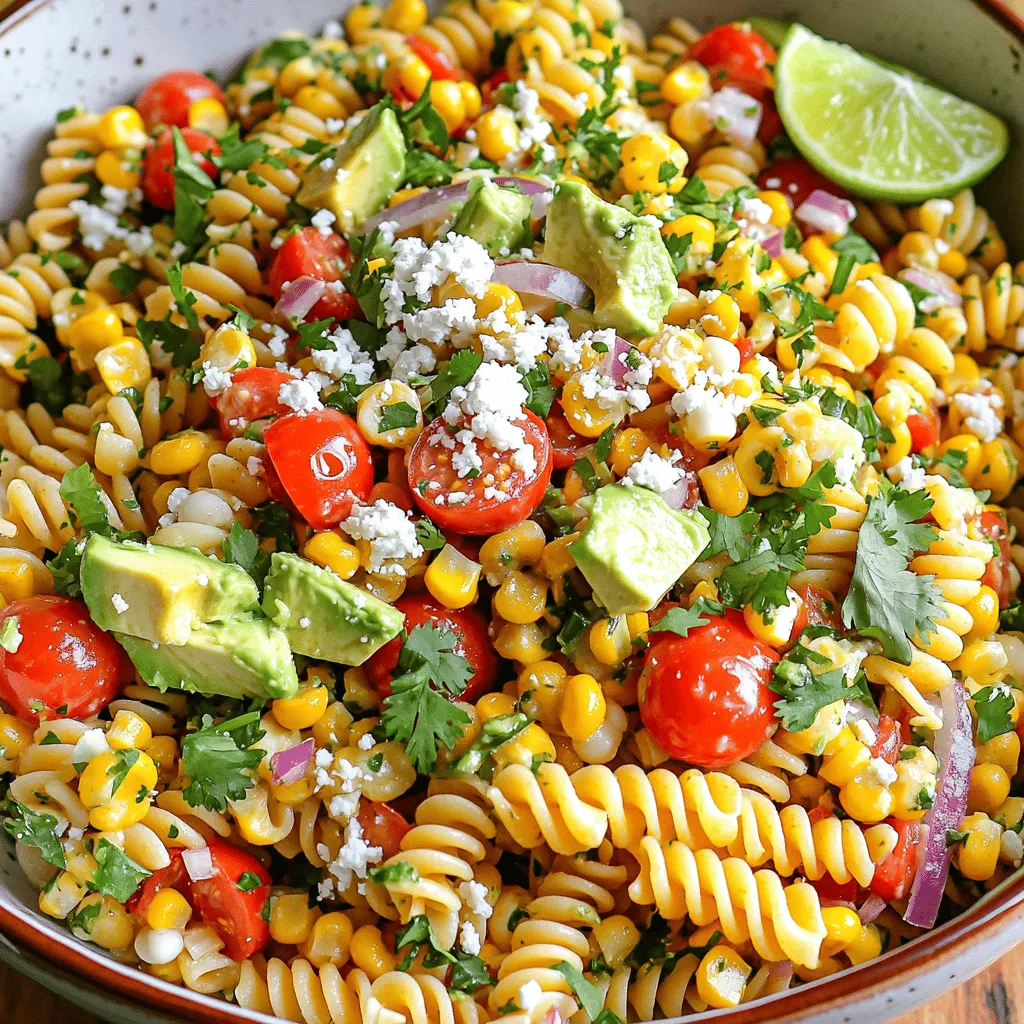 To make a delicious Mexican Street Corn Pasta Salad, you'll need the following ingredients: - 8 oz rotini pasta - 2 cups frozen corn, thawed - 1 cup cherry tomatoes, halved - 1 red bell pepper, diced - 1/2 red onion, finely chopped - 1/2 cup cilantro, chopped - 1 avocado, diced - 1/2 cup crumbled cotija cheese (or feta as a substitute) - 1 lime, juiced - 3 tablespoons olive oil - 1 teaspoon chili powder - 1/2 teaspoon cumin - Salt and pepper to taste - Large pot for boiling pasta - Skillet for charring corn - Mixing bowl for combining ingredients - Small bowl for making dressing - Whisk for mixing dressing You can add extra ingredients to make this salad your own: - Black beans for added protein - Jalapeños for a spicy kick - Diced cucumber for crunch - Different herbs like parsley or green onions This list of ingredients brings fresh flavors and textures to your pasta salad, making it a hit at any gathering. Don't hesitate to experiment! To make the pasta just right, use salted water. Bring it to a boil first. Add 8 oz of rotini and cook until it's al dente. This means it should be firm but not hard. After cooking, drain the pasta. Rinse it under cold water. This stops the cooking and keeps it from getting sticky. Set the pasta aside. For the corn, I recommend using thawed frozen corn. In a large skillet, heat it over medium-high. Add the corn and sauté for 5 to 7 minutes. You want it to get slightly charred. This adds a nice flavor. Stir it often so it cooks evenly. When done, remove it from heat and let it cool. The dressing is key to the flavor. In a small bowl, whisk together the juice of 1 lime, 3 tablespoons of olive oil, 1 teaspoon of chili powder, and 1/2 teaspoon of cumin. Add salt and pepper to taste. This mix gives the salad a bright, zesty flavor. Taste it and adjust the seasoning if needed. In a large mixing bowl, combine the cooked pasta and charred corn. Add halved cherry tomatoes, diced red bell pepper, finely chopped red onion, and chopped cilantro. Toss everything gently. You want to mix well without mashing the ingredients. This helps keep the salad looking fresh and colorful. Now, it’s time for the avocado and cheese. Carefully fold in the diced avocado and crumbled cotija cheese. Be gentle to avoid mashing the avocado. You can also add toppings like extra cilantro or a sprinkle of chili powder for more flavor. For the best taste, chill the salad in the fridge for at least 30 minutes. This helps the flavors blend well. When ready to serve, use a large bowl. Garnish it with more cilantro and a lime wedge for color. This makes the dish look even more appealing. To store your Mexican Street Corn Pasta Salad, place it in an airtight container. This helps keep it fresh. You can keep it in the fridge for up to three days. Make sure to check for any signs of spoilage before eating. If the salad looks or smells off, it’s best to toss it. Pair this salad with grilled chicken or shrimp for a full meal. It also shines next to tacos or quesadillas. For a fun twist, serve it at a picnic with chips and salsa. You can also add more toppings based on the season. Fresh herbs or spicy jalapeños work great! To add protein, consider grilled chicken, shrimp, or black beans. Each option boosts nutrition and flavor. If you like a kick, increase the chili powder or add diced jalapeños. For a milder taste, use less spice. Adjust the flavors to fit your taste buds. Enjoy experimenting! {{image_2}} You can make this salad vegetarian with easy swaps. For cheese, use feta if you can't find cotija. Feta gives a similar taste, so you won’t miss out. Try adding seasonal veggies like zucchini or bell peppers for a fresh twist. They add color and flavor, making your salad even more vibrant. If you want protein in your salad, consider chicken or shrimp. Grilled chicken adds a nice smoky taste. Shrimp is quick to cook and pairs well with the spices. For a plant-based option, use black beans or chickpeas. They add a hearty texture. Make sure to balance the flavors. A squeeze of lime brightens the dish and ties it all together. For a gluten-free version, swap the rotini for gluten-free pasta. There are many options, like rice or quinoa pasta. Both work well and keep the dish tasty. Add extra herbs or spices to boost flavor. Fresh cilantro or a dash of lime juice can enhance the taste without gluten. This way, everyone can enjoy this delicious salad! You can keep your Mexican Street Corn Pasta Salad in the fridge for up to three days. Store it in an airtight container to keep it fresh. Look for signs like a sour smell or slimy texture. If you notice either, it’s best to throw it out. Yes, you can freeze the pasta salad! However, keep in mind that some ingredients may change texture. To freeze, place it in a freezer-safe container. When you're ready to eat it, thaw it in the fridge overnight. This helps maintain the best flavor and texture. To reheat the salad, place it in a bowl and let it sit at room temperature for about 30 minutes. You can also add a splash of olive oil or lime juice to refresh the flavor. If it was frozen, add fresh ingredients like avocado or cilantro after thawing for the best taste. You can make this salad up to a day ahead. Prepare the pasta, corn, and dressing in advance. Mix everything except the avocado and cheese. Chill it in the fridge for great flavor. Add the avocado and cheese just before serving. This keeps them fresh and bright. Yes, fresh corn works great! To use fresh corn, cut it off the cob. Sauté it in a skillet until it gets a nice char. This adds a great flavor. Aim for about 5 to 7 minutes on medium-high heat. Let it cool before adding it to the salad. Cotija cheese is a crumbly Mexican cheese. It adds a salty, tangy flavor to the salad. If you can’t find it, feta cheese is a good substitute. It has a similar texture and taste. You can also try queso fresco if you want a milder flavor. The salad has a mild spice level from the chili powder. If you like it spicier, you can add more chili powder. You can also include chopped jalapeños for extra heat. Start with a little and taste as you go. This way, you can make it just how you like it. In this post, we explored how to make a tasty Mexican Street Corn Pasta Salad. We discussed key ingredients and tools, along with step-by-step cooking instructions. You learned how to prepare the pasta and corn, make a flavorful dressing, and combine everything just right. For the best taste, don’t forget to chill the salad before serving. Whether you want to customize it or add protein, there are many options. This salad is easy, fun, and full of flavor. Enjoy making it your own!