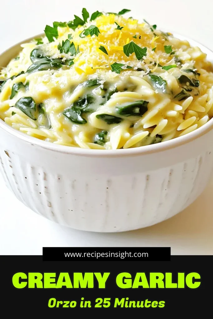 Indulge in the deliciousness of Creamy Garlic Parmesan Orzo with Spinach! This easy recipe combines comforting orzo pasta, rich Parmesan, and vibrant spinach, making it a perfect weeknight meal. In just 25 minutes, you'll create a creamy dish that's sure to impress. Ready to elevate your dinner game? Click through to discover the full recipe and enjoy every bite. #PastaRecipes #EasyDinner #ComfortFood #VegetarianCooking
