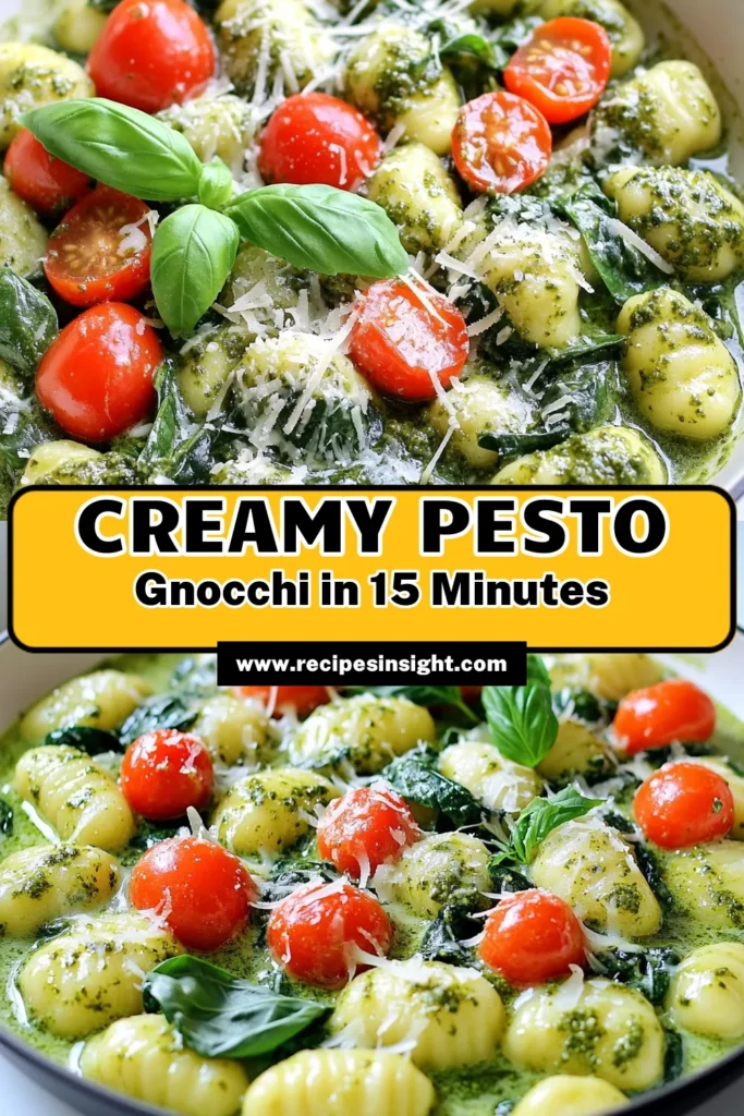 Whip up a delicious Minute Creamy Pesto Gnocchi Skillet in just 15 minutes! This easy recipe combines tender gnocchi, rich heavy cream, and fresh basil pesto to create a flavorful dish that's perfect for any night of the week. Loaded with cherry tomatoes and spinach, it's not only delicious but also nutritious. Click through for the full recipe and treat yourself to this mouthwatering meal tonight! #CreamyPestoGnocchi #EasyRecipes #QuickMeals #PastaLovers