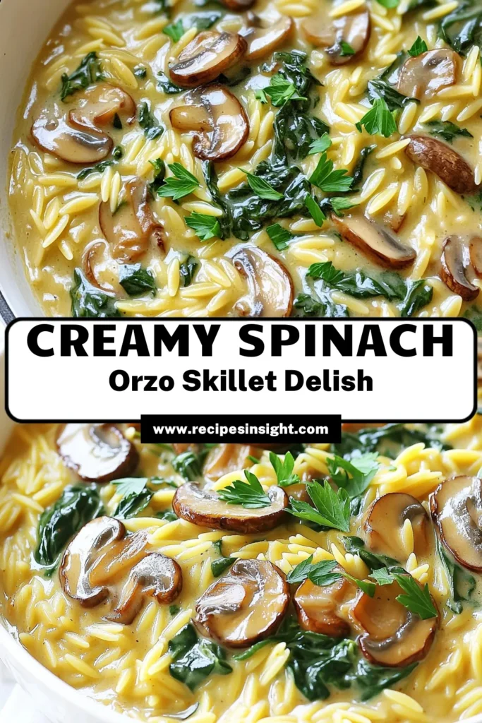 Indulge in a delicious and easy Creamy Mushroom Spinach Orzo Skillet that's perfect for any night of the week! This one-pan dish combines tender orzo pasta with earthy mushrooms, fresh spinach, and a creamy sauce that will have everyone asking for seconds. Ready in just 30 minutes, it's a satisfying meal for busy days. Click through for the full recipe and elevate your dinner game tonight! #CreamyMushroomSpinachOrzo #OrzoRecipes #OnePanMeals #VegetarianDinner