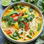 - Rice noodles: 200g - Coconut oil: 1 tablespoon - Fresh vegetables: bell pepper, broccoli, snap peas - Onion: 1 medium, diced - Garlic: 3 cloves, minced - Ginger: 1 tablespoon, grated - Red curry paste: 2 tablespoons - Coconut milk: 400ml - Vegetable broth: 500ml - Soy sauce: 1 tablespoon - Lime juice: 1 tablespoon When you make Thai Coconut Curry Noodle Soup, the right ingredients can make or break your dish. Here’s what you need to gather for a tasty bowl. First, start with 200g of rice noodles. They provide the perfect base for this soup. Next, use 1 tablespoon of coconut oil. It adds a rich taste and helps cook the veggies. For fresh veggies, I like to add bell peppers, broccoli, and snap peas. These give color and crunch to the soup. Aim for about 1 cup of each, sliced or chopped. Now, for the aromatics. You need 1 medium onion, diced, 3 cloves of garlic, minced, and 1 tablespoon of grated ginger. These ingredients create a fragrant start for your soup. Don't forget the 2 tablespoons of red curry paste for that signature Thai flavor. The base of your soup needs 400ml of coconut milk. This makes the soup creamy and rich. Add 500ml of vegetable broth for depth. A touch of 1 tablespoon of soy sauce and 1 tablespoon of lime juice will balance the flavors. Gathering these ingredients will set you up for success in creating a bowl of comforting Thai Coconut Curry Noodle Soup. Each item plays a role in building warmth and flavor. Enjoy the process! - Cook rice noodles according to package instructions. - Drain and set aside. - Heat coconut oil in a pot over medium heat. - Add diced onion and sauté until softened, about 3-4 minutes. - Stir in minced garlic and grated ginger, cooking until fragrant, about 1 minute. - Add red curry paste and cook to release flavors for about 2 minutes. - Pour in coconut milk and vegetable broth. Stir and bring to a simmer. - Incorporate soy sauce and lime juice into the mix. - Add sliced bell peppers, broccoli florets, and snap peas. Cook until tender, about 5-7 minutes. - Stir in prepared rice noodles until heated through. - Adjust seasoning as needed to taste. To make your Thai Coconut Curry Noodle Soup just right, adjusting spice levels is key. If you like heat, add chili flakes. Start with a pinch and taste. You can always add more but can't take it out. For texture, choose fresh vegetables. Bell peppers add sweetness, while broccoli and snap peas bring crunch. Store leftovers in airtight containers. This keeps them fresh and tasty. Place the soup in the fridge and eat within three days. When reheating, do it gently. Use low heat on the stove. This prevents the noodles from getting mushy. Stir often to warm everything evenly. Serve your soup with some lime wedges on the side. They add a fresh burst of flavor. Fresh cilantro as a garnish enhances the look and taste too. For drinks, try iced tea or coconut water. They pair well with the rich flavors of the soup. {{image_2}} You can easily change the protein in your Thai Coconut Curry Noodle Soup. For a tasty addition, try tofu, chicken, or shrimp. - Tofu: Use firm tofu for a hearty bite. Cut it into cubes and fry it until golden. Add it to the soup when you mix in the noodles. - Chicken: Cook diced chicken breast in the pot after the aromatics. Let it cook fully before adding the liquids. - Shrimp: Toss in raw shrimp just before adding the noodles. They cook fast, making them a great option. If you want a vegetarian or vegan option, tofu is the best choice. It absorbs flavors well, making your soup rich and satisfying. Switching up the noodles or other ingredients can also change the dish. Here are some ideas: - Noodles: Instead of rice noodles, try soba or udon noodles. Both add a nice texture to the soup. - Vegetables: You can swap in any veggies you like. Zucchini, carrots, or spinach work well. - Broth: If you need a lighter soup, use chicken or fish broth instead of vegetable broth. These swaps help fit your tastes or dietary needs. You can boost the flavors in your soup easily. Here are a few ways to do that: - Spices: Add more heat with chili flakes or fresh chilies. You can also use ground coriander or cumin for a different taste. - Herbs: Fresh basil or mint can give your soup a fresh twist. Add them right before serving for the best flavor. - Sauces: A splash of fish sauce or tamari can add depth. Just be careful not to overpower the other flavors. Trying these enhancements makes the soup your own. Enjoy experimenting with flavors! To keep your Thai coconut curry noodle soup fresh, use airtight containers. Make sure the soup cools to room temperature first. Then, transfer it to the container. You can store it in the fridge for up to three days. If you want to keep it longer, freezing works well. Use freezer-safe containers or bags. Split it into smaller portions for easy reheating. In the fridge, the soup lasts about three days. If you freeze it, it can last up to three months. Always look for signs that the soup is no longer good. If the soup smells off or has a strange color, it’s best to throw it away. Also, if you see any mold, do not eat it. Trust your senses; they guide you well. Yes, you can try using green or yellow curry paste. Each paste has a unique flavor. Green curry paste is spicier, while yellow is milder. You can also make your own paste with herbs and spices. Just keep the balance in mind. This recipe can be made gluten-free. Substitute soy sauce with tamari or coconut aminos. Both options keep the flavor while removing gluten. You can also check labels on rice noodles to ensure they are gluten-free. Yes, you can prepare this soup ahead of time. Cook the noodles separately and store them. When you reheat, add the noodles just before serving. This keeps them from getting mushy in the soup. Some great sides include spring rolls or a fresh salad. You can also serve it with jasmine rice or grilled vegetables. These sides balance the soup's rich flavors and add variety to your meal. This blog post shared a simple recipe for Thai Coconut Curry Noodle Soup. We covered key ingredients like rice noodles, fresh veggies, and rich coconut milk. I explained how to prepare the soup step-by-step, highlighted tips for perfection, and offered variations to fit your taste. Feel free to adjust the spices or add your favorite protein. Remember, storing leftovers properly keeps the soup fresh. Enjoy making this flavorful dish, and share it with family and friends for a warm meal anytime.