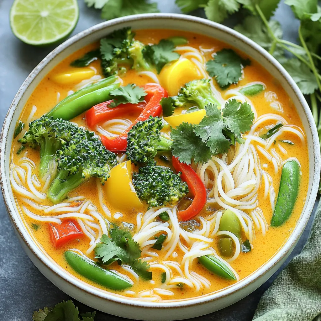- Rice noodles: 200g - Coconut oil: 1 tablespoon - Fresh vegetables: bell pepper, broccoli, snap peas - Onion: 1 medium, diced - Garlic: 3 cloves, minced - Ginger: 1 tablespoon, grated - Red curry paste: 2 tablespoons - Coconut milk: 400ml - Vegetable broth: 500ml - Soy sauce: 1 tablespoon - Lime juice: 1 tablespoon When you make Thai Coconut Curry Noodle Soup, the right ingredients can make or break your dish. Here’s what you need to gather for a tasty bowl. First, start with 200g of rice noodles. They provide the perfect base for this soup. Next, use 1 tablespoon of coconut oil. It adds a rich taste and helps cook the veggies. For fresh veggies, I like to add bell peppers, broccoli, and snap peas. These give color and crunch to the soup. Aim for about 1 cup of each, sliced or chopped. Now, for the aromatics. You need 1 medium onion, diced, 3 cloves of garlic, minced, and 1 tablespoon of grated ginger. These ingredients create a fragrant start for your soup. Don't forget the 2 tablespoons of red curry paste for that signature Thai flavor. The base of your soup needs 400ml of coconut milk. This makes the soup creamy and rich. Add 500ml of vegetable broth for depth. A touch of 1 tablespoon of soy sauce and 1 tablespoon of lime juice will balance the flavors. Gathering these ingredients will set you up for success in creating a bowl of comforting Thai Coconut Curry Noodle Soup. Each item plays a role in building warmth and flavor. Enjoy the process! - Cook rice noodles according to package instructions. - Drain and set aside. - Heat coconut oil in a pot over medium heat. - Add diced onion and sauté until softened, about 3-4 minutes. - Stir in minced garlic and grated ginger, cooking until fragrant, about 1 minute. - Add red curry paste and cook to release flavors for about 2 minutes. - Pour in coconut milk and vegetable broth. Stir and bring to a simmer. - Incorporate soy sauce and lime juice into the mix. - Add sliced bell peppers, broccoli florets, and snap peas. Cook until tender, about 5-7 minutes. - Stir in prepared rice noodles until heated through. - Adjust seasoning as needed to taste. To make your Thai Coconut Curry Noodle Soup just right, adjusting spice levels is key. If you like heat, add chili flakes. Start with a pinch and taste. You can always add more but can't take it out. For texture, choose fresh vegetables. Bell peppers add sweetness, while broccoli and snap peas bring crunch. Store leftovers in airtight containers. This keeps them fresh and tasty. Place the soup in the fridge and eat within three days. When reheating, do it gently. Use low heat on the stove. This prevents the noodles from getting mushy. Stir often to warm everything evenly. Serve your soup with some lime wedges on the side. They add a fresh burst of flavor. Fresh cilantro as a garnish enhances the look and taste too. For drinks, try iced tea or coconut water. They pair well with the rich flavors of the soup. {{image_2}} You can easily change the protein in your Thai Coconut Curry Noodle Soup. For a tasty addition, try tofu, chicken, or shrimp. - Tofu: Use firm tofu for a hearty bite. Cut it into cubes and fry it until golden. Add it to the soup when you mix in the noodles. - Chicken: Cook diced chicken breast in the pot after the aromatics. Let it cook fully before adding the liquids. - Shrimp: Toss in raw shrimp just before adding the noodles. They cook fast, making them a great option. If you want a vegetarian or vegan option, tofu is the best choice. It absorbs flavors well, making your soup rich and satisfying. Switching up the noodles or other ingredients can also change the dish. Here are some ideas: - Noodles: Instead of rice noodles, try soba or udon noodles. Both add a nice texture to the soup. - Vegetables: You can swap in any veggies you like. Zucchini, carrots, or spinach work well. - Broth: If you need a lighter soup, use chicken or fish broth instead of vegetable broth. These swaps help fit your tastes or dietary needs. You can boost the flavors in your soup easily. Here are a few ways to do that: - Spices: Add more heat with chili flakes or fresh chilies. You can also use ground coriander or cumin for a different taste. - Herbs: Fresh basil or mint can give your soup a fresh twist. Add them right before serving for the best flavor. - Sauces: A splash of fish sauce or tamari can add depth. Just be careful not to overpower the other flavors. Trying these enhancements makes the soup your own. Enjoy experimenting with flavors! To keep your Thai coconut curry noodle soup fresh, use airtight containers. Make sure the soup cools to room temperature first. Then, transfer it to the container. You can store it in the fridge for up to three days. If you want to keep it longer, freezing works well. Use freezer-safe containers or bags. Split it into smaller portions for easy reheating. In the fridge, the soup lasts about three days. If you freeze it, it can last up to three months. Always look for signs that the soup is no longer good. If the soup smells off or has a strange color, it’s best to throw it away. Also, if you see any mold, do not eat it. Trust your senses; they guide you well. Yes, you can try using green or yellow curry paste. Each paste has a unique flavor. Green curry paste is spicier, while yellow is milder. You can also make your own paste with herbs and spices. Just keep the balance in mind. This recipe can be made gluten-free. Substitute soy sauce with tamari or coconut aminos. Both options keep the flavor while removing gluten. You can also check labels on rice noodles to ensure they are gluten-free. Yes, you can prepare this soup ahead of time. Cook the noodles separately and store them. When you reheat, add the noodles just before serving. This keeps them from getting mushy in the soup. Some great sides include spring rolls or a fresh salad. You can also serve it with jasmine rice or grilled vegetables. These sides balance the soup's rich flavors and add variety to your meal. This blog post shared a simple recipe for Thai Coconut Curry Noodle Soup. We covered key ingredients like rice noodles, fresh veggies, and rich coconut milk. I explained how to prepare the soup step-by-step, highlighted tips for perfection, and offered variations to fit your taste. Feel free to adjust the spices or add your favorite protein. Remember, storing leftovers properly keeps the soup fresh. Enjoy making this flavorful dish, and share it with family and friends for a warm meal anytime.
