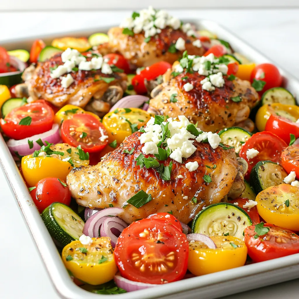 - 4 boneless, skinless chicken thighs - 2 cups cherry tomatoes, halved - 1 red bell pepper, sliced - 1 yellow bell pepper, sliced - 1 zucchini, sliced - 1 red onion, cut into wedges - 1 tablespoon dried oregano The main ingredients for this dish are simple yet full of flavor. The chicken thighs provide a juicy base. Cherry tomatoes add sweetness and color. Bell peppers bring crunch and brightness. Zucchini adds a nice texture, while red onion gives a mild sweetness. Dried oregano ties all these ingredients together with earthy flavors. - 1/4 cup olive oil - 1 tablespoon fresh lemon juice - 4 cloves garlic, minced - Salt and pepper to taste The marinade is key to infusing flavor into the chicken and veggies. Olive oil adds richness and helps everything cook well. Lemon juice brings a bright zing that cuts through the richness. Minced garlic gives a punch of flavor. Don't forget salt and pepper; they enhance all the other flavors in the dish. - Feta cheese, crumbled - Fresh parsley, chopped Feta cheese adds a salty, creamy touch. It melts slightly on the hot dish, creating a delicious contrast. Fresh parsley brightens the meal with its color and flavor. You can add these toppings right before serving for an extra layer of taste. First, you need to preheat your oven to 400°F (200°C). This step ensures your chicken cooks evenly. While the oven heats, let's make the marinade. In a large bowl, mix together the olive oil, lemon juice, minced garlic, dried oregano, salt, and pepper. This mix brings great flavor. Next, add the chicken thighs to the bowl. Toss them well to coat in the marinade. Let the chicken marinate for about 15 minutes. This short wait enhances the taste. Now it’s time to prepare the sheet pan. Start by arranging the halved cherry tomatoes, sliced red and yellow bell peppers, zucchini, and red onion in an even layer. This way, they cook nicely. Once the veggies are spread out, place the marinated chicken thighs on top. Drizzle any remaining marinade over both the chicken and vegetables. This adds extra flavor while they cook. With everything on the pan, place it in your preheated oven. Bake for 25-30 minutes. You want the chicken to reach an internal temperature of 165°F (75°C) and the veggies to be tender. Once done, take the pan out and let it rest for a few minutes. This helps keep the chicken juicy. Before serving, crumble some feta cheese over the dish and sprinkle with fresh parsley. This step adds a nice touch to your meal. Enjoy your delicious creation! Marinating the chicken is key to great flavor. I recommend marinating for at least 15 minutes. If you have more time, let it sit for up to an hour in the fridge. This lets the flavors soak in deep. To check if the chicken is done, use a meat thermometer. The internal temperature should reach 165°F (75°C). If you don’t have a thermometer, cut into the chicken. The meat should be white with no pink inside. Slice your vegetables evenly. This helps them cook at the same rate. Aim for pieces about the same size. For bell peppers and zucchini, cut them into strips or rounds. For onions, wedges work well, too. If you want to change the veggies, try asparagus or broccoli. You can also use carrots or eggplant. Just make sure to adjust the cooking time if you use harder vegetables. This dish pairs well with a side of rice or quinoa. You can also serve it with a fresh Greek salad. For a nice crunch, add some pita chips on the side. When it comes to wine, a light white like Sauvignon Blanc is a great choice. The crisp flavors match well with the chicken and veggies. Enjoy! {{image_2}} Low-carb adaptations If you want a low-carb dish, swap out the potatoes for more veggies. Use extra zucchini or cauliflower. These keep the meal light and tasty. Vegetarian options For a vegetarian meal, replace chicken with chickpeas or firm tofu. Both options soak up flavors well. Toss them in the marinade just like you would with chicken. Additional herbs and spices To give your dish a boost, try adding herbs like thyme or rosemary. You can also mix in some smoked paprika for a deeper flavor. These additions can make your meal even more exciting. Spice levels for heat preference If you like heat, add red pepper flakes to the marinade. This will give the dish a nice kick. Start with a little, then taste. You can always add more! Alternative proteins Chicken thighs are great, but you can use chicken breasts or even fish. Salmon or cod work well with this recipe, too. Just adjust the cooking time as needed. Seasonal vegetable variations You can mix and match the veggies based on what’s in season. Try asparagus in spring or squash in fall. This keeps the dish fresh and fun all year long. To keep your Sheet-Pan Greek Chicken & Veggies fresh, follow these tips: - Refrigeration guidelines: Place leftovers in an airtight container. They last up to four days in the fridge. Make sure the chicken and veggies cool to room temperature before sealing them. - Freezing tips: For longer storage, you can freeze the leftovers. Use a freezer-safe bag or container. They can stay fresh for up to three months. Thaw them in the fridge overnight before reheating. When it’s time to enjoy your leftovers, follow these steps: - Best methods for reheating: The oven works great for reheating. Preheat it to 350°F (175°C). Place the chicken and veggies on a baking sheet. Heat for about 15-20 minutes or until warm. - Maintaining flavor and texture: To keep the chicken juicy, cover it with aluminum foil while reheating. This helps prevent drying out. You can also add a splash of olive oil to keep things flavorful. What can I substitute for chicken thighs? You can use chicken breasts for this recipe. They will cook faster, so check them after 20 minutes. If you prefer another protein, try turkey or even tofu for a meatless option. Can I use frozen vegetables? Yes, you can use frozen vegetables. Just add them to the pan without thawing. Keep an eye on them, as they may need a bit more time to cook. How long to bake if using larger chicken pieces? If you use larger chicken pieces, bake for about 35 to 40 minutes. Always check that the internal temperature reaches 165°F to ensure they are safe to eat. What to do if vegetables are overcooked? If your veggies are overcooked, try serving them with a sauce or dip. You can also mix them into a soup or stew to add flavor and texture. Can this dish be prepped in advance? Yes, you can prep this dish ahead of time. Marinate the chicken and chop the vegetables the night before. Store them in the fridge until you are ready to cook. How to pack for lunches? To pack this dish for lunch, let it cool before placing it in containers. Add some extra feta and parsley for freshness. Enjoy it cold or warm it up in a microwave. This blog post covers a delicious chicken dish that’s easy to make. We explored main ingredients like chicken thighs, fresh veggies, and Greek seasonings. The marinade combines olive oil, lemon juice, and garlic for great flavor. You can add toppings like feta cheese and parsley for a tasty finish. With step-by-step directions, you can achieve perfect results. Use tips for marinating and cooking for juicy chicken and crisp veggies. Also, try the variations to suit your diet. Store leftovers properly to enjoy later. Cooking can be fun and rewarding!