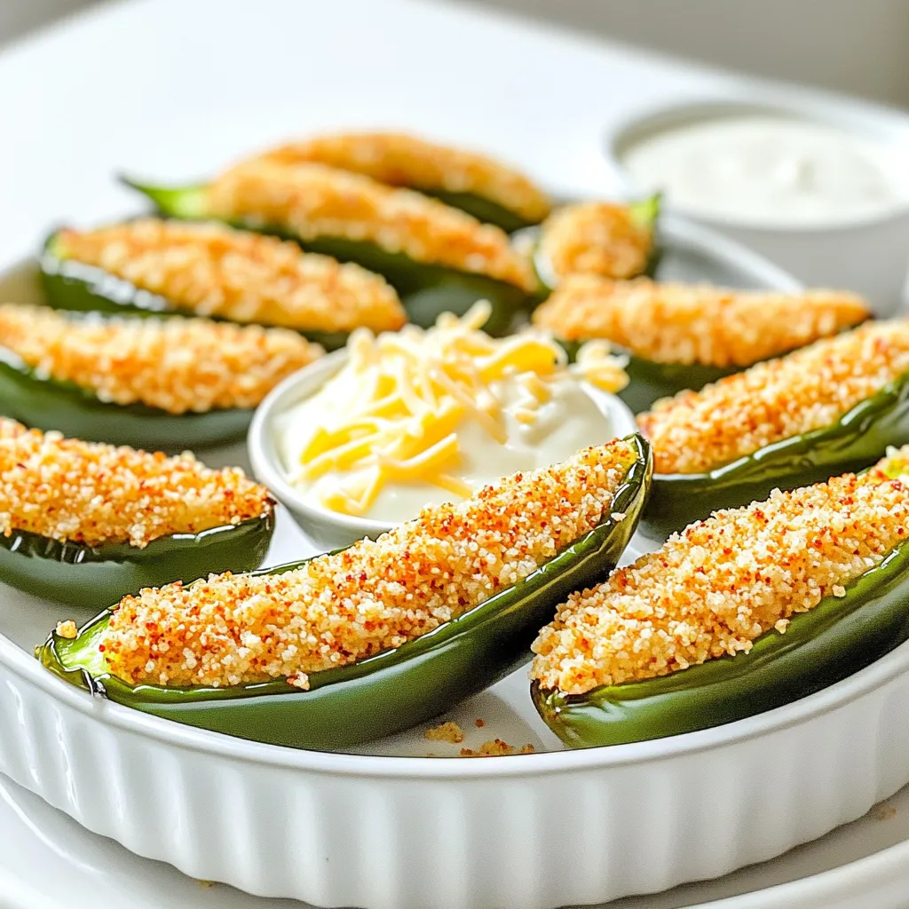 - 4 large jalapeños, halved and seeded - 1 cup all-purpose flour - 2 large eggs, beaten - 1 cup breadcrumbs (panko recommended for extra crunch) - 1 teaspoon garlic powder - 1 teaspoon onion powder - 1 teaspoon paprika - 1 teaspoon salt - ½ teaspoon black pepper - ½ cup shredded cheddar cheese (optional) - Cooking spray To make air fryer jalapeño fries, you need fresh ingredients. Start with four large jalapeños. Choose firm ones for the best crunch. Halving and seeding them makes them easy to coat. Next, gather your dry ingredients. You will need one cup of all-purpose flour. This helps the jalapeños stick to the egg and breadcrumbs. You also need two large eggs, beaten well. This will add moisture and help the coating stick. For the crunchy outer layer, use one cup of breadcrumbs. Panko breadcrumbs are my favorite. They give extra crunch, making these fries even more delicious. For flavor, add one teaspoon each of garlic powder, onion powder, and paprika. These spices add depth to each bite. Don’t forget the salt! One teaspoon will enhance all the flavors. A half teaspoon of black pepper adds a bit of heat without being overwhelming. If you love cheese, consider adding a half cup of shredded cheddar cheese. It melts beautifully on top of the fries. Finally, keep some cooking spray handy. This helps achieve that golden, crispy finish in the air fryer. With these ingredients, you’re ready to whip up a tasty snack everyone will love! - Preheat the air fryer to 400°F (200°C). This helps to cook the fries evenly. - In a shallow bowl, mix together 1 cup of all-purpose flour, 1 teaspoon of garlic powder, 1 teaspoon of onion powder, 1 teaspoon of paprika, 1 teaspoon of salt, and ½ teaspoon of black pepper. This mixture gives great flavor. - In another bowl, beat 2 large eggs until they are well mixed. This will help the coating stick to the jalapeños. - Take each jalapeño half and coat it in the flour mixture. Make sure to shake off the extra flour. - Dip the floured jalapeño into the beaten eggs, ensuring it is fully coated. This step is key for a good crunch. - Roll the jalapeño in 1 cup of breadcrumbs, pressing slightly to make them stick. For extra flavor, you can add shredded cheese on top of the breadcrumbs. - Arrange the coated jalapeño fries in a single layer in the air fryer basket. This helps them cook well. - Spray lightly with cooking spray for extra crispiness. This step makes a big difference in texture. - Air fry for 10-12 minutes, or until golden brown and crispy. Remember to shake the basket halfway through to cook evenly. - Once cooked, remove the jalapeño fries from the air fryer and let them cool slightly. Enjoy them hot with your favorite dipping sauce! To get the best crunch, I always use Panko breadcrumbs. They create a light and crispy coating. Regular breadcrumbs can be fine, but they won't give the same texture. Panko is coarser, which helps with that perfect bite. Also, using cooking spray is key. It keeps the fries crisp without adding too much oil. A light spray before cooking helps them brown well. To boost the flavor, I suggest adding cayenne pepper. It gives a nice kick without overwhelming the jalapeño taste. You can also mix in some chili powder if you want more heat. For cheese lovers, try different types of cheese. Cheddar is great, but mozzarella or pepper jack can add a fun twist. These small changes can really make a big difference in taste. When serving, choose your dipping sauces wisely. Ranch is a classic choice, and it cools the heat nicely. You can also try spicy aioli for a fun twist. For best results, serve your fries hot. They taste best right out of the air fryer. Let them sit for a couple of minutes, but serve them warm to keep that crispy texture. {{image_2}} To amp up the heat, consider using different jalapeño types. You can try the spicy Serrano or the fiery Habanero. Both will give your fries a new kick. You can also mix in some chili powder when coating. This adds flavor and heat. Using different cheeses is another fun way to change flavors. Try pepper jack for a spicy twist, or go with a smoky gouda. These options add richness and depth to each bite. For those who prefer vegetarian or gluten-free meals, swap out the flour and breadcrumbs. Use almond flour or chickpea flour as a base. Both options keep the taste while catering to your needs. You can also use crushed cornflakes instead of breadcrumbs. This change gives a unique crunch. Try adding some nutritional yeast for a cheesy flavor without dairy. Think outside the box with serving ideas. Use the jalapeño fries as a topping for nachos. They add spice and crunch to the creamy cheese and beans. You can also incorporate these fries into sandwiches or wraps. They make a great filling with grilled veggies or spicy meats. The added crunch makes every bite exciting and flavorful. To keep your leftover jalapeño fries fresh, place them in an airtight container. You can use glass or plastic containers with tight lids. Avoid stacking fries too high to keep them crispy. To enjoy your jalapeño fries again, reheat them in the air fryer. Set the air fryer to 350°F (175°C) and heat for about 5-7 minutes. This keeps them crispy and hot. You can also try using the oven. Just bake them at 375°F (190°C) for 10 minutes. You can freeze jalapeño fries before or after cooking. If you freeze them before cooking, place them on a tray to freeze individually. Once frozen, transfer them to a freezer bag. For thawing, let them sit in the fridge overnight. Then, air fry them straight from the freezer until crispy. Air fryer jalapeño fries stay fresh for about 3 days in the fridge. Store them in an airtight container. If you want to keep them longer, you can freeze them. They can last up to 2 months in the freezer. Just cool them down first before sealing. Yes, you can use other chilies! Bell peppers give a sweet taste. For more heat, try serrano or Fresno peppers. Just remember to adjust the cooking time if you choose larger peppers, as they may take longer to cook. I love pairing jalapeño fries with ranch dressing. Spicy aioli is another great choice. You can also try cheese sauce or guacamole. These dips add a nice flavor contrast to the spicy fries. You can prep jalapeño fries ahead of time! Coat the jalapeños and store them in the fridge for up to 24 hours. Just remember to cook them right before serving for the best crunch. For extra crispiness, use panko breadcrumbs instead of regular ones. They create a great crunch. Also, make sure to spray them lightly with cooking spray before air frying. This adds a nice golden color and crisp texture. Shaking the basket halfway through cooking helps too! You now know how to make delicious air fryer jalapeño fries. Start with fresh jalapeños, coat them well, and air fry until crispy. Use Panko breadcrumbs for extra crunch and explore flavor options like cheese and spices. Don’t forget about storage and reheating tips for leftovers. With these steps, you’ll impress yourself and others with tasty bites. Enjoy experimenting with variations and serving ideas. Dive into this fun dish and make it your own!
