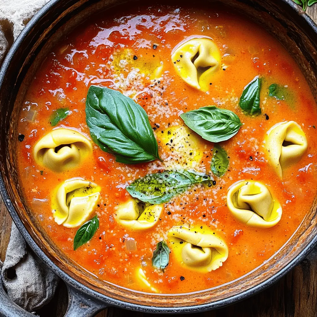 To make One-Pot Creamy Tomato Tortellini Soup, gather these simple items: - 2 tablespoons olive oil - 1 small onion, diced - 3 cloves garlic, minced - 1 can (28 oz) crushed tomatoes - 4 cups vegetable broth - 1 teaspoon dried basil - 1 teaspoon dried oregano - 1/2 teaspoon red pepper flakes (optional for heat) - 1 package (9 oz) cheese tortellini - 1 cup heavy cream (or coconut cream for a dairy-free option) - Salt and pepper to taste - Fresh basil leaves for garnish - Grated Parmesan cheese for serving (optional) You will need some key tools to make this dish: - A large pot for cooking - A wooden spoon for stirring - A chef's knife for chopping - A cutting board for prep - Measuring cups and spoons for accuracy If you want to mix things up, consider these swaps: - Use chicken broth instead of vegetable broth for a richer flavor. - Swap cheese tortellini with spinach or mushroom tortellini for a twist. - Use yogurt instead of heavy cream for a lighter version. - Fresh herbs can replace dried ones for more vibrant flavor, just use about three times more. - Try adding other vegetables like spinach or carrots for extra nutrients. 1. Start by heating the olive oil in a large pot over medium heat. 2. Add the diced onion. Cook it until it turns soft and clear, about 3-4 minutes. 3. Next, stir in the minced garlic. Cook for one minute until it smells good. 4. Pour in the crushed tomatoes and vegetable broth. Add the dried basil, oregano, and red pepper flakes if you want heat. Stir well. 5. Bring this mix to a gentle boil, then lower the heat to simmer. 6. Now, add the cheese tortellini to the mix. Cook them as the package says, about 3-5 minutes or until they float. 7. Lower the heat again and mix in the heavy cream. Stir until it blends well. Simmer for 2-3 minutes. 8. Finally, season your soup with salt and pepper to your taste. - When heating the oil, watch it closely. Don't let it smoke. - For the onion, stirring often helps it cook evenly. - Add garlic after the onion to avoid burning it. - When adding the tomatoes and broth, scrape the bottom of the pot to mix flavors. - Keep an eye on the tortellini. Overcooked pasta can turn mushy. - Stir the cream in gently to keep the soup smooth. - Taste your soup before serving to adjust the salt and pepper. - Consider taking pictures at each step. It helps you track your progress. - Look for videos online that show similar recipes. Watching can boost your confidence. - Use a colorful bowl for serving. A great presentation makes the dish more appealing. - Watch for the tortellini to float as a sign they are ready. It’s a fun visual cue! To make your One-Pot Creamy Tomato Tortellini Soup shine, use fresh herbs. Fresh basil adds a bright taste. You can also add a splash of balsamic vinegar for depth. If you're a fan of heat, toss in more red pepper flakes. Stir them in before serving to keep the spice alive. For an extra creamy texture, use full-fat heavy cream. It blends well and gives the soup a rich taste. Don't forget to taste as you go. Adjust salt and pepper to suit your palate. One common mistake is overcooking the tortellini. They should float to the top, which means they are done. If you cook them too long, they can get mushy. Another error is adding the cream too early. Wait until after the tortellini are cooked. This keeps the cream from curdling. Lastly, be careful with salt. The broth may already have enough salt. Taste first before adding more. Serve the soup hot for the best flavor. Garnish with fresh basil leaves for color. A sprinkle of grated Parmesan cheese adds a salty kick. For a complete meal, pair your soup with crusty bread. This helps soak up every delicious drop. Consider a side salad to balance the meal. The soup is rich, so a light salad works well. Enjoy your meal and savor each bite! {{image_2}} To make this soup dairy-free, swap heavy cream for coconut cream. Coconut cream gives a rich taste without dairy. It blends well with the tomatoes. You can also use almond milk or cashew cream for a lighter option. For vegan tortellini, look for brands made without cheese. Many stores now offer these options, making it easy to enjoy. Feel free to play with the flavors. You can add spinach or kale for extra veggies. These greens add nutrition and color to your soup. Try swapping crushed tomatoes for diced tomatoes for a chunkier texture. You can also change herbs; thyme or parsley work well too. Want more spice? Add jalapeños or use spicy sausage tortellini. This recipe serves four, but you can easily adjust it. To serve two, halve all the ingredients. If you want more, double the recipe for a crowd. Just keep an eye on cooking times, especially for the tortellini. Serve with crusty bread for a complete meal. Enjoy this soup any time of year! To keep your soup fresh, let it cool first. Pour leftover soup into an airtight container. You can store it in the fridge for up to three days. Make sure the lid is tight. This helps keep flavors and moisture inside. If you have a lot of soup, you can divide it into smaller containers for easy meals later. When you want to enjoy your soup again, reheat it on the stove. Pour the soup into a pot over medium heat. Stir it often to warm it evenly. If the soup is too thick, add a splash of broth or water. You can also use the microwave. Place the soup in a microwave-safe bowl. Heat it in short bursts, stirring each time. This keeps it from getting too hot in spots. You can freeze this soup for a later meal. Let it cool fully before freezing. Use a freezer-safe container or bag. Leave some space at the top for expansion. The soup can last in the freezer for about three months. When you're ready to eat, thaw it in the fridge overnight. Then, reheat it on the stove as mentioned above. This way, you always have a warm meal ready to go! Yes, you can use fresh tortellini! Fresh tortellini often cooks faster than packaged. Check the cooking time on the package. Fresh tortellini will add a delightful texture to the soup. Just add it in the last few minutes of cooking. This way, they stay tender and do not overcook. To spice up the soup, add more red pepper flakes. Start with one teaspoon, then taste. If you want more heat, add more. You can also add hot sauce for an extra kick. Another option is to include diced jalapeños. This will give the soup a nice heat without overpowering the flavor. This soup pairs well with crusty bread or garlic bread. You can also serve it with a fresh salad. A simple green salad with vinaigrette works great. For a heartier meal, try a grilled cheese sandwich. This combo makes for a cozy and filling dinner. In this post, we explored the key ingredients for a delicious dish and how to prepare them. I shared step-by-step instructions to make cooking easy and fun. We also discussed tips for enhancing flavor and avoiding common mistakes. Plus, I offered variations for special diets and advice on storage and reheating. Remember, cooking is about experimenting. Don't be afraid to try your own twists. Your version of this dish can become a favorite! Enjoy your culinary journey.