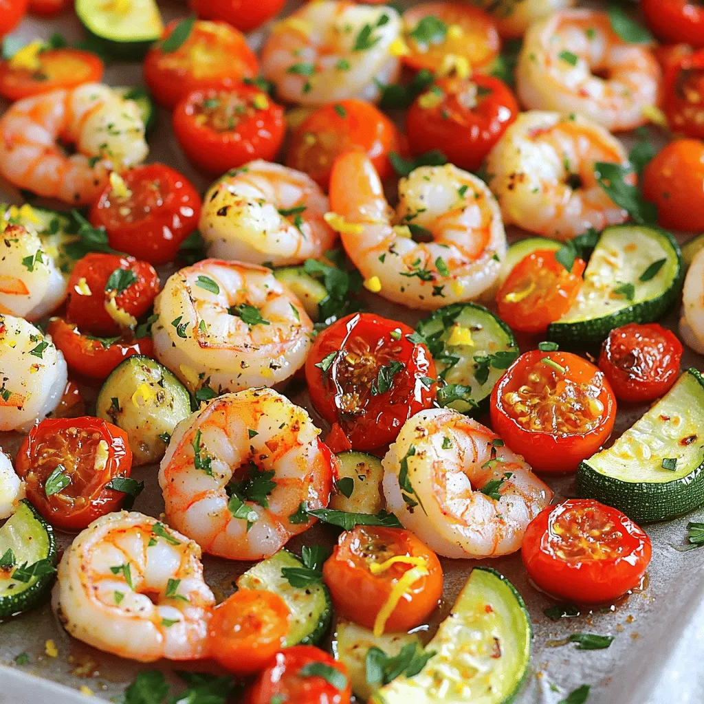 - 1 lb large shrimp, peeled and deveined - 1 cup cherry tomatoes, halved - 1 red bell pepper, sliced - 1 zucchini, sliced into half-moons - 1 red onion, sliced into wedges - 3 cloves garlic, minced - 2 tablespoons olive oil - 1 teaspoon dried oregano - 1 teaspoon smoked paprika - 1/2 teaspoon red pepper flakes (optional) - Salt and pepper to taste - 1 lemon, juiced and zested - Fresh parsley, chopped (for garnish) To make Sheet Pan Mediterranean Shrimp, gather these ingredients. Each one adds to the dish's flavor. First, the shrimp is the star. I love using large shrimp for this recipe. They cook well and soak up the flavors. Next, the cherry tomatoes burst with sweetness. They add color and juiciness. The red bell pepper and zucchini bring texture. Their bright colors make the dish pop. The red onion gives a nice crunch and flavor. Garlic adds a wonderful aroma and taste. Olive oil is key for roasting. It helps everything cook evenly. The dried oregano and smoked paprika give a warm, earthy flavor. If you like spice, sprinkle in red pepper flakes. Adjust salt and pepper to your taste. Lemon juice and zest brighten the dish. Fresh parsley adds a lovely touch at the end. These ingredients come together for a tasty feast. This recipe is not just quick; it’s also colorful and full of flavor. First, set your oven to 400°F (200°C). This heat will cook the shrimp and veggies just right. Next, grab a large baking sheet and line it with parchment paper. This helps with easy cleanup. Now, gather your fresh ingredients! You will need shrimp, cherry tomatoes, red bell pepper, zucchini, red onion, and garlic. In a large bowl, add the shrimp and all the chopped veggies. Toss in the halved cherry tomatoes, sliced red bell pepper, zucchini, red onion, and minced garlic. Drizzle 2 tablespoons of olive oil over the mix. Sprinkle in 1 teaspoon of dried oregano, 1 teaspoon of smoked paprika, and optional red pepper flakes. Season with salt and pepper. Mix it well until everything is coated in oil and spices. Spread the shrimp and vegetable mix on your baking sheet. Make sure it lays flat for even cooking. Squeeze half a lemon over the top and add lemon zest for a fresh taste. Now, place the sheet in the oven and bake for about 15-20 minutes. Check to see if the shrimp turn pink and curl up. Stir the mix halfway through. This helps everything cook evenly. When done, take it out, let it cool a bit, and top with fresh parsley before serving. Enjoy your tasty feast! To get the best taste, use fresh ingredients. Fresh shrimp and ripe tomatoes make a big difference. Season your shrimp and veggies well. Olive oil, lemon juice, and spices bring out the flavors. When mixing, ensure every piece is coated. This helps create a tasty blend. Pick large shrimp for this dish. They cook evenly and stay juicy. Look for shrimp that are firm and smell fresh. If you can, buy shrimp that are wild-caught. They often have better taste than farmed shrimp. Always check for the "peeled and deveined" label to save time. Cut your vegetables in similar sizes. This ensures they cook at the same rate. Roast them until they are tender but still crisp. Stir them halfway to avoid burning. Don’t overcrowd the pan, as this can lead to steaming rather than roasting. A little char adds great flavor, so keep an eye on them! {{image_2}} You can customize your Mediterranean shrimp dish with different vegetables. If you want a fresh twist, try these options: - Asparagus, cut into 2-inch pieces - Broccoli florets - Bell peppers in different colors - Baby spinach, added at the end These veggies add unique flavors and colors. You can mix and match based on what you have. This keeps the dish exciting and fresh. Spices can make your shrimp sing! Here are some ideas to enhance the dish: - Cumin for a warm, earthy taste - Lemon pepper for a zesty kick - Fresh herbs like thyme or basil for brightness Just sprinkle in your favorites before baking. A little extra spice can turn a good meal into a great one! This shrimp dish is naturally low in carbs and gluten-free. To keep it that way, focus on the veggies and shrimp. Avoid adding bread or grains. You can also add more healthy fats, like avocado, to increase fullness. This keeps your meal tasty and good for your health. Enjoy each bite without worry! To keep your Mediterranean shrimp fresh, store it in an airtight container. Make sure the shrimp and veggies cool down to room temperature before sealing. This helps avoid steam, which can make your dish soggy. Store your leftovers in the fridge. They will last for up to three days. When you are ready to enjoy your leftovers, reheat them in the oven for the best taste. Preheat your oven to 350°F (175°C). Place the shrimp and veggies on a baking sheet. Cover them with foil to keep moisture in. Heat for about 10-15 minutes, or until warmed through. You can also use a skillet. Just add a splash of olive oil and cook over medium heat, stirring gently until hot. You can freeze Mediterranean shrimp if you want to save it for later. Place cooled leftovers in a freezer-safe bag or container. Make sure to remove as much air as possible before sealing. This helps prevent freezer burn. The dish can stay fresh in the freezer for up to three months. When you are ready to eat it, thaw it in the fridge overnight. Then, reheat it in the oven or skillet for the best flavor. Yes, you can use frozen shrimp. Just remember to thaw them first. Place the shrimp in cold water for about 15-20 minutes. Make sure they are peeled and deveined. This helps them cook evenly. Frozen shrimp can work well in this dish. They still absorb all those great flavors. To add more heat, increase the red pepper flakes. You can also add diced jalapeños or a splash of hot sauce. Another option is to use cayenne pepper. Just add a little at a time. Adjust to your taste. This makes the dish lively and exciting. Mediterranean shrimp goes well with many sides. Consider serving it over rice or quinoa. A fresh green salad is also a great choice. You can add some crusty bread to soak up the juices. Roasted or grilled vegetables complement the dish perfectly. These sides enhance the meal and make it more filling. This blog post shared a simple recipe for Mediterranean shrimp. We covered the ingredients, steps, and tips to enhance flavor. You can use different veggies or spices for variety. Storing leftovers is easy with the right methods. Cooking shrimp this way brings bright flavors to your plate. Enjoy the fresh taste and make it your own! Happy cooking!