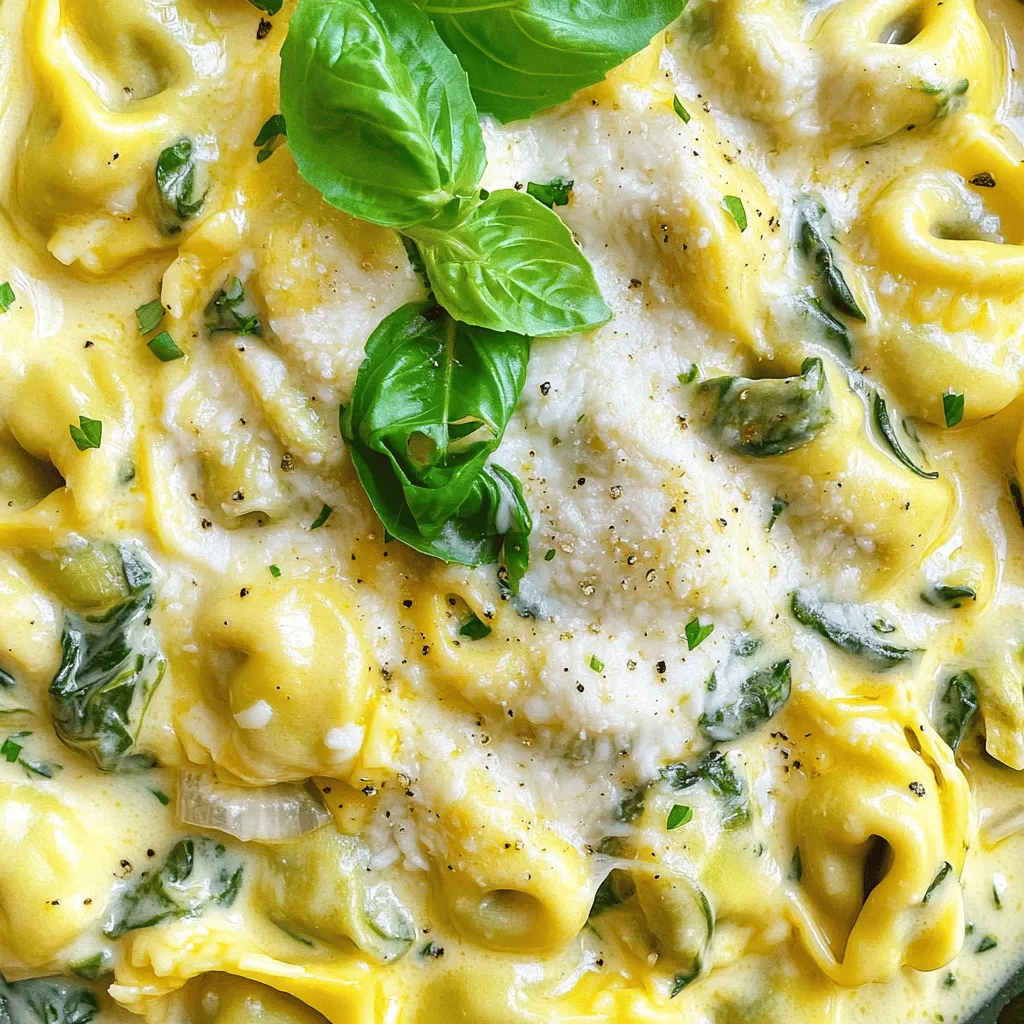 - 12 oz cheese tortellini - 1 cup frozen spinach, thawed and drained - 1 cup canned artichoke hearts, drained and chopped - 1 cup cream cheese, softened - 1 cup heavy cream - 1 cup shredded mozzarella cheese - ½ cup grated Parmesan cheese - 1 small onion, finely chopped - 2 cloves garlic, minced - 1 teaspoon dried oregano - Salt and pepper to taste Gathering the right ingredients is key for a great dish. First, we need cheese tortellini. It adds a soft and cheesy base to the meal. Next, grab frozen spinach. It gives a fresh taste without the hassle of washing and chopping. Canned artichoke hearts are perfect too. They bring a unique flavor and a nice texture. For the creamy part, cream cheese is a must. It makes the sauce rich and smooth. Heavy cream adds a velvety touch. Both mozzarella and Parmesan cheese melt perfectly in the mix. Their flavors combine to create a delightful cheesy experience. To boost the taste, don’t forget the onion and garlic. They add warmth and depth. Dried oregano brings a lovely herbal note. Lastly, use salt and pepper to enhance all the flavors. With these ingredients, you’re on your way to making a delicious creamy spinach artichoke tortellini! Start by boiling a large pot of salted water. The salt adds flavor to the tortellini. Once the water boils, add 12 oz of cheese tortellini. Cook it according to the package instructions, usually around 3-5 minutes. When done, drain the tortellini and set it aside for later. In a large skillet, heat a drizzle of olive oil over medium heat. Add 1 small finely chopped onion. Cook the onion until it turns translucent, about 3-4 minutes. Then, add 2 cloves of minced garlic and the 1 cup of thawed, drained spinach. Sauté for another 1-2 minutes until it smells great. Now, stir in 1 cup of chopped canned artichoke hearts. Mix everything well. Next, reduce the heat to low. Add 1 cup of softened cream cheese and 1 cup of heavy cream to the skillet. Stir until both are melted and combined. This step creates the creamy base. Now, add 1 cup of shredded mozzarella cheese and ½ cup of grated Parmesan cheese. Sprinkle in 1 teaspoon of dried oregano. Stir until the cheese melts and everything blends into a smooth sauce. Season with salt and pepper to taste. Add the cooked tortellini to the skillet. Gently toss the tortellini to coat it in the creamy sauce. Allow everything to heat together for 2-3 minutes, stirring occasionally. This step makes sure the tortellini absorbs the flavors. Serve hot and enjoy your creamy spinach artichoke tortellini! To get that perfect creamy texture in your creamy spinach artichoke tortellini, use a good cream ratio. I suggest one cup of heavy cream and one cup of cream cheese. This mix gives a rich and velvety sauce. Keep the heat low when you add these ingredients. High heat can cause the sauce to curdle. Stir gently and let it melt slowly. To boost the flavor, consider adding spices like red pepper flakes or nutmeg. These spices add warmth and depth to the dish. You can also use fresh herbs like basil or parsley instead of dried ones. Fresh herbs bring a bright taste that dried ones can't match. If you have dried herbs, use them, but add a bit more to pack a punch. When serving, pair the tortellini with a light salad. A simple green salad with lemon dressing works well. For a heartier side, garlic bread complements the dish nicely. Garnish your tortellini with fresh basil leaves. They add color and a fresh scent that makes the dish pop! {{image_2}} You can add protein to make this dish heartier. Chicken or shrimp works great. Simply cook the chicken in bite-sized pieces or sauté shrimp until pink. Then, mix them with the tortellini and sauce. For a vegetarian option, try adding beans or chickpeas. They add protein and keep the dish filling. Using fresh spinach instead of frozen can brighten the flavors. Just wash and chop the spinach before adding it to the pan. Other cheese options include goat cheese or ricotta. These cheeses can bring unique textures and flavors to the dish. Feel free to experiment! For those who need gluten-free options, look for gluten-free tortellini. Many brands offer tasty alternatives. If you want a vegan version, swap cream cheese and heavy cream for cashew cream or coconut milk. Use a vegan cheese blend for a cheesy flavor without dairy. These changes keep the dish delicious while meeting dietary needs. After you enjoy your creamy spinach artichoke tortellini, store leftovers in an airtight container. This keeps the dish fresh and tasty. Make sure it cools down before sealing it. Proper storage helps maintain the flavor and texture of the dish. The shelf life in the fridge is about 3 to 5 days. If you plan to eat it later, check for any changes in smell or color before reheating. Always trust your senses to ensure food safety. Freezing is a great way to save your creamy spinach artichoke tortellini for later. To freeze, let the dish cool completely. Then, scoop portions into freezer-safe bags or containers. Try to remove as much air as possible to prevent freezer burn. The tortellini can last up to 3 months in the freezer. When you're ready to enjoy it again, thaw it in the fridge overnight. Reheat it gently on the stove over low heat. You might need to add a splash of cream or milk to restore its creamy texture. Stir often to avoid sticking. Enjoy your delicious meal! To make your dish extra cheesy, I suggest using a mix of cheeses. Start with mozzarella for that meltiness. Then, add a sharp cheese like aged cheddar or gouda. Mixing in a bit of cream cheese boosts creaminess and flavor. - Recommended cheese types: - Mozzarella - Aged cheddar - Gouda - Cream cheese You can also try different blends. A blend of mozzarella and fontina gives a nice stretch. This combo melts beautifully and adds depth to the flavor. Yes, you can use fresh spinach! Fresh spinach adds bright flavor and color. First, wash the spinach leaves well. Then, chop them roughly. Lightly sauté them with the onion and garlic until wilted. This should take about 2-3 minutes. If your sauce feels too thick, don’t worry. You can easily thin it out. I suggest adding a splash of milk or vegetable broth. Stir gently to mix and achieve your desired consistency. - Tips for thinning the sauce: - Add milk - Use vegetable broth You can also use pasta water. Just reserve some before draining tortellini. Adding pasta water helps keep the sauce flavorful while adjusting thickness. This blog post guides you through making creamy spinach artichoke tortellini. We covered key ingredients like cheese tortellini, frozen spinach, and rich dairy components. I shared step-by-step instructions for cooking and sautéing, followed by making the creamy sauce. I also included tips for texture, flavor, and serving ideas. Remember, you can customize with proteins or swap ingredients. Enjoy this meal fresh or stored for later. With these steps, you can create a delicious dish that fits your taste. Happy cooking!