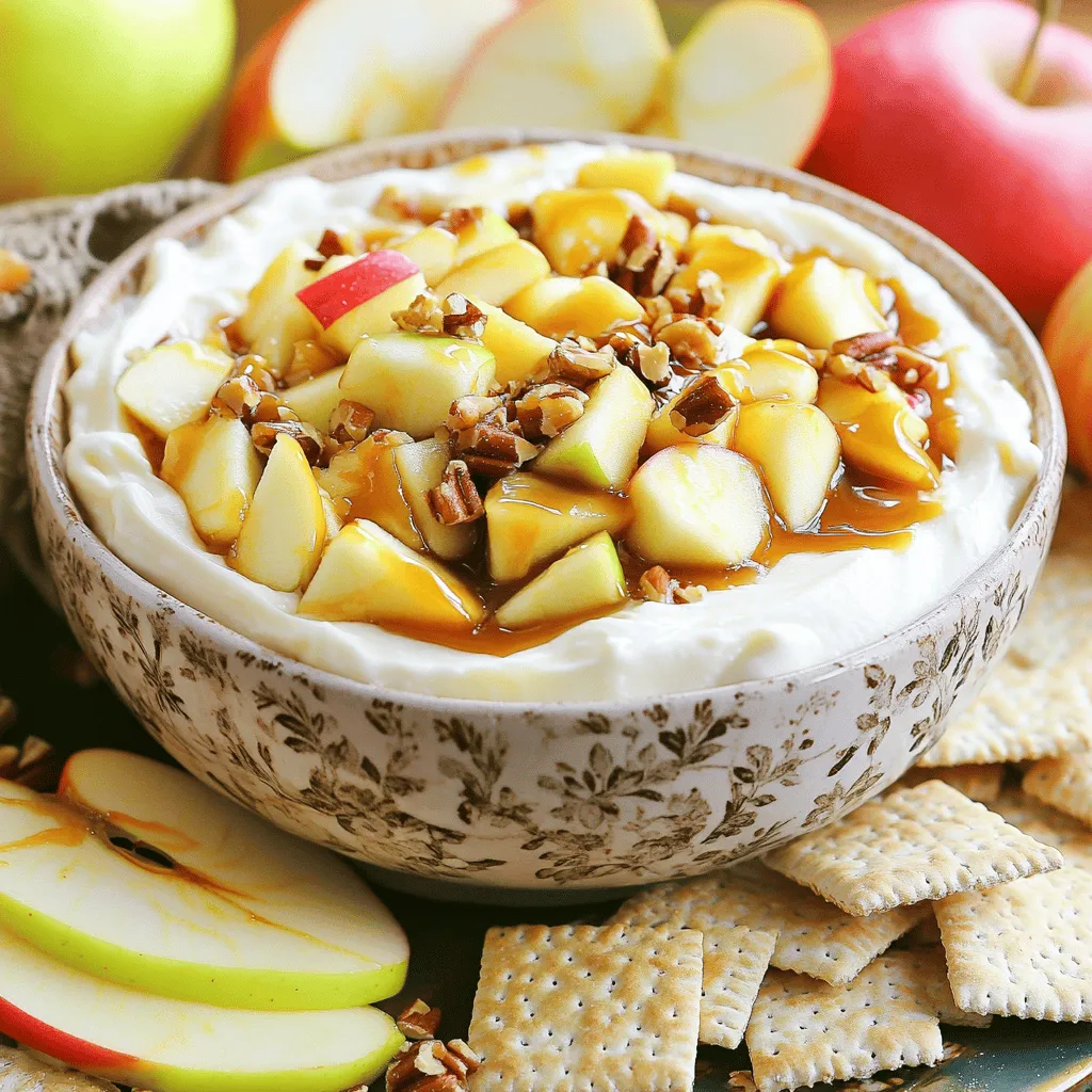 - 8 oz cream cheese, softened - 1/2 cup powdered sugar - 1/2 cup brown sugar - 1 teaspoon vanilla extract - 1 cup Greek yogurt - 1 large apple, diced (preferably a tart variety like Granny Smith) - 1/2 cup caramel sauce (store-bought or homemade) - 1/4 cup chopped nuts (such as pecans or walnuts, optional) - Sliced apples and graham crackers for dipping To make this No-Bake Caramel Apple Cheesecake Dip, you need some key ingredients. Start with cream cheese. It gives the dip a rich and creamy texture. Make sure it's softened before you begin. Next, you will use both powdered sugar and brown sugar. They add sweetness and depth to the dip. A touch of vanilla extract brightens the flavors. Greek yogurt is your secret weapon here. It adds creaminess and a bit of tang. Use a large apple, like Granny Smith, for a nice tartness that balances the sweet caramel. The caramel sauce is crucial. You can buy it or make your own if you prefer. The optional nuts add a nice crunch. Pecans or walnuts work well. Finally, get some sliced apples and graham crackers for dipping. They are perfect for scooping up that delicious dip! 1. Mixing the cream cheese and sugars Start by placing 8 oz of softened cream cheese in a large bowl. Add 1/2 cup of powdered sugar and 1/2 cup of brown sugar. Beat the mixture until it is smooth and creamy. This step is key to getting a rich base for your dip. 2. Incorporating Greek yogurt Next, add 1 cup of Greek yogurt to the bowl. Gently fold it into the mixture. This will add creaminess and a slight tang to the dip, balancing the sweetness from the sugars. 3. Adding apples and caramel Now, take 1 large diced apple, preferably a tart variety like Granny Smith, and stir in half of the diced apple. Then, pour in half of the 1/2 cup of caramel sauce. Mix until everything is combined but be careful not to overmix. 1. Transferring to a serving dish Use a spatula to transfer the dip into a serving dish. Create a slight well in the center. This will be perfect for holding extra caramel. 2. Topping with caramel and nuts Pour the remaining caramel sauce into the well you made. Top with the rest of the diced apples. If you like, sprinkle 1/4 cup of chopped nuts on top for some crunch. 3. Dipping options Serve this dip with sliced apples and graham crackers. These snacks will add great flavor and texture. You can also try using pretzels for a salty touch! - Achieving the right consistency To get the perfect dip, beat the cream cheese well. It should be smooth and creamy. Mixing in the sugars helps make it even softer. Greek yogurt adds a nice tang and creaminess too. - Selecting the best apple varieties For this dip, choose tart apples like Granny Smith. Their crispness and flavor balance the sweet dip well. Other good choices are Honeycrisp or Fuji, but tart apples shine best here. - Perfecting the caramel drizzle Use a thick, rich caramel sauce for the best look and taste. If you want to make it at home, cook sugar until it melts and turns golden. Be careful not to burn it! - Presentation ideas Serve the dip in a pretty bowl. Pour some caramel in the middle and sprinkle diced apples on top. A few chopped nuts add texture and color. - Pairing suggestions for gatherings Offer sliced apples and graham crackers for dipping. You can also add pretzels or cookies for variety. This dip is a hit at parties and gatherings! {{image_2}} You can easily change the taste of your caramel apple cheesecake dip. Here are some fun ideas: - Adding different fruit options: Try mixing in diced pears or fresh berries. These fruits add a nice twist and complement the creamy dip. You can even experiment with diced peaches for a summer vibe. - Using various nut toppings: If you like crunch, add nuts like almonds or hazelnuts. They add texture and flavor. Just chop them up and sprinkle them on top for a tasty finish. - Infusing with spices: Adding spices can boost the flavor. A sprinkle of cinnamon or nutmeg brings warmth to the dip. Just a pinch goes a long way. Mix it in with the cream cheese for a delicious surprise. You can make this dip fit different diets easily. - Gluten-free options: Use gluten-free graham crackers or fresh fruit for dipping. This way, everyone can enjoy the dip without worry. - Vegan substitutes for cream cheese: Swap cream cheese with vegan cream cheese. Use maple syrup instead of powdered sugar for sweetness. This keeps the dip creamy and delicious while being plant-based. To keep your No-Bake Caramel Apple Cheesecake Dip fresh, store it in an airtight container. Make sure the lid seals tightly to prevent air from getting in. This will help maintain its creamy texture. Always place it in the refrigerator right after serving. The dip lasts well in the fridge for about three days. However, the apples may brown slightly over time. To slow this, you can toss the diced apples in lemon juice before adding them to the dip. This dip is best served cold, so reheating is not necessary. If you want it a bit softer, let it sit at room temperature for about 10 minutes before serving. This will help bring back its creamy texture without changing the taste. Can I make this dip ahead of time? Yes, you can make this dip ahead of time. I suggest you prepare it a few hours before you plan to serve. This gives the flavors time to mix. Just cover it well and keep it in the fridge. When ready to serve, add the caramel and nuts for a fresh look. What can I use for dipping besides apples? You can use many tasty options for dipping. Sliced pears or bananas work well. Graham crackers are a great choice, too. Pretzels add a fun crunch and salty taste. You can even use cookies for a sweet twist. How do I make homemade caramel sauce for this recipe? Making homemade caramel sauce is simple. You will need sugar, butter, and cream. Start by heating sugar in a pan until it melts. Stir in butter until it melts, then add cream. Cook until smooth. Let it cool before using it in the dip. This adds a personal touch! This blog covered all you need for a tasty apple dip. We discussed key ingredients like cream cheese and caramel sauce. I shared steps to mix and serve. Tips helped you choose apples and serve well. You learned variations for flavors and dietary needs. Storing and reheating were also outlined. Now, you’re ready to wow your friends with this dip. Enjoy creating and sharing your delicious treat!