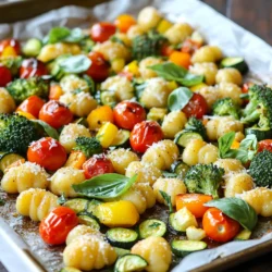 - 1 pound potato gnocchi - 1 cup cherry tomatoes, halved - 1 zucchini, diced - 1 bell pepper, chopped - 1 cup broccoli florets - 4 cloves garlic, minced - 1/4 cup olive oil - 1/2 cup grated Parmesan cheese - 1 teaspoon Italian seasoning - Salt and pepper to taste - Fresh basil leaves for garnish The main ingredients for this dish are simple yet full of flavor. I love using potato gnocchi because it has a soft texture that pairs nicely with roasted veggies. Cherry tomatoes add sweetness, while zucchini, bell pepper, and broccoli bring color and crunch. For seasoning, garlic is a must. It gives a strong, rich taste. Olive oil helps everything roast nicely and adds a smooth finish. Parmesan cheese adds a salty kick, while Italian seasoning rounds out the flavors. A little salt and pepper is key to making everything pop. Fresh basil leaves provide a lovely touch when you serve the dish. Feel free to mix and match veggies based on what you have at home. The key is to keep the balance of flavors and textures. First, preheat your oven to 425°F (220°C). This step is key for perfect roasting. Next, prepare a large sheet pan by lining it with parchment paper. This makes cleanup quick and easy. In a large bowl, combine the gnocchi and your choice of veggies: cherry tomatoes, zucchini, bell pepper, and broccoli. These colorful veggies add great taste and nutrition. Drizzle 1/4 cup of olive oil over the mix. Add minced garlic, Italian seasoning, salt, and pepper. Toss everything well, ensuring each piece gets coated with oil and flavor. Spread the mixture in a single layer on your prepared sheet pan. This helps everything roast evenly. Place the pan in the oven and roast for 20-25 minutes. Make sure to stir halfway through. This ensures all the gnocchi and veggies cook perfectly. You’ll know it’s ready when the veggies are tender and the gnocchi has a nice golden color. Once roasted, take the pan out of the oven. Immediately sprinkle 1/2 cup of grated Parmesan cheese over the hot gnocchi and veggies. Return the pan to the oven for an extra 3-5 minutes. You want the cheese melted and bubbly. Finally, take the pan out one last time and garnish with fresh basil leaves before serving. Enjoy your delicious meal! To ensure even roasting, spread the gnocchi and veggies in a single layer. This helps the heat reach all parts, so everything cooks nicely. Stir halfway through cooking to promote even browning. Adjust seasoning to taste. After mixing your ingredients, taste a piece of the gnocchi or veggie. If it needs more flavor, sprinkle in a bit more salt or Italian seasoning. You want every bite to burst with flavor. For presentation, you can serve directly from the sheet pan. It gives a rustic feel that encourages sharing. If you want a fancier look, transfer the mixture to a large platter. Add extra cheese and fresh herbs for color. Pair this dish with sides like crusty bread. The bread is perfect for soaking up the tasty juices. You can also serve a simple green salad alongside for some freshness. {{image_2}} You can swap the veggies in this dish to fit your taste. Asparagus works great here. Just cut it into bite-sized pieces. Spinach adds a nice touch too. Toss it in during the last few minutes of cooking. Other options include carrots, green beans, or cauliflower. Feel free to mix and match your favorites! If you want a different cheese, try mozzarella for a milder flavor. Feta cheese adds a nice salty kick. You can even use goat cheese for a creamier texture. Each cheese brings its own taste to the dish. Experiment and find what you love best! To make this dish vegan-friendly, skip the cheese. Use nutritional yeast for a cheesy flavor without dairy. For gluten-free options, look for gluten-free gnocchi. Many brands offer this. Be sure to check the label to make sure it fits your needs. Enjoy customizing this recipe to suit your diet! You can store your Sheet Pan Garlic Parmesan Gnocchi Veggies in the fridge for up to three days. To keep it fresh, place it in an airtight container. When ready to enjoy, reheat in the oven at 350°F (175°C) for about 10 minutes. This helps keep the gnocchi and veggies crispy. If you're in a hurry, you can use the microwave. Heat in short bursts of 1 minute, stirring in between. If you want to save leftovers, freezing is a great option. Allow the dish to cool completely before freezing. Transfer it to a freezer-safe container or a heavy-duty freezer bag. It can last up to three months in the freezer. When you're ready to eat, thaw it in the fridge overnight. To reheat, place it back in the oven at 350°F (175°C) for about 20 minutes. This will help retain the flavor and texture. Enjoy your delicious meal anytime! Yes, you can use store-bought gnocchi. It saves time and effort. Look for quality brands in the pasta aisle. Choose potato gnocchi for the best taste. Fresh or frozen options work well too. The veggies are done when they are tender and slightly browned. You should see some caramelization. The gnocchi will also turn golden brown. Stir halfway through roasting for even cooking. You can add fresh herbs like thyme or rosemary. A splash of lemon juice boosts flavor too. Consider adding crushed red pepper for some heat. Nutritional yeast gives a cheesy taste, if you want a vegan option. Yes, you can prep this meal ahead of time. Chop the veggies and gnocchi in advance. Store them in the fridge until you are ready to cook. You can also roast everything and store leftovers. Just reheat before serving. This blog post covered a simple and tasty roasted gnocchi dish. We explored key ingredients like potato gnocchi, vibrant veggies, and flavorful seasonings. I shared easy steps for prep and roasting, plus tips for serving and storing. Experiment with variations and make it your own. The best meals start with fresh ideas. Enjoy creating your delicious dinner!