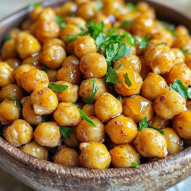 - 1 can (15 oz) chickpeas, drained and rinsed - 2 tablespoons olive oil - 2 tablespoons maple syrup - 1 teaspoon smoked paprika - 1 teaspoon cayenne pepper (adjust to taste) - 1 teaspoon garlic powder - 1/2 teaspoon salt - 1/2 teaspoon black pepper - Fresh parsley, chopped (for garnish) Precise measurements are key for great results. They help balance flavors and textures. When you measure correctly, you get the best taste. I suggest using a set of measuring spoons and cups. A kitchen scale can also help for accuracy. Fresh parsley adds a nice touch. It brings color and freshness. You can also try extra toppings like a sprinkle of chili flakes or a drizzle of more maple syrup. These additions can make your snack even more appealing. First, set your oven to 400°F (200°C). This hot temperature helps the chickpeas get crispy. Next, line a baking sheet with parchment paper. This paper makes for easy cleanup later. You won't have to scrub the pan. Now grab your can of chickpeas. Drain and rinse them well under cold water. Then, spread them on a clean kitchen towel. Pat them dry to remove excess moisture. This step is key because dry chickpeas become crispier when cooked. In a large mixing bowl, combine the olive oil, maple syrup, smoked paprika, cayenne pepper, garlic powder, salt, and black pepper. Whisk until the mix is smooth. Then, add the dried chickpeas to the bowl. Toss them well to coat each chickpea in the tasty mixture. Spread the coated chickpeas evenly on your prepared baking sheet. Make sure they are in a single layer. This helps them roast evenly. Place the baking sheet in the oven for 25-30 minutes. Stir halfway through to help them cook well. Keep an eye on them as they cook. You want them to turn golden brown and crispy. When they look perfect, take them out of the oven. Let them cool for a bit before serving. To get your chickpeas crispy, start by drying them well. After draining and rinsing, spread them on a clean towel. Pat them dry gently. This step is key. The less moisture, the crispier they get. Each oven is different. You might need to adjust cooking times. Keep an eye on them. Stir halfway through cooking for even browning. Want to spice things up? Adjust the cayenne pepper to match your taste. Start with less if you prefer mild heat. You can also mix in other spices. Consider adding cumin or chili powder for depth. Fresh herbs can enhance the flavor too. Try tossing in some dried oregano or thyme. This personal touch makes each batch unique. Get creative when serving. These chickpeas shine on their own. Serve them in a rustic bowl, garnished with fresh parsley. Drizzle extra maple syrup on top for a sweet finish. They also make a great salad topping. Pair them with greens, avocado, or roasted veggies. You can even add them to wraps for crunch. Enjoy the versatility! {{image_2}} You can change the flavor of your spicy maple roasted chickpeas in fun ways. - Sweet Variations: Add a sprinkle of cinnamon. This gives a warm, sweet taste. Try using a bit of vanilla extract too. It pairs well with maple syrup. - Savory Twists: Experiment with spices like cumin or chili powder. These spices add depth and extra heat. You can also try adding herbs like thyme or rosemary for a fresh taste. This recipe works for various diets. - Vegan and Gluten-Free Considerations: Chickpeas are naturally vegan and gluten-free. This snack fits right in with plant-based diets. Just check the maple syrup to ensure it’s pure. - Modifications for Allergies: If you're allergic to nuts, rest easy. This recipe does not use nuts. If you need to avoid olive oil, try avocado oil. It works well, too. Get creative with how you serve these tasty chickpeas. - Incorporating into Salads and Bowls: Toss them into your salad for added crunch. They bring protein and flavor. You can also sprinkle them on grain bowls for extra texture. - Creative Snack Presentations: Serve them in a rustic bowl. Add fresh parsley and a drizzle of maple syrup. This makes a lovely snack for guests or family. Enjoy them as a healthy treat anytime! To keep your Spicy Maple Roasted Chickpeas fresh, use an airtight container. Glass or plastic containers work well. Store them at room temperature for up to three days. For longer storage, keep them in the fridge for up to a week. When reheating, aim to keep them crispy. The best way is to use an oven. Preheat your oven to 350°F (175°C). Spread the chickpeas on a baking sheet and heat for about 10 minutes. This method avoids sogginess and keeps them crunchy. Yes, you can freeze roasted chickpeas! To freeze, let them cool completely. Then, place them in a freezer-safe bag. Remove as much air as possible before sealing. They can stay fresh for up to three months. When ready to eat, thaw in the fridge and reheat in the oven for the best texture. Yes, you can use dried chickpeas! However, you need to soak and cook them first. Start by soaking one cup of dried chickpeas in water overnight. This softens them. Then, cook them in boiling water for about 1 to 1.5 hours until tender. After that, drain and rinse them. Follow the same process in the recipe, ensuring they are dry before coating them. This way, you still get that crunchy texture! If you want heat without cayenne, try using different spices. Here are some options: - Red pepper flakes: Great for a burst of heat. - Chili powder: Adds depth and flavor. - Hot sauce: Mix into the oil for a spicy kick. - Sriracha: Drizzle it on before serving for a zesty touch. These alternatives give you the spice you crave without cayenne! Chickpeas are a powerhouse of nutrition. Here are some key benefits: - High in protein: Great for muscle health and keeping you full. - Rich in fiber: Supports digestion and helps maintain a healthy gut. - Good source of vitamins: Packed with vitamins A, B, and C. - Low in fat: A healthy option for snacks. Chickpeas are not just tasty; they also provide great health benefits! You learned how to make crispy roasted chickpeas. We covered the right ingredients, precise measurements, and step-by-step baking techniques. Remember to tweak flavors to fit your taste, and try different serving ideas. These chickpeas are great as snacks or meal additions. Finally, store leftovers properly to keep them fresh. Enjoy exploring all the variations and tips we discussed!
