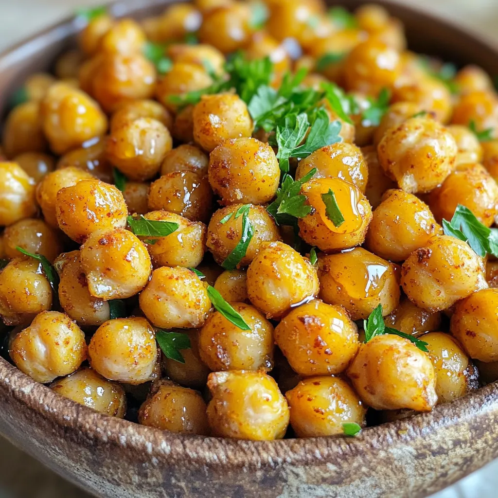 - 1 can (15 oz) chickpeas, drained and rinsed - 2 tablespoons olive oil - 2 tablespoons maple syrup - 1 teaspoon smoked paprika - 1 teaspoon cayenne pepper (adjust to taste) - 1 teaspoon garlic powder - 1/2 teaspoon salt - 1/2 teaspoon black pepper - Fresh parsley, chopped (for garnish) Precise measurements are key for great results. They help balance flavors and textures. When you measure correctly, you get the best taste. I suggest using a set of measuring spoons and cups. A kitchen scale can also help for accuracy. Fresh parsley adds a nice touch. It brings color and freshness. You can also try extra toppings like a sprinkle of chili flakes or a drizzle of more maple syrup. These additions can make your snack even more appealing. First, set your oven to 400°F (200°C). This hot temperature helps the chickpeas get crispy. Next, line a baking sheet with parchment paper. This paper makes for easy cleanup later. You won't have to scrub the pan. Now grab your can of chickpeas. Drain and rinse them well under cold water. Then, spread them on a clean kitchen towel. Pat them dry to remove excess moisture. This step is key because dry chickpeas become crispier when cooked. In a large mixing bowl, combine the olive oil, maple syrup, smoked paprika, cayenne pepper, garlic powder, salt, and black pepper. Whisk until the mix is smooth. Then, add the dried chickpeas to the bowl. Toss them well to coat each chickpea in the tasty mixture. Spread the coated chickpeas evenly on your prepared baking sheet. Make sure they are in a single layer. This helps them roast evenly. Place the baking sheet in the oven for 25-30 minutes. Stir halfway through to help them cook well. Keep an eye on them as they cook. You want them to turn golden brown and crispy. When they look perfect, take them out of the oven. Let them cool for a bit before serving. To get your chickpeas crispy, start by drying them well. After draining and rinsing, spread them on a clean towel. Pat them dry gently. This step is key. The less moisture, the crispier they get. Each oven is different. You might need to adjust cooking times. Keep an eye on them. Stir halfway through cooking for even browning. Want to spice things up? Adjust the cayenne pepper to match your taste. Start with less if you prefer mild heat. You can also mix in other spices. Consider adding cumin or chili powder for depth. Fresh herbs can enhance the flavor too. Try tossing in some dried oregano or thyme. This personal touch makes each batch unique. Get creative when serving. These chickpeas shine on their own. Serve them in a rustic bowl, garnished with fresh parsley. Drizzle extra maple syrup on top for a sweet finish. They also make a great salad topping. Pair them with greens, avocado, or roasted veggies. You can even add them to wraps for crunch. Enjoy the versatility! {{image_2}} You can change the flavor of your spicy maple roasted chickpeas in fun ways. - Sweet Variations: Add a sprinkle of cinnamon. This gives a warm, sweet taste. Try using a bit of vanilla extract too. It pairs well with maple syrup. - Savory Twists: Experiment with spices like cumin or chili powder. These spices add depth and extra heat. You can also try adding herbs like thyme or rosemary for a fresh taste. This recipe works for various diets. - Vegan and Gluten-Free Considerations: Chickpeas are naturally vegan and gluten-free. This snack fits right in with plant-based diets. Just check the maple syrup to ensure it’s pure. - Modifications for Allergies: If you're allergic to nuts, rest easy. This recipe does not use nuts. If you need to avoid olive oil, try avocado oil. It works well, too. Get creative with how you serve these tasty chickpeas. - Incorporating into Salads and Bowls: Toss them into your salad for added crunch. They bring protein and flavor. You can also sprinkle them on grain bowls for extra texture. - Creative Snack Presentations: Serve them in a rustic bowl. Add fresh parsley and a drizzle of maple syrup. This makes a lovely snack for guests or family. Enjoy them as a healthy treat anytime! To keep your Spicy Maple Roasted Chickpeas fresh, use an airtight container. Glass or plastic containers work well. Store them at room temperature for up to three days. For longer storage, keep them in the fridge for up to a week. When reheating, aim to keep them crispy. The best way is to use an oven. Preheat your oven to 350°F (175°C). Spread the chickpeas on a baking sheet and heat for about 10 minutes. This method avoids sogginess and keeps them crunchy. Yes, you can freeze roasted chickpeas! To freeze, let them cool completely. Then, place them in a freezer-safe bag. Remove as much air as possible before sealing. They can stay fresh for up to three months. When ready to eat, thaw in the fridge and reheat in the oven for the best texture. Yes, you can use dried chickpeas! However, you need to soak and cook them first. Start by soaking one cup of dried chickpeas in water overnight. This softens them. Then, cook them in boiling water for about 1 to 1.5 hours until tender. After that, drain and rinse them. Follow the same process in the recipe, ensuring they are dry before coating them. This way, you still get that crunchy texture! If you want heat without cayenne, try using different spices. Here are some options: - Red pepper flakes: Great for a burst of heat. - Chili powder: Adds depth and flavor. - Hot sauce: Mix into the oil for a spicy kick. - Sriracha: Drizzle it on before serving for a zesty touch. These alternatives give you the spice you crave without cayenne! Chickpeas are a powerhouse of nutrition. Here are some key benefits: - High in protein: Great for muscle health and keeping you full. - Rich in fiber: Supports digestion and helps maintain a healthy gut. - Good source of vitamins: Packed with vitamins A, B, and C. - Low in fat: A healthy option for snacks. Chickpeas are not just tasty; they also provide great health benefits! You learned how to make crispy roasted chickpeas. We covered the right ingredients, precise measurements, and step-by-step baking techniques. Remember to tweak flavors to fit your taste, and try different serving ideas. These chickpeas are great as snacks or meal additions. Finally, store leftovers properly to keep them fresh. Enjoy exploring all the variations and tips we discussed!