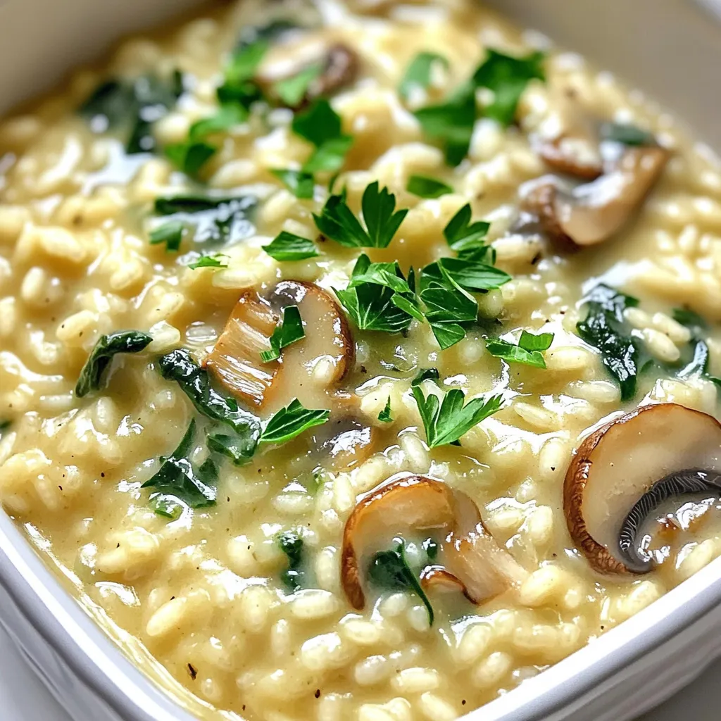 Here’s what you need to make One-Pot Creamy Roasted Garlic Risotto. Gather these simple ingredients: - 1 head of garlic - 2 tablespoons olive oil - 1 cup Arborio rice - 4 cups vegetable broth - 1 small onion, finely chopped - 1 cup mushrooms, sliced - 1 cup spinach, chopped - 1/2 cup grated Parmesan cheese - Salt and pepper to taste - Fresh parsley for garnish Each ingredient plays a key role. The garlic brings a rich, sweet flavor after roasting. Olive oil adds a nice base and helps with cooking. Arborio rice is special for risotto. It helps create that creamy texture we all love. The vegetable broth gives depth to the dish. The onion and mushrooms add earthy notes and enhance the overall taste. Spinach adds color and nutrition. Finally, Parmesan cheese ties everything together with its creamy, salty goodness. Feel free to customize your ingredients based on what you have. Cooking should be fun and flexible! - Preheat the oven to 400°F (200°C). - Slice the top off the head of garlic to expose the cloves. - Drizzle with 1 tablespoon of olive oil. - Wrap the garlic in foil and roast for about 30 minutes until soft. Roasting garlic makes it sweet and buttery. This step fills your risotto with rich flavor. You can mash the roasted garlic easily after it cools. - In a large pot, heat the remaining olive oil over medium heat. - Add the finely chopped onion and sauté until translucent, about 5 minutes. - Stir in the sliced mushrooms and cook until they become tender, about 5 minutes. - Add 1 cup of Arborio rice to the pot and stir for about 2–3 minutes until it’s coated. Sautéing the onion and mushrooms first builds flavor. The rice should feel warm and slightly toasted. This step is key to making creamy risotto. - Gradually add 4 cups of vegetable broth, one cup at a time. Stir continuously. - Allow the liquid to absorb completely before adding the next cup. - While the rice cooks, squeeze the roasted garlic into a small bowl and mash it with a fork. - After about 18-20 minutes, when the rice is creamy and al dente, stir in the mashed garlic, chopped spinach, and ½ cup of grated Parmesan cheese. - Season with salt and pepper to taste. Adding broth slowly helps the rice absorb flavors and become creamy. The roasted garlic and cheese enhance the dish's richness. Let it rest for a few minutes to thicken before serving. To get that creamy texture, you must add the broth slowly. When you pour in a cup of broth, stir the rice until it absorbs the liquid before adding more. This method helps the rice release its starch, giving you a rich and smooth risotto. Letting the risotto sit for a few minutes before serving is key. This resting time allows it to thicken nicely. Your dish will be even creamier and easier to serve. You can adjust the seasoning to your taste. If you want a bolder flavor, add more salt or pepper during cooking. A squeeze of lemon juice at the end brightens the dish nicely. If you prefer different cheese, try substituting the Parmesan. Pecorino Romano or a creamy goat cheese work well. Each choice brings a unique taste and texture to your risotto. {{image_2}} You can easily add protein to your risotto. Chicken and shrimp work great. Cook them first, then mix them in. This adds flavor and makes it heartier. If you're vegetarian, try chickpeas or tofu. Both options add protein and texture. Just make sure to cook them thoroughly before adding to the risotto. You can switch up the veggies in this dish. Try zucchini, peas, or bell peppers. Each adds unique flavors and colors. Keep in mind that cooking times may change. For example, add bell peppers earlier to soften them. If using peas, add them near the end to keep their bright color and crisp bite. Adjust your cooking times for the best results. How do I store leftover risotto? To store leftover risotto, let it cool first. Place it in an airtight container. Make sure to cover it tightly. Store it in the fridge. It will last for 3 to 4 days. What are the best practices for reheating? Reheating risotto is easy. Add a splash of broth or water to a pot. Heat it on medium-low. Stir often until it warms up. This keeps the risotto creamy. You can also use the microwave. Just cover it and add a little liquid. Can you freeze risotto? Yes, you can freeze risotto. However, it is best to freeze it right after cooking. This way, it stays fresh and tasty. What are the guidelines for freezing and thawing? To freeze, let the risotto cool completely. Then, portion it into freezer bags. Press out the air and seal. When you’re ready to eat, thaw it overnight in the fridge. Reheat it on the stove, adding liquid as needed. This helps restore its creamy texture. Yes, you can make risotto without wine. Many great risottos skip wine. You can replace it with more broth or even a splash of lemon juice. This keeps the flavor bright and fresh. Risotto is done when the rice is creamy and tender, yet slightly firm. This texture is called al dente. You can taste it to check. The cooking time is usually around 18 to 20 minutes. The best rice for risotto is Arborio rice. It has a high starch content. This starch makes the risotto creamy. Other good options include Carnaroli and Vialone Nano. These rice types also work well for risotto. Yes, you can use canned or boxed broth. Just make sure it is low-sodium. This helps control the saltiness of your risotto. Always taste and adjust the seasoning as needed. To make risotto creamy without cheese, add more broth and stir well. You can also use pureed vegetables, like cauliflower, for creaminess. A dollop of nut butter or a splash of coconut milk can add richness too. This blog post showed you how to make a tasty risotto, step by step. You learned about the key ingredients, like garlic, mushrooms, and Parmesan cheese. I shared tips for creaminess and flavor that can make your dish shine. You also saw how to store and reheat leftovers for later enjoyment. In the end, risotto is a versatile meal. You can change flavors and add proteins or veggies to fit your taste. Enjoy experimenting with your own creations!