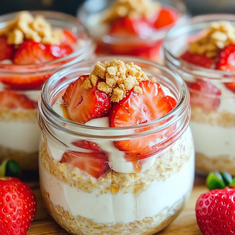 - 1 cup rolled oats - 1 cup unsweetened almond milk (or milk of choice) - 1/2 cup Greek yogurt (plain or strawberry flavored) - 2 tablespoons cream cheese, softened - 2 tablespoons maple syrup (or honey) - 1 teaspoon vanilla extract - 1/2 cup fresh strawberries, sliced - 1 tablespoon chia seeds (optional) - Crushed graham crackers for topping I love using simple yet delicious ingredients for my strawberry cheesecake overnight oats. The rolled oats give a great base. They soak up the almond milk, making them soft. Use any milk you prefer. I often go for almond milk, but cow's milk works too. The Greek yogurt adds creaminess. It gives a nice tang that reminds me of cheesecake. You can use plain or strawberry-flavored yogurt. Both taste great in this recipe. Next, we have cream cheese. It really makes this dish feel like cheesecake. Make sure it's softened so it mixes well. Maple syrup or honey adds sweetness. I prefer maple syrup for its rich flavor. Don’t forget a touch of vanilla extract for warmth. For toppings, fresh strawberries are a must. They brighten the dish and add freshness. If you want a fun twist, add chia seeds. They give a nice crunch and boost nutrition. Lastly, crushed graham crackers make a great topping. They add that classic cheesecake crust feel. These ingredients come together beautifully. They create a quick breakfast or snack that’s tasty and satisfying. In a mixing bowl, combine the following ingredients: - 1 cup rolled oats - 1 cup unsweetened almond milk (or milk of choice) - 1/2 cup Greek yogurt (plain or strawberry flavored) - 2 tablespoons cream cheese, softened - 2 tablespoons maple syrup (or honey) - 1 teaspoon vanilla extract Stir well until all ingredients mix together. Make sure there are no lumps of cream cheese left. It should look smooth and creamy. If you want more texture, mix in 1 tablespoon of chia seeds. Chia seeds add a nice crunch and boost the nutrition. They also help make the oats thicker as they soak. Now, gently fold in 1/2 cup of sliced strawberries. Be careful not to mash them. We want the strawberries to stay whole for great bites. After folding, divide the mixture into two serving jars or bowls. Seal the jars tightly with lids or cover with plastic wrap. Place them in the refrigerator overnight. This lets the oats soak up the flavors. In the morning, stir the oats to combine any layers that may have separated. If you want, adjust the sweetness with more syrup. Before serving, sprinkle some crushed graham crackers on top. This adds a nice crunch that feels like cheesecake crust. Add extra fresh strawberries for a pretty finish. To get the best texture, mix well. Make sure there are no lumps of cream cheese. If the mixture seems too thick, add more almond milk. This will help achieve the creaminess you want. Serve your oats in glass jars. This lets everyone see the beautiful layers. Top with extra strawberries and a spoonful of Greek yogurt. It makes the dish look even more appealing. Before you serve, taste your oats. If they are too tart, add more maple syrup. A little sweetness can make a big difference in flavor. This way, everyone will enjoy their breakfast! {{image_2}} You can change the flavors in your overnight oats. Using flavored Greek yogurt is a great way to start. Try vanilla or blueberry yogurt for a twist. This small change adds a new taste without much effort. You can also mix in some cocoa powder for a chocolate version. The options are endless! Want to make your oats healthier? Swap cream cheese for a dairy-free option like cashew cheese. You can also use lower-calorie sweeteners instead of maple syrup. This helps cut sugar while keeping the taste. If you want a creamier texture, use coconut yogurt. These changes keep the dish tasty and fit your needs. Feel free to change up the fruit based on the season. In summer, try using blueberries or raspberries. In fall, add sliced apples or pears. This keeps your breakfast fresh and exciting. You can even add spices like cinnamon for extra flavor. Enjoying seasonal fruits makes your meal more vibrant and fun! You can store your strawberry cheesecake overnight oats in the refrigerator for up to 3 days. This makes them perfect for meal prep. Just seal the jars tightly to keep them fresh. You want to avoid any air getting in. Freezing overnight oats is possible, but it may change the texture. When you thaw them, they can become a bit mushy. If you want a smooth bite, I suggest only refrigerating them. Enjoy them fresh for the best taste and feel. Make a batch of these oats to last throughout the week. This way, you can have quick breakfasts ready at any time. Simply divide the mixture into jars. Each morning, grab a jar and enjoy a tasty meal on the go. You can use quick oats, but the texture will change. Quick oats are finer and absorb liquid faster. This means they will turn soft more quickly than rolled oats. If you use quick oats, cut the soaking time to about 2-3 hours. They might not give you that classic oat chewiness you want for overnight oats. You can store your overnight oats for up to 3 days in the fridge. Look out for signs of spoilage. If you see any mold or a strange smell, it's best to toss it. As the days go by, the oats may become mushy, so try to eat them fresh for the best taste. Yes, you can make this recipe vegan easily! Substitute the Greek yogurt with dairy-free yogurt. Use vegan cream cheese instead of regular cream cheese. For sweetening, maple syrup is a great choice. You can also swap almond milk for any plant-based milk you like. This way, you still get a creamy, tasty dish without any animal products! You learned how to make delicious overnight oats with simple steps and tasty ingredients. Use rolled oats, almond milk, and Greek yogurt as your base. Add cream cheese, maple syrup, and fresh strawberries for flavor. With some tips, you can customize your oats to fit your taste and dietary needs. This recipe is easy to prepare in advance, making breakfast quick and fun. Enjoy making variations and experiment with toppings. Soon, you’ll have a healthy, tasty breakfast ready for any day!